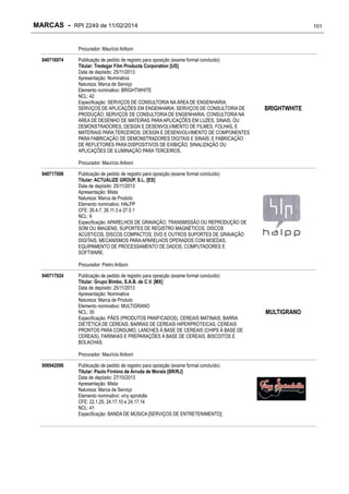 MARCAS - RPI 2249 de 11/02/2014

101

Procurador: Maurício Ariboni
840716974

Publicação de pedido de registro para oposição (exame formal concluído)
Titular: Tredegar Film Products Corporation [US]
Data de depósito: 25/11/2013
Apresentação: Nominativa
Natureza: Marca de Serviço
Elemento nominativo: BRIGHTWHITE
NCL: 42
Especificação: SERVIÇOS DE CONSULTORIA NA ÁREA DE ENGENHARIA;
SERVIÇOS DE APLICAÇÕES EM ENGENHARIA; SERVIÇOS DE CONSULTORIA DE
PRODUÇÃO; SERVIÇOS DE CONSULTORIA DE ENGENHARIA; CONSULTORIA NA
ÁREA DE DESENHO DE MATEIRAS PARA APLICAÇÕES EM LUZES, SINAIS, OU
DEMONSTRADORES, DESIGN E DESENVOLVIMENTO DE FILMES, FOLHAS, E
MATERIAIS PARA TERCEIROS; DESIGN E DESENVOLVIMENTO DE COMPONENTES
PARA FABRICAÇÃO DE DEMONSTRADORES DIGITAIS E SINAIS; E FABRICAÇÃO
DE REFLETORES PARA DISPOSITIVOS DE EXIBIÇÃO, SINALIZAÇÃO OU
APLICAÇÕES DE ILUMINAÇÃO PARA TERCEIROS.

BRIGHTWHITE

Procurador: Maurício Ariboni
840717008

Publicação de pedido de registro para oposição (exame formal concluído)
Titular: ACTUALIZE GROUP, S.L. [ES]
Data de depósito: 25/11/2013
Apresentação: Mista
Natureza: Marca de Produto
Elemento nominativo: HALPP
CFE: 26.4.7, 26.11.3 e 27.5.1
NCL: 9
Especificação: APARELHOS DE GRAVAÇÃO, TRANSMISSÃO OU REPRODUÇÃO DE
SOM OU IMAGENS, SUPORTES DE REGISTRO MAGNÉTICOS, DISCOS
ACÚSTICOS, DISCOS COMPACTOS, DVD E OUTROS SUPORTES DE GRAVAÇÃO
DIGITAIS, MECANISMOS PARA APARELHOS OPERADOS COM MOEDAS,
EQUIPAMENTO DE PROCESSAMENTO DE DADOS, COMPUTADORES E
SOFTWARE.
Procurador: Pietro Ariboni

840717024

Publicação de pedido de registro para oposição (exame formal concluído)
Titular: Grupo Bimbo, S.A.B. de C.V. [MX]
Data de depósito: 25/11/2013
Apresentação: Nominativa
Natureza: Marca de Produto
Elemento nominativo: MULTIGRANO
NCL: 30
Especificação: PÃES (PRODUTOS PANIFICADOS), CEREAIS MATINAIS, BARRA
DIETÉTICA DE CEREAIS, BARRAS DE CEREAIS HIPERPROTEICAS, CEREAIS
PRONTOS PARA CONSUMO, LANCHES À BASE DE CEREAIS (CHIPS À BASE DE
CEREAIS), FARINHAS E PREPARAÇÕES À BASE DE CEREAIS, BISCOITOS E
BOLACHAS.
Procurador: Maurício Ariboni

906942098

Publicação de pedido de registro para oposição (exame formal concluído)
Titular: Paulo Firmino de Arruda de Morais [BR/RJ]
Data de depósito: 27/10/2013
Apresentação: Mista
Natureza: Marca de Serviço
Elemento nominativo: viny spindolla
CFE: 22.1.25, 24.17.10 e 24.17.14
NCL: 41
Especificação: BANDA DE MÚSICA [SERVIÇOS DE ENTRETENIMENTO];

MULTIGRANO

 