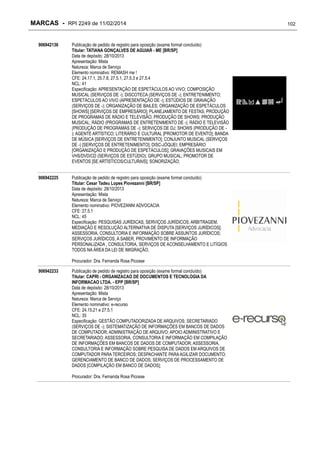 MARCAS - RPI 2249 de 11/02/2014
906942136

Publicação de pedido de registro para oposição (exame formal concluído)
Titular: TATIANA GONÇALVES DE AGUIAR - ME [BR/SP]
Data de depósito: 28/10/2013
Apresentação: Mista
Natureza: Marca de Serviço
Elemento nominativo: REMASH me !
CFE: 24.17.1, 25.7.8, 27.5.1, 27.5.3 e 27.5.4
NCL: 41
Especificação: APRESENTAÇÃO DE ESPETÁCULOS AO VIVO; COMPOSIÇÃO
MUSICAL (SERVIÇOS DE -); DISCOTECA (SERVIÇOS DE -); ENTRETENIMENTO;
ESPETÁCULOS AO VIVO (APRESENTAÇÃO DE -); ESTÚDIOS DE GRAVAÇÃO
(SERVIÇOS DE -); ORGANIZAÇÃO DE BAILES; ORGANIZAÇÃO DE ESPETÁCULOS
[SHOWS] [SERVIÇOS DE EMPRESÁRIO]; PLANEJAMENTO DE FESTAS; PRODUÇÃO
DE PROGRAMAS DE RÁDIO E TELEVISÃO; PRODUÇÃO DE SHOWS; PRODUÇÃO
MUSICAL; RÁDIO (PROGRAMAS DE ENTRETENIMENTO DE -); RÁDIO E TELEVISÃO
(PRODUÇÃO DE PROGRAMAS DE -); SERVIÇOS DE DJ; SHOWS (PRODUÇÃO DE ); AGENTE ARTÍSTICO; LITERÁRIO E CULTURAL [PROMOTOR DE EVENTO]; BANDA
DE MÚSICA [SERVIÇOS DE ENTRETENIMENTO]; CONJUNTO MUSICAL (SERVIÇOS
DE -) [SERVIÇOS DE ENTRETENIMENTO]; DISC-JÓQUEI; EMPRESÁRIO
[ORGANIZAÇÃO E PRODUÇÃO DE ESPETÁCULOS]; GRAVAÇÕES MUSICAIS EM
VHS/DVD/CD (SERVIÇOS DE ESTÚDIO); GRUPO MUSICAL; PROMOTOR DE
EVENTOS [SE ARTÍSTICOS/CULTURAIS]; SONORIZAÇÃO;

906942225

Publicação de pedido de registro para oposição (exame formal concluído)
Titular: Cesar Tadeu Lopes Piovezanni [BR/SP]
Data de depósito: 28/10/2013
Apresentação: Mista
Natureza: Marca de Serviço
Elemento nominativo: PIOVEZANNI ADVOCACIA
CFE: 27.5.1
NCL: 45
Especificação: PESQUISAS JURÍDICAS; SERVIÇOS JURÍDICOS; ARBITRAGEM,
MEDIAÇÃO E RESOLUÇÃO ALTERNATIVA DE DISPUTA [SERVIÇOS JURÍDICOS];
ASSESSORIA, CONSULTORIA E INFORMAÇÃO SOBRE ASSUNTOS JURÍDICOS;
SERVIÇOS JURÍDICOS, A SABER, PROVIMENTO DE INFORMAÇÃO
PERSONALIZADA , CONSULTORIA, SERVIÇOS DE ACONSELHAMENTO E LITÍGIOS
TODOS NA ÁREA DA LEI DE IMIGRAÇÃO;
Procurador: Dra. Fernanda Rosa Picosse

906942233

Publicação de pedido de registro para oposição (exame formal concluído)
Titular: CAPRI - ORGANIZACAO DE DOCUMENTOS E TECNOLOGIA DA
INFORMACAO LTDA. - EPP [BR/SP]
Data de depósito: 28/10/2013
Apresentação: Mista
Natureza: Marca de Serviço
Elemento nominativo: e-recurso
CFE: 24.15.21 e 27.5.1
NCL: 35
Especificação: GESTÃO COMPUTADORIZADA DE ARQUIVOS; SECRETARIADO
(SERVIÇOS DE -); SISTEMATIZAÇÃO DE INFORMAÇÕES EM BANCOS DE DADOS
DE COMPUTADOR; ADMINISTRAÇÃO DE ARQUIVO; APOIO ADMINISTRATIVO E
SECRETARIADO; ASSESSORIA, CONSULTORIA E INFORMAÇÃO EM COMPILAÇÃO
DE INFORMAÇÕES EM BANCOS DE DADOS DE COMPUTADOR; ASSESSORIA,
CONSULTORIA E INFORMAÇÃO SOBRE PESQUISA DE DADOS EM ARQUIVOS DE
COMPUTADOR PARA TERCEIROS; DESPACHANTE PARA AGILIZAR DOCUMENTO;
GERENCIAMENTO DE BANCO DE DADOS; SERVIÇOS DE PROCESSAMENTO DE
DADOS [COMPILAÇÃO EM BANCO DE DADOS];
Procurador: Dra. Fernanda Rosa Picosse

102

 