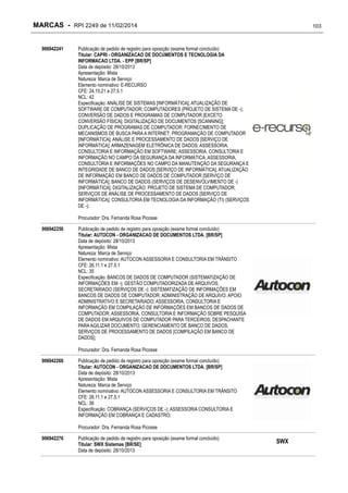 MARCAS - RPI 2249 de 11/02/2014
906942241

103

Publicação de pedido de registro para oposição (exame formal concluído)
Titular: CAPRI - ORGANIZACAO DE DOCUMENTOS E TECNOLOGIA DA
INFORMACAO LTDA. - EPP [BR/SP]
Data de depósito: 28/10/2013
Apresentação: Mista
Natureza: Marca de Serviço
Elemento nominativo: E-RECURSO
CFE: 24.15.21 e 27.5.1
NCL: 42
Especificação: ANÁLISE DE SISTEMAS [INFORMÁTICA]; ATUALIZAÇÃO DE
SOFTWARE DE COMPUTADOR; COMPUTADORES (PROJETO DE SISTEMA DE -);
CONVERSÃO DE DADOS E PROGRAMAS DE COMPUTADOR [EXCETO
CONVERSÃO FÍSICA]; DIGITALIZAÇÃO DE DOCUMENTOS [SCANNING];
DUPLICAÇÃO DE PROGRAMAS DE COMPUTADOR; FORNECIMENTO DE
MECANISMOS DE BUSCA PARA A INTERNET; PROGRAMAÇÃO DE COMPUTADOR
[INFORMÁTICA]; ANÁLISE E PROCESSAMENTO DE DADOS [SERVIÇO DE
INFORMÁTICA]; ARMAZENAGEM ELETRÔNICA DE DADOS; ASSESSORIA,
CONSULTORIA E INFORMAÇÃO EM SOFTWARE; ASSESSORIA, CONSULTORIA E
INFORMAÇÃO NO CAMPO DA SEGURANÇA DA INFORMÁTICA; ASSESSORIA,
CONSULTORIA E INFORMAÇÕES NO CAMPO DA MANUTENÇÃO DA SEGURANÇA E
INTEGRIDADE DE BANCO DE DADOS [SERVIÇO DE INFORMÁTICA]; ATUALIZAÇÃO
DE INFORMAÇÃO EM BANCO DE DADOS DE COMPUTADOR [SERVIÇO DE
INFORMÁTICA]; BANCO DE DADOS (SERVIÇOS DE DESENVOLVIMENTO DE -)
[INFORMÁTICA]; DIGITALIZAÇÃO; PROJETO DE SISTEMA DE COMPUTADOR;
SERVIÇOS DE ANÁLISE DE PROCESSAMENTO DE DADOS [SERVIÇO DE
INFORMÁTICA]; CONSULTORIA EM TECNOLOGIA DA INFORMAÇÃO (TI) (SERVIÇOS
DE -);
Procurador: Dra. Fernanda Rosa Picosse

906942250

Publicação de pedido de registro para oposição (exame formal concluído)
Titular: AUTOCON - ORGANIZACAO DE DOCUMENTOS LTDA. [BR/SP]
Data de depósito: 28/10/2013
Apresentação: Mista
Natureza: Marca de Serviço
Elemento nominativo: AUTOCON ASSESSORIA E CONSULTORIA EM TRÂNSITO
CFE: 26.11.1 e 27.5.1
NCL: 35
Especificação: BANCOS DE DADOS DE COMPUTADOR (SISTEMATIZAÇÃO DE
INFORMAÇÕES EM -); GESTÃO COMPUTADORIZADA DE ARQUIVOS;
SECRETARIADO (SERVIÇOS DE -); SISTEMATIZAÇÃO DE INFORMAÇÕES EM
BANCOS DE DADOS DE COMPUTADOR; ADMINISTRAÇÃO DE ARQUIVO; APOIO
ADMINISTRATIVO E SECRETARIADO; ASSESSORIA, CONSULTORIA E
INFORMAÇÃO EM COMPILAÇÃO DE INFORMAÇÕES EM BANCOS DE DADOS DE
COMPUTADOR; ASSESSORIA, CONSULTORIA E INFORMAÇÃO SOBRE PESQUISA
DE DADOS EM ARQUIVOS DE COMPUTADOR PARA TERCEIROS; DESPACHANTE
PARA AGILIZAR DOCUMENTO; GERENCIAMENTO DE BANCO DE DADOS;
SERVIÇOS DE PROCESSAMENTO DE DADOS [COMPILAÇÃO EM BANCO DE
DADOS];
Procurador: Dra. Fernanda Rosa Picosse

906942268

Publicação de pedido de registro para oposição (exame formal concluído)
Titular: AUTOCON - ORGANIZACAO DE DOCUMENTOS LTDA. [BR/SP]
Data de depósito: 28/10/2013
Apresentação: Mista
Natureza: Marca de Serviço
Elemento nominativo: AUTOCON ASSESSORIA E CONSULTORIA EM TRÂNSITO
CFE: 26.11.1 e 27.5.1
NCL: 36
Especificação: COBRANÇA (SERVIÇOS DE -); ASSESSORIA CONSULTORIA E
INFORMAÇÃO EM COBRANÇA E CADASTRO;
Procurador: Dra. Fernanda Rosa Picosse

906942276

Publicação de pedido de registro para oposição (exame formal concluído)
Titular: SWX Sistemas [BR/SE]
Data de depósito: 28/10/2013

SWX

 