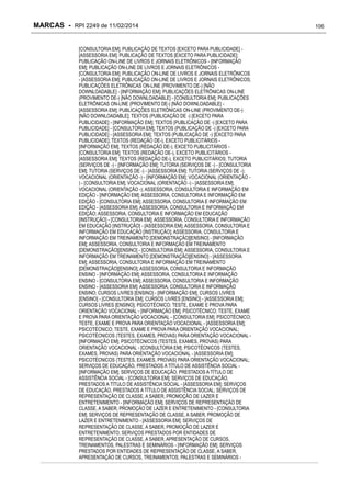 MARCAS - RPI 2249 de 11/02/2014
[CONSULTORIA EM]; PUBLICAÇÃO DE TEXTOS [EXCETO PARA PUBLICIDADE] [ASSESSORIA EM]; PUBLICAÇÃO DE TEXTOS [EXCETO PARA PUBLICIDADE];
PUBLICAÇÃO ON-LINE DE LIVROS E JORNAIS ELETRÔNICOS - [INFORMAÇÃO
EM]; PUBLICAÇÃO ON-LINE DE LIVROS E JORNAIS ELETRÔNICOS [CONSULTORIA EM]; PUBLICAÇÃO ON-LINE DE LIVROS E JORNAIS ELETRÔNICOS
- [ASSESSORIA EM]; PUBLICAÇÃO ON-LINE DE LIVROS E JORNAIS ELETRÔNICOS;
PUBLICAÇÕES ELETRÔNICAS ON-LINE (PROVIMENTO DE-) [NÃO
DOWNLOADABLE] - [INFORMAÇÃO EM]; PUBLICAÇÕES ELETRÔNICAS ON-LINE
(PROVIMENTO DE-) [NÃO DOWNLOADABLE] - [CONSULTORIA EM]; PUBLICAÇÕES
ELETRÔNICAS ON-LINE (PROVIMENTO DE-) [NÃO DOWNLOADABLE] [ASSESSORIA EM]; PUBLICAÇÕES ELETRÔNICAS ON-LINE (PROVIMENTO DE-)
[NÃO DOWNLOADABLE]; TEXTOS (PUBLICAÇÃO DE -) [EXCETO PARA
PUBLICIDADE] - [INFORMAÇÃO EM]; TEXTOS (PUBLICAÇÃO DE -) [EXCETO PARA
PUBLICIDADE] - [CONSULTORIA EM]; TEXTOS (PUBLICAÇÃO DE -) [EXCETO PARA
PUBLICIDADE] - [ASSESSORIA EM]; TEXTOS (PUBLICAÇÃO DE -) [EXCETO PARA
PUBLICIDADE]; TEXTOS (REDAÇÃO DE-), EXCETO PUBLICITÁRIOS [INFORMAÇÃO EM]; TEXTOS (REDAÇÃO DE-), EXCETO PUBLICITÁRIOS [CONSULTORIA EM]; TEXTOS (REDAÇÃO DE-), EXCETO PUBLICITÁRIOS [ASSESSORIA EM]; TEXTOS (REDAÇÃO DE-), EXCETO PUBLICITÁRIOS; TUTORIA
(SERVIÇOS DE -) - [INFORMAÇÃO EM]; TUTORIA (SERVIÇOS DE -) - [CONSULTORIA
EM]; TUTORIA (SERVIÇOS DE -) - [ASSESSORIA EM]; TUTORIA (SERVIÇOS DE -);
VOCACIONAL (ORIENTAÇÃO -) - [INFORMAÇÃO EM]; VOCACIONAL (ORIENTAÇÃO ) - [CONSULTORIA EM]; VOCACIONAL (ORIENTAÇÃO -) - [ASSESSORIA EM];
VOCACIONAL (ORIENTAÇÃO -); ASSESSORIA, CONSULTORIA E INFORMAÇÃO EM
EDIÇÃO - [INFORMAÇÃO EM]; ASSESSORIA, CONSULTORIA E INFORMAÇÃO EM
EDIÇÃO - [CONSULTORIA EM]; ASSESSORIA, CONSULTORIA E INFORMAÇÃO EM
EDIÇÃO - [ASSESSORIA EM]; ASSESSORIA, CONSULTORIA E INFORMAÇÃO EM
EDIÇÃO; ASSESSORIA, CONSULTORIA E INFORMAÇÃO EM EDUCAÇÃO
[INSTRUÇÃO] - [CONSULTORIA EM]; ASSESSORIA, CONSULTORIA E INFORMAÇÃO
EM EDUCAÇÃO [INSTRUÇÃO] - [ASSESSORIA EM]; ASSESSORIA, CONSULTORIA E
INFORMAÇÃO EM EDUCAÇÃO [INSTRUÇÃO]; ASSESSORIA, CONSULTORIA E
INFORMAÇÃO EM TREINAMENTO [DEMONSTRAÇÃO][ENSINO] - [INFORMAÇÃO
EM]; ASSESSORIA, CONSULTORIA E INFORMAÇÃO EM TREINAMENTO
[DEMONSTRAÇÃO][ENSINO] - [CONSULTORIA EM]; ASSESSORIA, CONSULTORIA E
INFORMAÇÃO EM TREINAMENTO [DEMONSTRAÇÃO][ENSINO] - [ASSESSORIA
EM]; ASSESSORIA, CONSULTORIA E INFORMAÇÃO EM TREINAMENTO
[DEMONSTRAÇÃO][ENSINO]; ASSESSORIA, CONSULTORIA E INFORMAÇÃO
ENSINO - [INFORMAÇÃO EM]; ASSESSORIA, CONSULTORIA E INFORMAÇÃO
ENSINO - [CONSULTORIA EM]; ASSESSORIA, CONSULTORIA E INFORMAÇÃO
ENSINO - [ASSESSORIA EM]; ASSESSORIA, CONSULTORIA E INFORMAÇÃO
ENSINO; CURSOS LIVRES [ENSINO] - [INFORMAÇÃO EM]; CURSOS LIVRES
[ENSINO] - [CONSULTORIA EM]; CURSOS LIVRES [ENSINO] - [ASSESSORIA EM];
CURSOS LIVRES [ENSINO]; PSICOTÉCNICO; TESTE, EXAME E PROVA PARA
ORIENTAÇÃO VOCACIONAL - [INFORMAÇÃO EM]; PSICOTÉCNICO; TESTE, EXAME
E PROVA PARA ORIENTAÇÃO VOCACIONAL - [CONSULTORIA EM]; PSICOTÉCNICO;
TESTE, EXAME E PROVA PARA ORIENTAÇÃO VOCACIONAL - [ASSESSORIA EM];
PSICOTÉCNICO; TESTE, EXAME E PROVA PARA ORIENTAÇÃO VOCACIONAL;
PSICOTÉCNICOS (TESTES, EXAMES, PROVAS) PARA ORIENTAÇÃO VOCACIONAL [INFORMAÇÃO EM]; PSICOTÉCNICOS (TESTES, EXAMES, PROVAS) PARA
ORIENTAÇÃO VOCACIONAL - [CONSULTORIA EM]; PSICOTÉCNICOS (TESTES,
EXAMES, PROVAS) PARA ORIENTAÇÃO VOCACIONAL - [ASSESSORIA EM];
PSICOTÉCNICOS (TESTES, EXAMES, PROVAS) PARA ORIENTAÇÃO VOCACIONAL;
SERVIÇOS DE EDUCAÇÃO, PRESTADOS A TÍTULO DE ASSISTÊNCIA SOCIAL [INFORMAÇÃO EM]; SERVIÇOS DE EDUCAÇÃO, PRESTADOS A TÍTULO DE
ASSISTÊNCIA SOCIAL - [CONSULTORIA EM]; SERVIÇOS DE EDUCAÇÃO,
PRESTADOS A TÍTULO DE ASSISTÊNCIA SOCIAL - [ASSESSORIA EM]; SERVIÇOS
DE EDUCAÇÃO, PRESTADOS A TÍTULO DE ASSISTÊNCIA SOCIAL; SERVIÇOS DE
REPRESENTAÇÃO DE CLASSE, A SABER, PROMOÇÃO DE LAZER E
ENTRETENIMENTO - [INFORMAÇÃO EM]; SERVIÇOS DE REPRESENTAÇÃO DE
CLASSE, A SABER, PROMOÇÃO DE LAZER E ENTRETENIMENTO - [CONSULTORIA
EM]; SERVIÇOS DE REPRESENTAÇÃO DE CLASSE, A SABER, PROMOÇÃO DE
LAZER E ENTRETENIMENTO - [ASSESSORIA EM]; SERVIÇOS DE
REPRESENTAÇÃO DE CLASSE, A SABER, PROMOÇÃO DE LAZER E
ENTRETENIMENTO; SERVIÇOS PRESTADOS POR ENTIDADES DE
REPRESENTAÇÃO DE CLASSE, A SABER, APRESENTAÇÃO DE CURSOS,
TREINAMENTOS, PALESTRAS E SEMINÁRIOS - [INFORMAÇÃO EM]; SERVIÇOS
PRESTADOS POR ENTIDADES DE REPRESENTAÇÃO DE CLASSE, A SABER,
APRESENTAÇÃO DE CURSOS, TREINAMENTOS, PALESTRAS E SEMINÁRIOS -

106

 