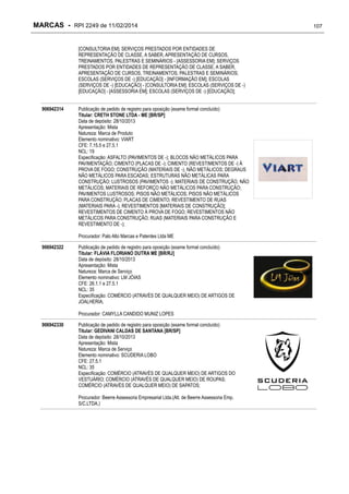MARCAS - RPI 2249 de 11/02/2014
[CONSULTORIA EM]; SERVIÇOS PRESTADOS POR ENTIDADES DE
REPRESENTAÇÃO DE CLASSE, A SABER, APRESENTAÇÃO DE CURSOS,
TREINAMENTOS, PALESTRAS E SEMINÁRIOS - [ASSESSORIA EM]; SERVIÇOS
PRESTADOS POR ENTIDADES DE REPRESENTAÇÃO DE CLASSE, A SABER,
APRESENTAÇÃO DE CURSOS, TREINAMENTOS, PALESTRAS E SEMINÁRIOS;
ESCOLAS (SERVIÇOS DE -) [EDUCAÇÃO] - [INFORMAÇÃO EM]; ESCOLAS
(SERVIÇOS DE -) [EDUCAÇÃO] - [CONSULTORIA EM]; ESCOLAS (SERVIÇOS DE -)
[EDUCAÇÃO] - [ASSESSORIA EM]; ESCOLAS (SERVIÇOS DE -) [EDUCAÇÃO];
906942314

Publicação de pedido de registro para oposição (exame formal concluído)
Titular: CRETH STONE LTDA - ME [BR/SP]
Data de depósito: 28/10/2013
Apresentação: Mista
Natureza: Marca de Produto
Elemento nominativo: VIART
CFE: 7.15.5 e 27.5.1
NCL: 19
Especificação: ASFALTO (PAVIMENTOS DE -); BLOCOS NÃO METÁLICOS PARA
PAVIMENTAÇÃO; CIMENTO (PLACAS DE -); CIMENTO (REVESTIMENTOS DE -) À
PROVA DE FOGO; CONSTRUÇÃO (MATERIAIS DE -), NÃO METÁLICOS; DEGRAUS
NÃO METÁLICOS PARA ESCADAS; ESTRUTURAS NÃO METÁLICAS PARA
CONSTRUÇÃO; LUSTROSOS (PAVIMENTOS -); MATERIAIS DE CONSTRUÇÃO, NÃO
METÁLICOS; MATERIAIS DE REFORÇO NÃO METÁLICOS PARA CONSTRUÇÃO;
PAVIMENTOS LUSTROSOS; PISOS NÃO METÁLICOS; PISOS NÃO METÁLICOS
PARA CONSTRUÇÃO; PLACAS DE CIMENTO; REVESTIMENTO DE RUAS
(MATERIAIS PARA -); REVESTIMENTOS [MATERIAIS DE CONSTRUÇÃO];
REVESTIMENTOS DE CIMENTO À PROVA DE FOGO; REVESTIMENTOS NÃO
METÁLICOS PARA CONSTRUÇÃO; RUAS (MATERIAIS PARA CONSTRUÇÃO E
REVESTIMENTO DE -);
Procurador: Palo Alto Marcas e Patentes Ltda ME

906942322

Publicação de pedido de registro para oposição (exame formal concluído)
Titular: FLÁVIA FLORIANO DUTRA ME [BR/RJ]
Data de depósito: 28/10/2013
Apresentação: Mista
Natureza: Marca de Serviço
Elemento nominativo: LM JÓIAS
CFE: 26.1.1 e 27.5.1
NCL: 35
Especificação: COMÉRCIO (ATRAVÉS DE QUALQUER MEIO) DE ARTIGOS DE
JOALHERIA;
Procurador: CAMYLLA CANDIDO MUNIZ LOPES

906942330

Publicação de pedido de registro para oposição (exame formal concluído)
Titular: GEDIVANI CALDAS DE SANTANA [BR/SP]
Data de depósito: 28/10/2013
Apresentação: Mista
Natureza: Marca de Serviço
Elemento nominativo: SCUDERIA LOBO
CFE: 27.5.1
NCL: 35
Especificação: COMÉRCIO (ATRAVÉS DE QUALQUER MEIO) DE ARTIGOS DO
VESTUÁRIO; COMÉRCIO (ATRAVÉS DE QUALQUER MEIO) DE ROUPAS;
COMÉRCIO (ATRAVÉS DE QUALQUER MEIO) DE SAPATOS;
Procurador: Beerre Assessoria Empresarial Ltda.(Alt. de Beerre Assessoria Emp.
S/C.LTDA.)

107

 