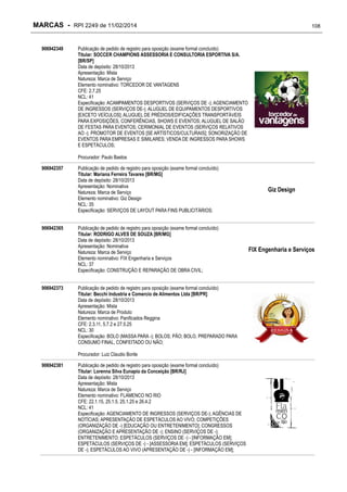 MARCAS - RPI 2249 de 11/02/2014
906942349

108

Publicação de pedido de registro para oposição (exame formal concluído)
Titular: SOCCER CHAMPIONS ASSESSORIA E CONSULTORIA ESPORTIVA S/A.
[BR/SP]
Data de depósito: 28/10/2013
Apresentação: Mista
Natureza: Marca de Serviço
Elemento nominativo: TORCEDOR DE VANTAGENS
CFE: 2.7.25
NCL: 41
Especificação: ACAMPAMENTOS DESPORTIVOS (SERVIÇOS DE -); AGENCIAMENTO
DE INGRESSOS (SERVIÇOS DE-); ALUGUEL DE EQUIPAMENTOS DESPORTIVOS
[EXCETO VEÍCULOS]; ALUGUEL DE PRÉDIOS/EDIFICAÇÕES TRANSPORTÁVEIS
PARA EXPOSIÇÕES, CONFERÊNCIAS, SHOWS E EVENTOS; ALUGUEL DE SALÃO
DE FESTAS PARA EVENTOS; CERIMONIAL DE EVENTOS (SERVIÇOS RELATIVOS
AO -); PROMOTOR DE EVENTOS [SE ARTÍSTICOS/CULTURAIS]; SONORIZAÇÃO DE
EVENTOS PARA EMPRESAS E SIMILARES; VENDA DE INGRESSOS PARA SHOWS
E ESPETÁCULOS;
Procurador: Paulo Bastos

906942357

906942365

906942373

Publicação de pedido de registro para oposição (exame formal concluído)
Titular: Mariana Ferreira Tavares [BR/MG]
Data de depósito: 28/10/2013
Apresentação: Nominativa
Natureza: Marca de Serviço
Elemento nominativo: Giz Design
NCL: 35
Especificação: SERVIÇOS DE LAYOUT PARA FINS PUBLICITÁRIOS;

Giz Design

Publicação de pedido de registro para oposição (exame formal concluído)
Titular: RODRIGO ALVES DE SOUZA [BR/MG]
Data de depósito: 28/10/2013
Apresentação: Nominativa
Natureza: Marca de Serviço
Elemento nominativo: FIX Engenharia e Serviços
NCL: 37
Especificação: CONSTRUÇÃO E REPARAÇÃO DE OBRA CIVIL;

FIX Engenharia e Serviços

Publicação de pedido de registro para oposição (exame formal concluído)
Titular: Becchi Industria e Comercio de Alimentos Ltda [BR/PR]
Data de depósito: 28/10/2013
Apresentação: Mista
Natureza: Marca de Produto
Elemento nominativo: Panificados Reggina
CFE: 2.3.11, 5.7.2 e 27.5.25
NCL: 30
Especificação: BOLO (MASSA PARA -); BOLOS; PÃO; BOLO, PREPARADO PARA
CONSUMO FINAL, CONFEITADO OU NÃO;
Procurador: Luiz Claudio Borile

906942381

Publicação de pedido de registro para oposição (exame formal concluído)
Titular: Lorenna Silva Eunapio da Conceição [BR/RJ]
Data de depósito: 28/10/2013
Apresentação: Mista
Natureza: Marca de Serviço
Elemento nominativo: FLAMENCO NO RIO
CFE: 22.1.15, 25.1.5, 25.1.25 e 26.4.2
NCL: 41
Especificação: AGENCIAMENTO DE INGRESSOS (SERVIÇOS DE-); AGÊNCIAS DE
NOTÍCIAS; APRESENTAÇÃO DE ESPETÁCULOS AO VIVO; COMPETIÇÕES
(ORGANIZAÇÃO DE -) [EDUCAÇÃO OU ENTRETENIMENTO]; CONGRESSOS
(ORGANIZAÇÃO E APRESENTAÇÃO DE -); ENSINO (SERVIÇOS DE -);
ENTRETENIMENTO; ESPETÁCULOS (SERVIÇOS DE -) - [INFORMAÇÃO EM];
ESPETÁCULOS (SERVIÇOS DE -) - [ASSESSORIA EM]; ESPETÁCULOS (SERVIÇOS
DE -); ESPETÁCULOS AO VIVO (APRESENTAÇÃO DE -) - [INFORMAÇÃO EM];

 