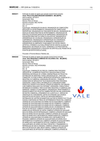 MARCAS - RPI 2249 de 11/02/2014
906942411

Publicação de pedido de registro para oposição (exame formal concluído)
Titular: PAULA STELZNER BROZOSKI 05294960974 - MEI [BR/PR]
Data de depósito: 28/10/2013
Apresentação: Mista
Natureza: Marca de Serviço
Elemento nominativo: BIEL FESTAS
CFE: 2.5.2 e 27.5.1
NCL: 41
Especificação: ORGANIZAÇÃO DE BAILES; ORGANIZAÇÃO DE COMPETIÇÕES
[EDUCAÇÃO OU ENTRETENIMENTO]; ORGANIZAÇÃO DE COMPETIÇÕES
DESPORTIVAS; ORGANIZAÇÃO DE CONCURSOS DE BELEZA; ORGANIZAÇÃO DE
DESFILES DE MODA PARA FINS DE ENTRETENIMENTO; ORGANIZAÇÃO DE
ESPETÁCULOS [SHOWS] [SERVIÇOS DE EMPRESÁRIO]; ORGANIZAÇÃO DE
EXPOSIÇÕES PARA FINS CULTURAIS OU EDUCATIVOS; ORGANIZAÇÃO E
APRESENTAÇÃO DE COLÓQUIOS; ORGANIZAÇÃO E APRESENTAÇÃO DE
CONFERÊNCIAS; ORGANIZAÇÃO E APRESENTAÇÃO DE CONGRESSOS;
ORGANIZAÇÃO E APRESENTAÇÃO DE SEMINÁRIOS; ORGANIZAÇÃO E
APRESENTAÇÃO DE SIMPÓSIOS; PLANEJAMENTO DE FESTAS; AGENTE
ARTÍSTICO; LITERÁRIO E CULTURAL [PROMOTOR DE EVENTO]; ALUGUEL DE
BRINQUEDOS; DECORAÇÃO DE FESTA, CERIMONIAL E OUTROS EVENTOS;
EMPRESÁRIO [ORGANIZAÇÃO E PRODUÇÃO DE ESPETÁCULOS]; PROMOTOR DE
EVENTOS [SE ARTÍSTICOS/CULTURAIS];
Procurador: A Provincia Marcas e Patentes Ltda.

906942420

Publicação de pedido de registro para oposição (exame formal concluído)
Titular: VALE INDUSTRIA E COMERCIO DE COLCHÕES LTDA. - ME [BR/SC]
Data de depósito: 28/10/2013
Apresentação: Mista
Natureza: Marca de Serviço
Elemento nominativo: VALE INTERIORES
CFE: 5.3.15
NCL: 35
Especificação: COMPARAÇÃO DE PREÇOS; COMPRAS PARA TERCEIROS
(SERVIÇOS DE -) [COMPRA DE PRODUTOS E SERVIÇOS PARA OUTRAS
EMPRESAS]; DECORAÇÃO DE VITRINES; DEMONSTRAÇÃO DE PRODUTOS;
DISTRIBUIÇÃO DE AMOSTRAS; FEIRAS (ORGANIZAÇÃO DE -) PARA FINS
COMERCIAIS OU PUBLICITÁRIOS; IMPORTAÇÃO-EXPORTAÇÃO (AGÊNCIAS DE -);
INDUSTRIAL OU COMERCIAL (ASSESSORIA EM GESTÃO -); VENDA DE
ASSINATURAS DE SERVIÇOS DE TELECOMUNICAÇÕES PARA TERCEIROS;
ASSESSORIA, CONSULTORIA E INFORMAÇÃO AO CONSUMIDOR SOBRE
PRODUTOS E RESPECTIVOS PREÇOS, ATRAVÉS DE WEBSITES, EM CONEXÃO
COM COMÉRCIO REALIZADO PELA INTERNET; ASSESSORIA, CONSULTORIA E
INFORMAÇÃO ECONÔMICA, PARA OS SETORES INDUSTRIAL E COMERCIAL DAS
EMPRESAS, VISANDO O PLANEJAMENTO, ORGANIZAÇÃO, MONITORAMENTO E
DESENVOLVIMENTO DE PROJETOS (TAMBÉM PROVIDO ON-LINE) [ASSESSORIA
EM GESTÃO COMERCIAL]; ATENDIMENTO AO CLIENTE [S.A.C.; SERVIÇO DE
ORIENTAÇÃO AO CONSUMIDOR]; CARTÃO DE AFINIDADE QUE OFERECE
DESCONTOS AOS AFILIADOS; CARTÃO DE VANTAGEM (EMISSÃO E
DISTRIBUIÇÃO DE CARTÕES DE BENEFÍCIOS QUE DÃO AO RESPECTIVO TITULAR
ACESSO A VANTAGENS NO PREÇO DE DETERMINADOS PRODUTOS); COMÉRCIO
(ATRAVÉS DE QUALQUER MEIO) DE APARELHOS DE AQUECIMENTO; COMÉRCIO
(ATRAVÉS DE QUALQUER MEIO) DE APARELHOS DE COZIMENTO; COMÉRCIO
(ATRAVÉS DE QUALQUER MEIO) DE APARELHOS DE ILUMINAÇÃO; COMÉRCIO
(ATRAVÉS DE QUALQUER MEIO) DE APARELHOS DE LOCOMOÇÃO POR TERRA,
POR AR OU POR ÁGUA; COMÉRCIO (ATRAVÉS DE QUALQUER MEIO) DE
APARELHOS DE PRODUÇÃO DE VAPOR; COMÉRCIO (ATRAVÉS DE QUALQUER
MEIO) DE APARELHOS DE REFRIGERAÇÃO; COMÉRCIO (ATRAVÉS DE QUALQUER
MEIO) DE APARELHOS DE SECAGEM; COMÉRCIO (ATRAVÉS DE QUALQUER
MEIO) DE APARELHOS E INSTRUMENTOS CINEMATOGRÁFICOS; COMÉRCIO
(ATRAVÉS DE QUALQUER MEIO) DE APARELHOS E INSTRUMENTOS DE
PESAGEM; COMÉRCIO (ATRAVÉS DE QUALQUER MEIO) DE APARELHOS E
INSTRUMENTOS FOTOGRÁFICOS; COMÉRCIO (ATRAVÉS DE QUALQUER MEIO)
DE APARELHOS E INSTRUMENTOS ÓPTICOS; COMÉRCIO (ATRAVÉS DE
QUALQUER MEIO) DE APARELHOS PARA O REGISTRO, A TRANSMISSÃO E A
REPRODUÇÃO DE SOM OU IMAGENS; COMÉRCIO (ATRAVÉS DE QUALQUER
MEIO) DE ARTIGOS DE CAMA, MESA E BANHO; COMÉRCIO (ATRAVÉS DE
QUALQUER MEIO) DE ARTIGOS DE ILUMINAÇÃO; COMÉRCIO (ATRAVÉS DE

110

 