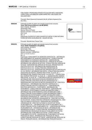 MARCAS - RPI 2249 de 11/02/2014
PUBLICIDADE E PROPAGANDA ATRAVÉS DE QUALQUER MEIO; ASSESSORIA,
CONSULTORIA E INFORMAÇÕES SOBRE MARKETING; PUBLICIDADE POR
QUALQUER MEIO;
Procurador: Beerre Assessoria Empresarial Ltda.(Alt. de Beerre Assessoria Emp.
S/C.LTDA.)
906942446

Publicação de pedido de registro para oposição (exame formal concluído)
Titular: ESG Comercio Eletronico Ltda ME [BR/SP]
Data de depósito: 28/10/2013
Apresentação: Mista
Natureza: Marca de Produto
Elemento nominativo: Coroas para Velório
CFE: 5.5.20
NCL: 31
Especificação: BULBOS DE FLORES; BULBOS DE PLANTAS; FLORES NATURAIS;
FLORES NATURAIS (GUIRLANDAS DE -); BUQUÊ NATURAL;
Procurador: Marcella Amaro Tavares Costa

906942454

Publicação de pedido de registro para oposição (exame formal concluído)
Titular: RADIO TRANSOESTE LTDA [BR/SC]
Data de depósito: 28/10/2013
Apresentação: Mista
Natureza: Marca de Serviço
Elemento nominativo: CARNAFOLIA
CFE: 9.1.10, 26.1.5 e 27.5.1
NCL: 41
Especificação: AGENCIAMENTO DE INGRESSOS (SERVIÇOS DE-) - [INFORMAÇÃO
EM]; AGENCIAMENTO DE INGRESSOS (SERVIÇOS DE-) - [CONSULTORIA EM];
AGENCIAMENTO DE INGRESSOS (SERVIÇOS DE-) - [ASSESSORIA EM];
AGENCIAMENTO DE INGRESSOS (SERVIÇOS DE-); AGÊNCIAS DE NOTÍCIAS [INFORMAÇÃO EM]; AGÊNCIAS DE NOTÍCIAS - [CONSULTORIA EM]; AGÊNCIAS DE
NOTÍCIAS - [ASSESSORIA EM]; AGÊNCIAS DE NOTÍCIAS; APRESENTAÇÃO DE
ESPETÁCULOS AO VIVO - [INFORMAÇÃO EM]; APRESENTAÇÃO DE
ESPETÁCULOS AO VIVO - [CONSULTORIA EM]; APRESENTAÇÃO DE
ESPETÁCULOS AO VIVO - [ASSESSORIA EM]; APRESENTAÇÃO DE ESPETÁCULOS
AO VIVO; BOATES - [INFORMAÇÃO EM]; BOATES - [CONSULTORIA EM]; BOATES [ASSESSORIA EM]; BOATES; CENÁRIOS PARA SHOWS (ALUGUEL DE -) [INFORMAÇÃO EM]; CENÁRIOS PARA SHOWS (ALUGUEL DE -) - [CONSULTORIA
EM]; CENÁRIOS PARA SHOWS (ALUGUEL DE -) - [ASSESSORIA EM]; CENÁRIOS
PARA SHOWS (ALUGUEL DE -); CONCURSOS DE BELEZA (ORGANIZAÇÃO DE -) [INFORMAÇÃO EM]; CONCURSOS DE BELEZA (ORGANIZAÇÃO DE -) [CONSULTORIA EM]; CONCURSOS DE BELEZA (ORGANIZAÇÃO DE -) [ASSESSORIA EM]; CONCURSOS DE BELEZA (ORGANIZAÇÃO DE -); DISCOTECA
(SERVIÇOS DE -) - [INFORMAÇÃO EM]; DISCOTECA (SERVIÇOS DE -) [CONSULTORIA EM]; DISCOTECA (SERVIÇOS DE -) - [ASSESSORIA EM];
DISCOTECA (SERVIÇOS DE -); DIVERTIMENTO - [INFORMAÇÃO EM];
DIVERTIMENTO - [CONSULTORIA EM]; DIVERTIMENTO - [ASSESSORIA EM];
DIVERTIMENTO; ENTRETENIMENTO [LAZER] (INFORMAÇÕES SOBRE -) [INFORMAÇÃO EM]; ENTRETENIMENTO [LAZER] (INFORMAÇÕES SOBRE -) [CONSULTORIA EM]; ENTRETENIMENTO [LAZER] (INFORMAÇÕES SOBRE -) [ASSESSORIA EM]; ENTRETENIMENTO [LAZER] (INFORMAÇÕES SOBRE -);
EXPOSIÇÕES (ORGANIZAÇÃO DE -) PARA FINS CULTURAIS OU EDUCATIVOS [INFORMAÇÃO EM]; EXPOSIÇÕES (ORGANIZAÇÃO DE -) PARA FINS CULTURAIS
OU EDUCATIVOS - [CONSULTORIA EM]; EXPOSIÇÕES (ORGANIZAÇÃO DE -) PARA
FINS CULTURAIS OU EDUCATIVOS - [ASSESSORIA EM]; EXPOSIÇÕES
(ORGANIZAÇÃO DE -) PARA FINS CULTURAIS OU EDUCATIVOS; FESTAS
(PLANEJAMENTO DE -) - [INFORMAÇÃO EM]; FESTAS (PLANEJAMENTO DE -) [CONSULTORIA EM]; FESTAS (PLANEJAMENTO DE -) - [ASSESSORIA EM]; FESTAS
(PLANEJAMENTO DE -); ORGANIZAÇÃO DE BAILES - [INFORMAÇÃO EM];
ORGANIZAÇÃO DE BAILES - [CONSULTORIA EM]; ORGANIZAÇÃO DE BAILES [ASSESSORIA EM]; ORGANIZAÇÃO DE BAILES; PLANEJAMENTO DE FESTAS [INFORMAÇÃO EM]; PLANEJAMENTO DE FESTAS - [CONSULTORIA EM];
PLANEJAMENTO DE FESTAS - [ASSESSORIA EM]; PLANEJAMENTO DE FESTAS;
PRODUÇÃO DE VÍDEOS - [INFORMAÇÃO EM]; PRODUÇÃO DE VÍDEOS [CONSULTORIA EM]; PRODUÇÃO DE VÍDEOS - [ASSESSORIA EM]; PRODUÇÃO DE
VÍDEOS; PRODUÇÃO MUSICAL - [INFORMAÇÃO EM]; PRODUÇÃO MUSICAL -

112

 