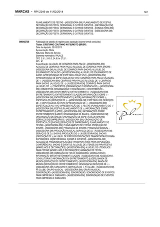 MARCAS - RPI 2249 de 11/02/2014
PLANEJAMENTO DE FESTAS - [ASSESSORIA EM]; PLANEJAMENTO DE FESTAS;
DECORAÇÃO DE FESTA, CERIMONIAL E OUTROS EVENTOS - [INFORMAÇÃO EM];
DECORAÇÃO DE FESTA, CERIMONIAL E OUTROS EVENTOS - [CONSULTORIA EM];
DECORAÇÃO DE FESTA, CERIMONIAL E OUTROS EVENTOS - [ASSESSORIA EM];
DECORAÇÃO DE FESTA, CERIMONIAL E OUTROS EVENTOS;
906942730

Publicação de pedido de registro para oposição (exame formal concluído)
Titular: CRISTIANO COUTINHO KATSUMOTO [BR/SP]
Data de depósito: 28/10/2013
Apresentação: Mista
Natureza: Marca de Serviço
Elemento nominativo: PALACE
CFE: 2.9.1, 24.9.3, 24.9.9 e 27.5.1
NCL: 41
Especificação: ALUGUEL DE CENÁRIOS PARA PALCO - [ASSESSORIA EM];
ALUGUEL DE CENÁRIOS PARA PALCO; ALUGUEL DE CENÁRIOS PARA SHOWS [ASSESSORIA EM]; ALUGUEL DE CENÁRIOS PARA SHOWS; ALUGUEL DE
EQUIPAMENTO DE ÁUDIO - [ASSESSORIA EM]; ALUGUEL DE EQUIPAMENTO DE
ÁUDIO; APRESENTAÇÃO DE ESPETÁCULOS AO VIVO - [ASSESSORIA EM];
APRESENTAÇÃO DE ESPETÁCULOS AO VIVO; CENÁRIOS PARA PALCO (ALUGUEL
DE -) - [ASSESSORIA EM]; CENÁRIOS PARA PALCO (ALUGUEL DE -); CENÁRIOS
PARA SHOWS (ALUGUEL DE -) - [ASSESSORIA EM]; CENÁRIOS PARA SHOWS
(ALUGUEL DE -); CONCERTOS (ORGANIZAÇÃO E REGÊNCIA DE-) - [ASSESSORIA
EM]; CONCERTOS (ORGANIZAÇÃO E REGÊNCIA DE-); DIVERTIMENTO [ASSESSORIA EM]; DIVERTIMENTO; ENTRETENIMENTO - [ASSESSORIA EM];
ENTRETENIMENTO; ENTRETENIMENTO [LAZER] (INFORMAÇÕES SOBRE -) [ASSESSORIA EM]; ENTRETENIMENTO [LAZER] (INFORMAÇÕES SOBRE -);
ESPETÁCULOS (SERVIÇOS DE -) - [ASSESSORIA EM]; ESPETÁCULOS (SERVIÇOS
DE -); ESPETÁCULOS AO VIVO (APRESENTAÇÃO DE -) - [ASSESSORIA EM];
ESPETÁCULOS AO VIVO (APRESENTAÇÃO DE -); FESTAS (PLANEJAMENTO DE -) [ASSESSORIA EM]; FESTAS (PLANEJAMENTO DE -); INFORMAÇÕES SOBRE
ENTRETENIMENTO [LAZER] - [ASSESSORIA EM]; INFORMAÇÕES SOBRE
ENTRETENIMENTO [LAZER]; ORGANIZAÇÃO DE BAILES - [ASSESSORIA EM];
ORGANIZAÇÃO DE BAILES; ORGANIZAÇÃO DE ESPETÁCULOS [SHOWS]
[SERVIÇOS DE EMPRESÁRIO] - [ASSESSORIA EM]; ORGANIZAÇÃO DE
ESPETÁCULOS [SHOWS] [SERVIÇOS DE EMPRESÁRIO]; PLANEJAMENTO DE
FESTAS - [ASSESSORIA EM]; PLANEJAMENTO DE FESTAS; PRODUÇÃO DE
SHOWS - [ASSESSORIA EM]; PRODUÇÃO DE SHOWS; PRODUÇÃO MUSICAL [ASSESSORIA EM]; PRODUÇÃO MUSICAL; SERVIÇOS DE DJ - [ASSESSORIA EM];
SERVIÇOS DE DJ; SHOWS (PRODUÇÃO DE -) - [ASSESSORIA EM]; SHOWS
(PRODUÇÃO DE -); ALUGUEL DE PRÉDIOS/EDIFICAÇÕES TRANSPORTÁVEIS PARA
EXPOSIÇÕES, CONFERÊNCIAS, SHOWS E EVENTOS - [ASSESSORIA EM];
ALUGUEL DE PRÉDIOS/EDIFICAÇÕES TRANSPORTÁVEIS PARA EXPOSIÇÕES,
CONFERÊNCIAS, SHOWS E EVENTOS; ALUGUEL DE UTENSÍLIOS PARA FESTAS
[APARELHOS E DECORAÇÕES] - [ASSESSORIA EM]; ALUGUEL DE UTENSÍLIOS
PARA FESTAS [APARELHOS E DECORAÇÕES]; ANIMAÇÃO DE FESTA [ASSESSORIA EM]; ANIMAÇÃO DE FESTA; ASSESSORIA, CONSULTORIA E
INFORMAÇÃO EM ENTRETENIMENTO [LAZER] - [ASSESSORIA EM]; ASSESSORIA,
CONSULTORIA E INFORMAÇÃO EM ENTRETENIMENTO [LAZER]; BANDA DE
MÚSICA [SERVIÇOS DE ENTRETENIMENTO] - [ASSESSORIA EM]; BANDA DE
MÚSICA [SERVIÇOS DE ENTRETENIMENTO]; CENOGRAFIA (SERVIÇOS DE -) [ASSESSORIA EM]; CENOGRAFIA (SERVIÇOS DE -); FÃ CLUBE - [ASSESSORIA EM];
FÃ CLUBE; GRUPO MUSICAL - [ASSESSORIA EM]; GRUPO MUSICAL;
SONORIZAÇÃO - [ASSESSORIA EM]; SONORIZAÇÃO; SONORIZAÇÃO DE EVENTOS
PARA EMPRESAS E SIMILARES - [ASSESSORIA EM]; SONORIZAÇÃO DE EVENTOS
PARA EMPRESAS E SIMILARES;

122

 