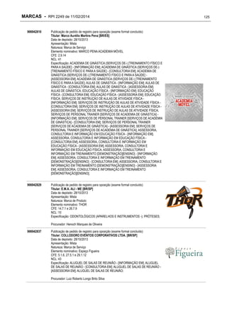 MARCAS - RPI 2249 de 11/02/2014
906942810

Publicação de pedido de registro para oposição (exame formal concluído)
Titular: Marco Aurélio Martins Pena [BR/ES]
Data de depósito: 28/10/2013
Apresentação: Mista
Natureza: Marca de Serviço
Elemento nominativo: MARCO PENA ACADEMIA MÓVEL
CFE: 2.9.14
NCL: 41
Especificação: ACADEMIA DE GINÁSTICA (SERVIÇOS DE-) [TREINAMENTO FÍSICO E
PARA A SAÚDE] - [INFORMAÇÃO EM]; ACADEMIA DE GINÁSTICA (SERVIÇOS DE-)
[TREINAMENTO FÍSICO E PARA A SAÚDE] - [CONSULTORIA EM]; ACADEMIA DE
GINÁSTICA (SERVIÇOS DE-) [TREINAMENTO FÍSICO E PARA A SAÚDE] [ASSESSORIA EM]; ACADEMIA DE GINÁSTICA (SERVIÇOS DE-) [TREINAMENTO
FÍSICO E PARA A SAÚDE]; AULAS DE GINÁSTICA - [INFORMAÇÃO EM]; AULAS DE
GINÁSTICA - [CONSULTORIA EM]; AULAS DE GINÁSTICA - [ASSESSORIA EM];
AULAS DE GINÁSTICA; EDUCAÇÃO FÍSICA - [INFORMAÇÃO EM]; EDUCAÇÃO
FÍSICA - [CONSULTORIA EM]; EDUCAÇÃO FÍSICA - [ASSESSORIA EM]; EDUCAÇÃO
FÍSICA; SERVIÇOS DE INSTRUÇÃO DE AULAS DE ATIVIDADE FÍSICA [INFORMAÇÃO EM]; SERVIÇOS DE INSTRUÇÃO DE AULAS DE ATIVIDADE FÍSICA [CONSULTORIA EM]; SERVIÇOS DE INSTRUÇÃO DE AULAS DE ATIVIDADE FÍSICA [ASSESSORIA EM]; SERVIÇOS DE INSTRUÇÃO DE AULAS DE ATIVIDADE FÍSICA;
SERVIÇOS DE PERSONAL TRAINER [SERVIÇOS DE ACADEMIA DE GINÁSTICA] [INFORMAÇÃO EM]; SERVIÇOS DE PERSONAL TRAINER [SERVIÇOS DE ACADEMIA
DE GINÁSTICA] - [CONSULTORIA EM]; SERVIÇOS DE PERSONAL TRAINER
[SERVIÇOS DE ACADEMIA DE GINÁSTICA] - [ASSESSORIA EM]; SERVIÇOS DE
PERSONAL TRAINER [SERVIÇOS DE ACADEMIA DE GINÁSTICA]; ASSESSORIA,
CONSULTORIA E INFORMAÇÃO EM EDUCAÇÃO FÍSICA - [INFORMAÇÃO EM];
ASSESSORIA, CONSULTORIA E INFORMAÇÃO EM EDUCAÇÃO FÍSICA [CONSULTORIA EM]; ASSESSORIA, CONSULTORIA E INFORMAÇÃO EM
EDUCAÇÃO FÍSICA - [ASSESSORIA EM]; ASSESSORIA, CONSULTORIA E
INFORMAÇÃO EM EDUCAÇÃO FÍSICA; ASSESSORIA, CONSULTORIA E
INFORMAÇÃO EM TREINAMENTO [DEMONSTRAÇÃO][ENSINO] - [INFORMAÇÃO
EM]; ASSESSORIA, CONSULTORIA E INFORMAÇÃO EM TREINAMENTO
[DEMONSTRAÇÃO][ENSINO] - [CONSULTORIA EM]; ASSESSORIA, CONSULTORIA E
INFORMAÇÃO EM TREINAMENTO [DEMONSTRAÇÃO][ENSINO] - [ASSESSORIA
EM]; ASSESSORIA, CONSULTORIA E INFORMAÇÃO EM TREINAMENTO
[DEMONSTRAÇÃO][ENSINO];

906942829

Publicação de pedido de registro para oposição (exame formal concluído)
Titular: E.M.A. ALI - ME [BR/SP]
Data de depósito: 28/10/2013
Apresentação: Mista
Natureza: Marca de Produto
Elemento nominativo: THOR
CFE: 14.7.1 e 26.7.9
NCL: 10
Especificação: ODONTOLÓGICOS (APARELHOS E INSTRUMENTOS -); PRÓTESES;
Procurador: Henoch Marques de Oliveira

906942837

Publicação de pedido de registro para oposição (exame formal concluído)
Titular: COLLODORO EVENTOS CORPORATIVOS LTDA. [BR/SP]
Data de depósito: 28/10/2013
Apresentação: Mista
Natureza: Marca de Serviço
Elemento nominativo: Espaço Figueira
CFE: 5.1.6, 27.5.1 e 29.1.12
NCL: 43
Especificação: ALUGUEL DE SALAS DE REUNIÃO - [INFORMAÇÃO EM]; ALUGUEL
DE SALAS DE REUNIÃO - [CONSULTORIA EM]; ALUGUEL DE SALAS DE REUNIÃO [ASSESSORIA EM]; ALUGUEL DE SALAS DE REUNIÃO;
Procurador: Luiz Roberto Longo Brito Silva

125

 