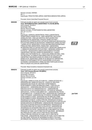 MARCAS - RPI 2249 de 11/02/2014

127

Elemento nominativo: RAPIDEX
NCL: 3
Especificação: PRODUTOS PARA LIMPEZA; SUBSTÂNCIA ABRASIVA PARA LIMPEZA;
Procurador: Antonio Carlos Brasil Fioravante Pieruccini
906942900

Publicação de pedido de registro para oposição (exame formal concluído)
Titular: INSTRUMENTOS PARA LABORATORIOS T R LTDA ME [BR/RS]
Data de depósito: 28/10/2013
Apresentação: Mista
Natureza: Marca de Produto
Elemento nominativo: ITR INSTRUMENTOS PARA LABORATÓRIO
CFE: 26.11.3 e 27.5.1
NCL: 9
Especificação: CADINHOS [LABORATÓRIOS]; CRISOL [LABORATÓRIOS];
CROMATOGRAFIA (APARELHOS DE -) PARA LABORATÓRIO; DESTILAÇÃO
(APARELHOS PARA -) PARA USO CIENTÍFICO; DESTILADORES PARA
EXPERIÊNCIAS EM LABORATÓRIO; DIFRAÇÃO (APARELHOS PARA -)
[MICROSCOPIA]; ESTEREOSCÓPIOS; ESTOJOS DE DISSECAÇÃO [MICROSCOPIA];
ESTOJOS PARA LÂMINAS DE MICROSCÓPIO; FERMENTAÇÃO (APARELHOS PARA
-) [APARELHOS DE LABORATÓRIO]; FILTROS PARA MÁSCARAS RESPIRATÓRIAS;
FORNALHAS PARA LABORATÓRIOS; FORNOS PARA LABORATÓRIOS;
INCUBADORAS PARA CULTURA BACTERIOLÓGICA; LABORATÓRIO (BANDEJAS DE
-); LÂMINAS DE MICROSCÓPIO (ESTOJOS PARA -); MEDIDORES (APARELHOS
ELÉTRICOS -); MICROSCÓPIOS; MOBÍLIA ESPECIALMENTE FEITA PARA
LABORATÓRIOS; PRECISÃO (APARELHOS MEDIDORES DE -); QUÍMICA
(APARELHOS E INSTRUMENTOS DE -); RADIOLOGIA (APARELHOS PARA -) PARA
USO INDUSTRIAL; ALOJAMENTO PARA ANIMAIS PARA USO EXCLUSIVO EM
LABORATÓRIO; ANALISADOR [APARELHO]; APARELHO DE GERMINAÇÃO
[APARELHO DE LABORATÓRIO]; APARELHO DE MEDIÇÃO DE TEMPERATURA;
APARELHO OU INSTRUMENTO ÓPTICO; AQUECEDORES, AUTOCLAVES,
AGITADORES, EVAPORADORES E APARELHOS PARA PURIFICAÇÃO DA ÁGUA
PARA UTILIZAÇÃO EXCLUSIVA EM LABORATÓRIOS;
Procurador: Marpa Consultoria e Assessoria Empresarial Ltda.

906942918

Publicação de pedido de registro para oposição (exame formal concluído)
Titular: LZN Produções Musicais LTDA [BR/RJ]
Data de depósito: 28/10/2013
Apresentação: Nominativa
Natureza: Marca de Serviço
Elemento nominativo: you funk
NCL: 41
Especificação: CINEMA (ALUGUEL DE FILMES DE -); CINEMA (ESTÚDIOS DE -) [ASSESSORIA EM]; CINEMA (ESTÚDIOS DE -); EDIÇÃO DE VIDEOTEIPE [ASSESSORIA EM]; EDIÇÃO DE VIDEOTEIPE; ENTRETENIMENTO;
ENTRETENIMENTO [LAZER] (INFORMAÇÕES SOBRE -); ESPETÁCULOS
(SERVIÇOS DE -) - [ASSESSORIA EM]; ESPETÁCULOS (SERVIÇOS DE -);
ESPETÁCULOS AO VIVO (APRESENTAÇÃO DE -) - [ASSESSORIA EM];
ESPETÁCULOS AO VIVO (APRESENTAÇÃO DE -); ESTÚDIOS DE GRAVAÇÃO
(SERVIÇOS DE -); FESTAS (PLANEJAMENTO DE -) - [ASSESSORIA EM]; FESTAS
(PLANEJAMENTO DE -); FILMAGEM EM VÍDEO - [ASSESSORIA EM]; FILMAGEM EM
VÍDEO; FOTOGRAFIA - [ASSESSORIA EM]; FOTOGRAFIA; INFORMAÇÕES SOBRE
ENTRETENIMENTO [LAZER] - [ASSESSORIA EM]; INFORMAÇÕES SOBRE
ENTRETENIMENTO [LAZER]; ORGANIZAÇÃO DE BAILES - [INFORMAÇÃO EM];
ORGANIZAÇÃO DE BAILES - [CONSULTORIA EM]; ORGANIZAÇÃO DE BAILES [ASSESSORIA EM]; ORGANIZAÇÃO DE BAILES; ORGANIZAÇÃO DE ESPETÁCULOS
[SHOWS] [SERVIÇOS DE EMPRESÁRIO] - [ASSESSORIA EM]; ORGANIZAÇÃO DE
ESPETÁCULOS [SHOWS] [SERVIÇOS DE EMPRESÁRIO]; ORGANIZAÇÃO DE
EXPOSIÇÕES PARA FINS CULTURAIS OU EDUCATIVOS - [ASSESSORIA EM];
ORGANIZAÇÃO DE EXPOSIÇÕES PARA FINS CULTURAIS OU EDUCATIVOS;
PLANEJAMENTO DE FESTAS - [ASSESSORIA EM]; PLANEJAMENTO DE FESTAS;
PRODUÇÃO DE FILMES, EXCETO PARA FINS DE PUBLICIDADE - [INFORMAÇÃO
EM]; PRODUÇÃO DE FILMES, EXCETO PARA FINS DE PUBLICIDADE [CONSULTORIA EM]; PRODUÇÃO DE FILMES, EXCETO PARA FINS DE
PUBLICIDADE - [ASSESSORIA EM]; PRODUÇÃO DE FILMES, EXCETO PARA FINS
DE PUBLICIDADE; PRODUÇÃO DE PROGRAMAS DE RÁDIO E TELEVISÃO [INFORMAÇÃO EM]; PRODUÇÃO DE PROGRAMAS DE RÁDIO E TELEVISÃO -

you funk

 