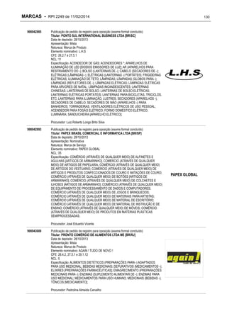 MARCAS - RPI 2249 de 11/02/2014
906942985

130

Publicação de pedido de registro para oposição (exame formal concluído)
Titular: PONTO SUL INTERNATIONAL BUSINESS LTDA [BR/SC]
Data de depósito: 28/10/2013
Apresentação: Mista
Natureza: Marca de Produto
Elemento nominativo: L.H.S
CFE: 26.2.7 e 27.5.1
NCL: 11
Especificação: ACENDEDOR DE GÁS; ACENDEDORES *; APARELHOS DE
ILUMINAÇÃO DE LED [DIODOS EMISSORES DE LUZ]; AR (APARELHOS PARA
RESFRIAMENTO DO -); BOLSO (LANTERNAS DE -); CABELO (SECADORES DE -);
ELÉTRICAS (LÂMPADAS -); ELÉTRICAS (LANTERNAS -) PORTÁTEIS; FRIGIDEIRAS
ELÉTRICAS; ILUMINAÇÃO DE TETO; LÂMPADAS; LÂMPADAS (GLOBOS PARA -);
LÂMPADAS (REFLETORES DE -); LÂMPADAS ELÉTRICAS; LÂMPADAS ELÉTRICAS
PARA ÁRVORES DE NATAL; LÂMPADAS INCANDESCENTES; LANTERNAS
CHINESAS; LANTERNAS DE BOLSO; LANTERNAS DE BOLSO ELÉTRICAS;
LANTERNAS ELÉTRICAS PORTÁTEIS; LANTERNAS PARA BICICLETAS, TRICICLOS,
ETC; LANTERNAS PARA ILUMINAÇÃO; LUSTRES; SECADORES (APARELHOS -);
SECADORES DE CABELO; SECADORES DE MÃO (APARELHOS -) PARA
BANHEIROS; TORRADEIRAS; VENTILADORES ELÉTRICOS DE USO PESSOAL;
ACENDEDOR PARA FOGÃO ELÉTRICO; FORNO DOMÉSTICO ELÉTRICO;
LUMINÁRIA; SANDUICHEIRA [APARELHO ELÉTRICO];
Procurador: Luiz Roberto Longo Brito Silva

906942993

Publicação de pedido de registro para oposição (exame formal concluído)
Titular: PAPEX BRASIL COMERCIAL E INFORMATICA LTDA [BR/SP]
Data de depósito: 28/10/2013
Apresentação: Nominativa
Natureza: Marca de Serviço
Elemento nominativo: PAPEX GLOBAL
NCL: 35
Especificação: COMÉRCIO (ATRAVÉS DE QUALQUER MEIO) DE ALFINETES E
AGULHAS [ARTIGOS DE ARMARINHO]; COMÉRCIO (ATRAVÉS DE QUALQUER
MEIO) DE ARTIGOS DE PAPELARIA; COMÉRCIO (ATRAVÉS DE QUALQUER MEIO)
DE ARTIGOS DO VESTUÁRIO; COMÉRCIO (ATRAVÉS DE QUALQUER MEIO) DE
ARTIGOS E PRODUTOS CONFECCIONADOS DE COURO E IMITAÇÕES DE COURO;
COMÉRCIO (ATRAVÉS DE QUALQUER MEIO) DE BOTÕES [ARTIGOS DE
ARMARINHO]; COMÉRCIO (ATRAVÉS DE QUALQUER MEIO) DE COLCHETES E
ILHOSES [ARTIGOS DE ARMARINHO]; COMÉRCIO (ATRAVÉS DE QUALQUER MEIO)
DE EQUIPAMENTO DE PROCESSAMENTO DE DADOS E COMPUTADORES;
COMÉRCIO (ATRAVÉS DE QUALQUER MEIO) DE JOGOS E BRINQUEDOS;
COMÉRCIO (ATRAVÉS DE QUALQUER MEIO) DE MATERIAIS PARA ARTISTAS;
COMÉRCIO (ATRAVÉS DE QUALQUER MEIO) DE MATERIAL DE ESCRITÓRIO;
COMÉRCIO (ATRAVÉS DE QUALQUER MEIO) DE MATERIAL DE INSTRUÇÃO E DE
ENSINO; COMÉRCIO (ATRAVÉS DE QUALQUER MEIO) DE MÓVEIS; COMÉRCIO
(ATRAVÉS DE QUALQUER MEIO) DE PRODUTOS EM MATÉRIAS PLÁSTICAS
SEMIPROCESSADAS;
Procurador: José Eduardo Vicente

906943000

Publicação de pedido de registro para oposição (exame formal concluído)
Titular: PRONTO COMÉRCIO DE ALIMENTOS LTDA ME [BR/RJ]
Data de depósito: 28/10/2013
Apresentação: Mista
Natureza: Marca de Produto
Elemento nominativo: AGAIN ! TUDO DE NOVO !
CFE: 26.4.2, 27.5.1 e 29.1.12
NCL: 5
Especificação: ALIMENTOS DIETÉTICOS (PREPARAÇÕES PARA -) ADAPTADOS
PARA USO MEDICINAL; BEBIDAS MEDICINAIS; DEPURATIVOS (MEDICAMENTOS -);
ELIXIRES [PREPARAÇÕES FARMACÊUTICAS]; EMAGRECIMENTO (PREPARAÇÕES
MEDICINAIS PARA -); ENZIMAS (SUPLEMENTO ALIMENTAR DE -); ENZIMAS PARA
USO MEDICINAL; MEDICAMENTOS PARA USO HUMANO; MEDICINAIS (BEBIDAS -);
TÔNICOS [MEDICAMENTO];
Procurador: Pedrolina Almeida Carvalho

PAPEX GLOBAL

 