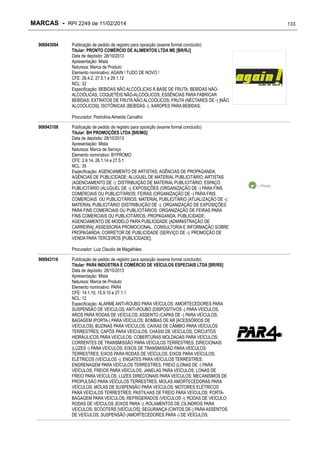 MARCAS - RPI 2249 de 11/02/2014
906943094

Publicação de pedido de registro para oposição (exame formal concluído)
Titular: PRONTO COMÉRCIO DE ALIMENTOS LTDA ME [BR/RJ]
Data de depósito: 28/10/2013
Apresentação: Mista
Natureza: Marca de Produto
Elemento nominativo: AGAIN ! TUDO DE NOVO !
CFE: 26.4.2, 27.5.1 e 29.1.12
NCL: 32
Especificação: BEBIDAS NÃO ALCOÓLICAS À BASE DE FRUTA; BEBIDAS NÃOALCOÓLICAS; COQUETÉIS NÃO-ALCOÓLICOS; ESSÊNCIAS PARA FABRICAR
BEBIDAS; EXTRATOS DE FRUTA NÃO ALCOÓLICOS; FRUTA (NÉCTARES DE -) [NÃO
ALCOÓLICOS]; ISOTÔNICAS (BEBIDAS -); XAROPES PARA BEBIDAS;
Procurador: Pedrolina Almeida Carvalho

906943108

Publicação de pedido de registro para oposição (exame formal concluído)
Titular: BH PROMOÇÕES LTDA [BR/MG]
Data de depósito: 28/10/2013
Apresentação: Mista
Natureza: Marca de Serviço
Elemento nominativo: BYPROMO
CFE: 2.9.14, 26.1.14 e 27.5.1
NCL: 35
Especificação: AGENCIAMENTO DE ARTISTAS; AGÊNCIAS DE PROPAGANDA;
AGÊNCIAS DE PUBLICIDADE; ALUGUEL DE MATERIAL PUBLICITÁRIO; ARTISTAS
(AGENCIAMENTO DE -); DISTRIBUIÇÃO DE MATERIAL PUBLICITÁRIO; ESPAÇO
PUBLICITÁRIO (ALUGUEL DE -); EXPOSIÇÕES (ORGANIZAÇÃO DE -) PARA FINS
COMERCIAIS OU PUBLICITÁRIOS; FEIRAS (ORGANIZAÇÃO DE -) PARA FINS
COMERCIAIS OU PUBLICITÁRIOS; MATERIAL PUBLICITÁRIO (ATUALIZAÇÃO DE -);
MATERIAL PUBLICITÁRIO (DISTRIBUIÇÃO DE -); ORGANIZAÇÃO DE EXPOSIÇÕES
PARA FINS COMERCIAIS OU PUBLICITÁRIOS; ORGANIZAÇÃO DE FEIRAS PARA
FINS COMERCIAIS OU PUBLICITÁRIOS; PROPAGANDA; PUBLICIDADE;
AGENCIAMENTO DE MODELO PARA PUBLICIDADE [ADMINISTRAÇÃO DE
CARREIRA]; ASSESSORIA PROMOCIONAL, CONSULTORIA E INFORMAÇÃO SOBRE
PROPAGANDA; CORRETOR DE PUBLICIDADE (SERVIÇO DE -); PROMOÇÃO DE
VENDA PARA TERCEIROS [PUBLICIDADE];
Procurador: Luiz Claudio de Magalhães

906943116

Publicação de pedido de registro para oposição (exame formal concluído)
Titular: PAR4 INDÚSTRIA E COMÉRCIO DE VEÍCULOS ESPECIAIS LTDA [BR/RS]
Data de depósito: 28/10/2013
Apresentação: Mista
Natureza: Marca de Produto
Elemento nominativo: PAR4
CFE: 14.1.10, 15.9.10 e 27.1.1
NCL: 12
Especificação: ALARME ANTI-ROUBO PARA VEÍCULOS; AMORTECEDORES PARA
SUSPENSÃO DE VEÍCULOS; ANTI-ROUBO (DISPOSITIVOS -) PARA VEÍCULOS;
AROS PARA RODAS DE VEÍCULOS; ASSENTO (CAPAS DE -) PARA VEÍCULOS;
BAGAGEM (PORTA-) PARA VEÍCULOS; BOMBAS DE AR [ACESSÓRIOS DE
VEÍCULOS]; BUZINAS PARA VEÍCULOS; CAIXAS DE CÂMBIO PARA VEÍCULOS
TERRESTRES; CAPÔS PARA VEÍCULOS; CHASSI DE VEÍCULOS; CIRCUITOS
HIDRÁULICOS PARA VEÍCULOS; COBERTURAS MOLDADAS PARA VEÍCULOS;
CORRENTES DE TRANSMISSÃO PARA VEÍCULOS TERRESTRES; DIRECIONAIS
(LUZES -) PARA VEÍCULOS; EIXOS DE TRANSMISSÃO PARA VEÍCULOS
TERRESTRES; EIXOS PARA RODAS DE VEÍCULOS; EIXOS PARA VEÍCULOS;
ELÉTRICOS (VEÍCULOS -); ENGATES PARA VEÍCULOS TERRESTRES;
ENGRENAGEM PARA VEÍCULOS TERRESTRES; FREIO (LONAS DE -) PARA
VEÍCULOS; FREIOS PARA VEÍCULOS; JANELAS PARA VEÍCULOS; LONAS DE
FREIO PARA VEÍCULOS; LUZES DIRECIONAIS PARA VEÍCULOS; MECANISMOS DE
PROPULSÃO PARA VEÍCULOS TERRESTRES; MOLAS AMORTECEDORAS PARA
VEÍCULOS; MOLAS DE SUSPENSÃO PARA VEÍCULOS; MOTORES ELÉTRICOS
PARA VEÍCULOS TERRESTRES; PASTILHAS DE FREIO PARA VEÍCULOS; PORTABAGAGEM PARA VEÍCULOS; REFRIGERADOS (VEÍCULOS -); RODAS DE VEÍCULO;
RODAS DE VEÍCULOS (EIXOS PARA -); ROLAMENTOS DE CILINDROS PARA
VEÍCULOS; SCOOTERS [VEÍCULOS]; SEGURANÇA (CINTOS DE-) PARA ASSENTOS
DE VEÍCULOS; SUSPENSÃO (AMORTECEDORES PARA -) DE VEÍCULOS;

133

 