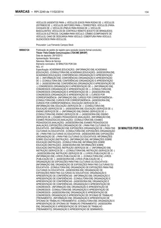 MARCAS - RPI 2249 de 11/02/2014

134

VEÍCULOS (ASSENTOS PARA -); VEÍCULOS (EIXOS PARA RODAS DE -); VEÍCULOS
(ESTRIBOS DE -); VEÍCULOS (MOTORES PARA -) TERRESTRES; VEÍCULOS (PÁRACHOQUES DE -); VEÍCULOS (PNEUS PARA RODAS DE -); VEÍCULOS
BASCULANTES; VEÍCULOS DE CONTROLE REMOTO [EXCETO DE BRINQUEDO];
VEÍCULOS ELÉTRICOS; CAÇAMBA PARA VEÍCULO; CÂMBIO [COMPONENTE DE
VEÍCULO]; CANO DE DESCARGA PARA VEÍCULO; COBERTURA PARA VEÍCULO;
SILENCIOSOS PARA VEÍCULOS;
Procurador: Luiz Fernando Campos Stock
906943124

Publicação de pedido de registro para oposição (exame formal concluído)
Titular: Feliz Cidade Comunicações LTDA-ME [BR/SP]
Data de depósito: 28/10/2013
Apresentação: Nominativa
Natureza: Marca de Serviço
Elemento nominativo: 30 MINUTOS POR DIA
NCL: 41
Especificação: ACADEMIAS [EDUCAÇÃO] - [INFORMAÇÃO EM]; ACADEMIAS
[EDUCAÇÃO] - [CONSULTORIA EM]; ACADEMIAS [EDUCAÇÃO] - [ASSESSORIA EM];
ACADEMIAS [EDUCAÇÃO]; CONFERÊNCIAS (ORGANIZAÇÃO E APRESENTAÇÃO
DE -) - [INFORMAÇÃO EM]; CONFERÊNCIAS (ORGANIZAÇÃO E APRESENTAÇÃO
DE -) - [CONSULTORIA EM]; CONFERÊNCIAS (ORGANIZAÇÃO E APRESENTAÇÃO
DE -) - [ASSESSORIA EM]; CONFERÊNCIAS (ORGANIZAÇÃO E APRESENTAÇÃO DE
-); CONGRESSOS (ORGANIZAÇÃO E APRESENTAÇÃO DE -) - [INFORMAÇÃO EM];
CONGRESSOS (ORGANIZAÇÃO E APRESENTAÇÃO DE -) - [CONSULTORIA EM];
CONGRESSOS (ORGANIZAÇÃO E APRESENTAÇÃO DE -) - [ASSESSORIA EM];
CONGRESSOS (ORGANIZAÇÃO E APRESENTAÇÃO DE -); CURSOS POR
CORRESPONDÊNCIA - [INFORMAÇÃO EM]; CURSOS POR CORRESPONDÊNCIA [CONSULTORIA EM]; CURSOS POR CORRESPONDÊNCIA - [ASSESSORIA EM];
CURSOS POR CORRESPONDÊNCIA; EDUCAÇÃO (SERVIÇOS DE -) [INFORMAÇÃO EM]; EDUCAÇÃO (SERVIÇOS DE -) - [CONSULTORIA EM];
EDUCAÇÃO (SERVIÇOS DE -) - [ASSESSORIA EM]; EDUCAÇÃO (SERVIÇOS DE -);
ENSINO (SERVIÇOS DE -) - [INFORMAÇÃO EM]; ENSINO (SERVIÇOS DE -) [CONSULTORIA EM]; ENSINO (SERVIÇOS DE -) - [ASSESSORIA EM]; ENSINO
(SERVIÇOS DE -); EXAMES PEDAGÓGICOS [AVALIAÇÃO] - [INFORMAÇÃO EM];
EXAMES PEDAGÓGICOS [AVALIAÇÃO] - [CONSULTORIA EM]; EXAMES
PEDAGÓGICOS [AVALIAÇÃO] - [ASSESSORIA EM]; EXAMES PEDAGÓGICOS
[AVALIAÇÃO]; EXPOSIÇÕES (ORGANIZAÇÃO DE -) PARA FINS CULTURAIS OU
EDUCATIVOS - [INFORMAÇÃO EM]; EXPOSIÇÕES (ORGANIZAÇÃO DE -) PARA FINS
CULTURAIS OU EDUCATIVOS - [CONSULTORIA EM]; EXPOSIÇÕES (ORGANIZAÇÃO
DE -) PARA FINS CULTURAIS OU EDUCATIVOS - [ASSESSORIA EM]; EXPOSIÇÕES
(ORGANIZAÇÃO DE -) PARA FINS CULTURAIS OU EDUCATIVOS; INFORMAÇÕES
SOBRE EDUCAÇÃO [INSTRUÇÃO] - [INFORMAÇÃO EM]; INFORMAÇÕES SOBRE
EDUCAÇÃO [INSTRUÇÃO] - [CONSULTORIA EM]; INFORMAÇÕES SOBRE
EDUCAÇÃO [INSTRUÇÃO] - [ASSESSORIA EM]; INFORMAÇÕES SOBRE
EDUCAÇÃO [INSTRUÇÃO]; INSTRUÇÃO (SERVIÇOS DE -) - [INFORMAÇÃO EM];
INSTRUÇÃO (SERVIÇOS DE -) - [CONSULTORIA EM]; INSTRUÇÃO (SERVIÇOS DE -)
- [ASSESSORIA EM]; INSTRUÇÃO (SERVIÇOS DE -); LIVROS (PUBLICAÇÃO DE -) [INFORMAÇÃO EM]; LIVROS (PUBLICAÇÃO DE -) - [CONSULTORIA EM]; LIVROS
(PUBLICAÇÃO DE -) - [ASSESSORIA EM]; LIVROS (PUBLICAÇÃO DE -);
ORGANIZAÇÃO DE EXPOSIÇÕES PARA FINS CULTURAIS OU EDUCATIVOS [INFORMAÇÃO EM]; ORGANIZAÇÃO DE EXPOSIÇÕES PARA FINS CULTURAIS OU
EDUCATIVOS - [CONSULTORIA EM]; ORGANIZAÇÃO DE EXPOSIÇÕES PARA FINS
CULTURAIS OU EDUCATIVOS - [ASSESSORIA EM]; ORGANIZAÇÃO DE
EXPOSIÇÕES PARA FINS CULTURAIS OU EDUCATIVOS; ORGANIZAÇÃO E
APRESENTAÇÃO DE CONFERÊNCIAS - [INFORMAÇÃO EM]; ORGANIZAÇÃO E
APRESENTAÇÃO DE CONFERÊNCIAS - [CONSULTORIA EM]; ORGANIZAÇÃO E
APRESENTAÇÃO DE CONFERÊNCIAS - [ASSESSORIA EM]; ORGANIZAÇÃO E
APRESENTAÇÃO DE CONFERÊNCIAS; ORGANIZAÇÃO E APRESENTAÇÃO DE
CONGRESSOS - [INFORMAÇÃO EM]; ORGANIZAÇÃO E APRESENTAÇÃO DE
CONGRESSOS - [CONSULTORIA EM]; ORGANIZAÇÃO E APRESENTAÇÃO DE
CONGRESSOS - [ASSESSORIA EM]; ORGANIZAÇÃO E APRESENTAÇÃO DE
CONGRESSOS; ORGANIZAÇÃO E APRESENTAÇÃO DE OFICINAS DE TRABALHO
[TREINAMENTO] - [INFORMAÇÃO EM]; ORGANIZAÇÃO E APRESENTAÇÃO DE
OFICINAS DE TRABALHO [TREINAMENTO] - [CONSULTORIA EM]; ORGANIZAÇÃO E
APRESENTAÇÃO DE OFICINAS DE TRABALHO [TREINAMENTO] - [ASSESSORIA
EM]; ORGANIZAÇÃO E APRESENTAÇÃO DE OFICINAS DE TRABALHO
[TREINAMENTO]; ORGANIZAÇÃO E APRESENTAÇÃO DE SEMINÁRIOS -

30 MINUTOS POR DIA

 