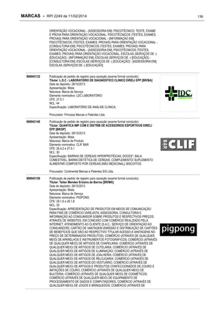 MARCAS - RPI 2249 de 11/02/2014
ORIENTAÇÃO VOCACIONAL - [ASSESSORIA EM]; PSICOTÉCNICO; TESTE, EXAME
E PROVA PARA ORIENTAÇÃO VOCACIONAL; PSICOTÉCNICOS (TESTES, EXAMES,
PROVAS) PARA ORIENTAÇÃO VOCACIONAL - [INFORMAÇÃO EM];
PSICOTÉCNICOS (TESTES, EXAMES, PROVAS) PARA ORIENTAÇÃO VOCACIONAL [CONSULTORIA EM]; PSICOTÉCNICOS (TESTES, EXAMES, PROVAS) PARA
ORIENTAÇÃO VOCACIONAL - [ASSESSORIA EM]; PSICOTÉCNICOS (TESTES,
EXAMES, PROVAS) PARA ORIENTAÇÃO VOCACIONAL; ESCOLAS (SERVIÇOS DE -)
[EDUCAÇÃO] - [INFORMAÇÃO EM]; ESCOLAS (SERVIÇOS DE -) [EDUCAÇÃO] [CONSULTORIA EM]; ESCOLAS (SERVIÇOS DE -) [EDUCAÇÃO] - [ASSESSORIA EM];
ESCOLAS (SERVIÇOS DE -) [EDUCAÇÃO];
906943132

Publicação de pedido de registro para oposição (exame formal concluído)
Titular: L.D.C - LABORATORIO DE DIAGNOSTICO CLINICO EIRELI EPP [BR/BA]
Data de depósito: 28/10/2013
Apresentação: Mista
Natureza: Marca de Serviço
Elemento nominativo: LDC LABORATÓRIO
CFE: 27.5.1
NCL: 44
Especificação: LABORATÓRIO DE ANÁLISE CLÍNICA;
Procurador: Princesa Marcas e Patentes Ltda.

906943140

Publicação de pedido de registro para oposição (exame formal concluído)
Titular: QUANTICA IMP COM E DISTRIB DE ACESSORIOS ESPORTIVOS EIRELI
EPP [BR/SP]
Data de depósito: 28/10/2013
Apresentação: Mista
Natureza: Marca de Produto
Elemento nominativo: CLIF BAR
CFE: 26.4.2 e 27.5.1
NCL: 30
Especificação: BARRAS DE CEREAIS HIPERPROTÉICAS; DOCES*; BALA
COMESTÍVEL; BARRA DIETÉTICA DE CEREAIS; COMPLEMENTO/ SUPLEMENTO
ALIMENTAR COMPOSTO POR CEREAIS [NÃO MEDICINAL]; BISCOITOS;
Procurador: Continental Marcas e Patentes S/S Ltda.

906943159

Publicação de pedido de registro para oposição (exame formal concluído)
Titular: Tailan Mendes Ericeira de Barros [BR/MA]
Data de depósito: 28/10/2013
Apresentação: Mista
Natureza: Marca de Serviço
Elemento nominativo: PIGPONG
CFE: 29.1.6 e 29.1.8
NCL: 35
Especificação: APRESENTAÇÃO DE PRODUTOS EM MEIOS DE COMUNICAÇÃO
PARA FINS DE COMÉRCIO VAREJISTA; ASSESSORIA, CONSULTORIA E
INFORMAÇÃO AO CONSUMIDOR SOBRE PRODUTOS E RESPECTIVOS PREÇOS,
ATRAVÉS DE WEBSITES, EM CONEXÃO COM COMÉRCIO REALIZADO PELA
INTERNET; ATENDIMENTO AO CLIENTE [S.A.C.; SERVIÇO DE ORIENTAÇÃO AO
CONSUMIDOR]; CARTÃO DE VANTAGEM (EMISSÃO E DISTRIBUIÇÃO DE CARTÕES
DE BENEFÍCIOS QUE DÃO AO RESPECTIVO TITULAR ACESSO A VANTAGENS NO
PREÇO DE DETERMINADOS PRODUTOS); COMÉRCIO (ATRAVÉS DE QUALQUER
MEIO) DE APARELHOS E INSTRUMENTOS FOTOGRÁFICOS; COMÉRCIO (ATRAVÉS
DE QUALQUER MEIO) DE ARTIGOS DE CHAPELARIA; COMÉRCIO (ATRAVÉS DE
QUALQUER MEIO) DE ARTIGOS DE CUTELARIA; COMÉRCIO (ATRAVÉS DE
QUALQUER MEIO) DE ARTIGOS DE ILUMINAÇÃO; COMÉRCIO (ATRAVÉS DE
QUALQUER MEIO) DE ARTIGOS DE JOALHERIA; COMÉRCIO (ATRAVÉS DE
QUALQUER MEIO) DE ARTIGOS DE RELOJOARIA; COMÉRCIO (ATRAVÉS DE
QUALQUER MEIO) DE ARTIGOS DO VESTUÁRIO; COMÉRCIO (ATRAVÉS DE
QUALQUER MEIO) DE ARTIGOS E PRODUTOS CONFECCIONADOS DE COURO E
IMITAÇÕES DE COURO; COMÉRCIO (ATRAVÉS DE QUALQUER MEIO) DE
BIJUTERIA; COMÉRCIO (ATRAVÉS DE QUALQUER MEIO) DE COSMÉTICOS;
COMÉRCIO (ATRAVÉS DE QUALQUER MEIO) DE EQUIPAMENTO DE
PROCESSAMENTO DE DADOS E COMPUTADORES; COMÉRCIO (ATRAVÉS DE
QUALQUER MEIO) DE JOGOS E BRINQUEDOS; COMÉRCIO (ATRAVÉS DE

136

 