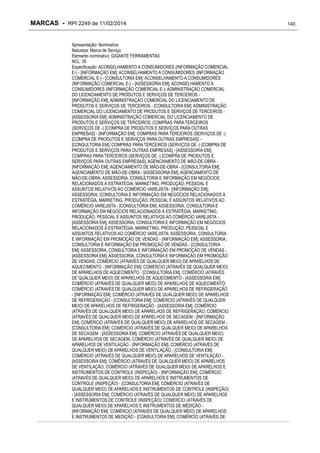 MARCAS - RPI 2249 de 11/02/2014
Apresentação: Nominativa
Natureza: Marca de Serviço
Elemento nominativo: GIGANTE FERRAMENTAS
NCL: 35
Especificação: ACONSELHAMENTO A CONSUMIDORES (INFORMAÇÃO COMERCIAL
E-) - [INFORMAÇÃO EM]; ACONSELHAMENTO A CONSUMIDORES (INFORMAÇÃO
COMERCIAL E-) - [CONSULTORIA EM]; ACONSELHAMENTO A CONSUMIDORES
(INFORMAÇÃO COMERCIAL E-) - [ASSESSORIA EM]; ACONSELHAMENTO A
CONSUMIDORES (INFORMAÇÃO COMERCIAL E-); ADMINISTRAÇÃO COMERCIAL
DO LICENCIAMENTO DE PRODUTOS E SERVIÇOS DE TERCEIROS [INFORMAÇÃO EM]; ADMINISTRAÇÃO COMERCIAL DO LICENCIAMENTO DE
PRODUTOS E SERVIÇOS DE TERCEIROS - [CONSULTORIA EM]; ADMINISTRAÇÃO
COMERCIAL DO LICENCIAMENTO DE PRODUTOS E SERVIÇOS DE TERCEIROS [ASSESSORIA EM]; ADMINISTRAÇÃO COMERCIAL DO LICENCIAMENTO DE
PRODUTOS E SERVIÇOS DE TERCEIROS; COMPRAS PARA TERCEIROS
(SERVIÇOS DE -) [COMPRA DE PRODUTOS E SERVIÇOS PARA OUTRAS
EMPRESAS] - [INFORMAÇÃO EM]; COMPRAS PARA TERCEIROS (SERVIÇOS DE -)
[COMPRA DE PRODUTOS E SERVIÇOS PARA OUTRAS EMPRESAS] [CONSULTORIA EM]; COMPRAS PARA TERCEIROS (SERVIÇOS DE -) [COMPRA DE
PRODUTOS E SERVIÇOS PARA OUTRAS EMPRESAS] - [ASSESSORIA EM];
COMPRAS PARA TERCEIROS (SERVIÇOS DE -) [COMPRA DE PRODUTOS E
SERVIÇOS PARA OUTRAS EMPRESAS]; AGENCIAMENTO DE MÃO-DE-OBRA [INFORMAÇÃO EM]; AGENCIAMENTO DE MÃO-DE-OBRA - [CONSULTORIA EM];
AGENCIAMENTO DE MÃO-DE-OBRA - [ASSESSORIA EM]; AGENCIAMENTO DE
MÃO-DE-OBRA; ASSESSORIA, CONSULTORIA E INFORMAÇÃO EM NEGÓCIOS
RELACIONADOS À ESTRATÉGIA, MARKETING, PRODUÇÃO, PESSOAL E
ASSUNTOS RELATIVOS AO COMÉRCIO VAREJISTA - [INFORMAÇÃO EM];
ASSESSORIA, CONSULTORIA E INFORMAÇÃO EM NEGÓCIOS RELACIONADOS À
ESTRATÉGIA, MARKETING, PRODUÇÃO, PESSOAL E ASSUNTOS RELATIVOS AO
COMÉRCIO VAREJISTA - [CONSULTORIA EM]; ASSESSORIA, CONSULTORIA E
INFORMAÇÃO EM NEGÓCIOS RELACIONADOS À ESTRATÉGIA, MARKETING,
PRODUÇÃO, PESSOAL E ASSUNTOS RELATIVOS AO COMÉRCIO VAREJISTA [ASSESSORIA EM]; ASSESSORIA, CONSULTORIA E INFORMAÇÃO EM NEGÓCIOS
RELACIONADOS À ESTRATÉGIA, MARKETING, PRODUÇÃO, PESSOAL E
ASSUNTOS RELATIVOS AO COMÉRCIO VAREJISTA; ASSESSORIA, CONSULTORIA
E INFORMAÇÃO EM PROMOÇÃO DE VENDAS - [INFORMAÇÃO EM]; ASSESSORIA,
CONSULTORIA E INFORMAÇÃO EM PROMOÇÃO DE VENDAS - [CONSULTORIA
EM]; ASSESSORIA, CONSULTORIA E INFORMAÇÃO EM PROMOÇÃO DE VENDAS [ASSESSORIA EM]; ASSESSORIA, CONSULTORIA E INFORMAÇÃO EM PROMOÇÃO
DE VENDAS; COMÉRCIO (ATRAVÉS DE QUALQUER MEIO) DE APARELHOS DE
AQUECIMENTO - [INFORMAÇÃO EM]; COMÉRCIO (ATRAVÉS DE QUALQUER MEIO)
DE APARELHOS DE AQUECIMENTO - [CONSULTORIA EM]; COMÉRCIO (ATRAVÉS
DE QUALQUER MEIO) DE APARELHOS DE AQUECIMENTO - [ASSESSORIA EM];
COMÉRCIO (ATRAVÉS DE QUALQUER MEIO) DE APARELHOS DE AQUECIMENTO;
COMÉRCIO (ATRAVÉS DE QUALQUER MEIO) DE APARELHOS DE REFRIGERAÇÃO
- [INFORMAÇÃO EM]; COMÉRCIO (ATRAVÉS DE QUALQUER MEIO) DE APARELHOS
DE REFRIGERAÇÃO - [CONSULTORIA EM]; COMÉRCIO (ATRAVÉS DE QUALQUER
MEIO) DE APARELHOS DE REFRIGERAÇÃO - [ASSESSORIA EM]; COMÉRCIO
(ATRAVÉS DE QUALQUER MEIO) DE APARELHOS DE REFRIGERAÇÃO; COMÉRCIO
(ATRAVÉS DE QUALQUER MEIO) DE APARELHOS DE SECAGEM - [INFORMAÇÃO
EM]; COMÉRCIO (ATRAVÉS DE QUALQUER MEIO) DE APARELHOS DE SECAGEM [CONSULTORIA EM]; COMÉRCIO (ATRAVÉS DE QUALQUER MEIO) DE APARELHOS
DE SECAGEM - [ASSESSORIA EM]; COMÉRCIO (ATRAVÉS DE QUALQUER MEIO)
DE APARELHOS DE SECAGEM; COMÉRCIO (ATRAVÉS DE QUALQUER MEIO) DE
APARELHOS DE VENTILAÇÃO - [INFORMAÇÃO EM]; COMÉRCIO (ATRAVÉS DE
QUALQUER MEIO) DE APARELHOS DE VENTILAÇÃO - [CONSULTORIA EM];
COMÉRCIO (ATRAVÉS DE QUALQUER MEIO) DE APARELHOS DE VENTILAÇÃO [ASSESSORIA EM]; COMÉRCIO (ATRAVÉS DE QUALQUER MEIO) DE APARELHOS
DE VENTILAÇÃO; COMÉRCIO (ATRAVÉS DE QUALQUER MEIO) DE APARELHOS E
INSTRUMENTOS DE CONTROLE (INSPEÇÃO) - [INFORMAÇÃO EM]; COMÉRCIO
(ATRAVÉS DE QUALQUER MEIO) DE APARELHOS E INSTRUMENTOS DE
CONTROLE (INSPEÇÃO) - [CONSULTORIA EM]; COMÉRCIO (ATRAVÉS DE
QUALQUER MEIO) DE APARELHOS E INSTRUMENTOS DE CONTROLE (INSPEÇÃO)
- [ASSESSORIA EM]; COMÉRCIO (ATRAVÉS DE QUALQUER MEIO) DE APARELHOS
E INSTRUMENTOS DE CONTROLE (INSPEÇÃO); COMÉRCIO (ATRAVÉS DE
QUALQUER MEIO) DE APARELHOS E INSTRUMENTOS DE MEDIÇÃO [INFORMAÇÃO EM]; COMÉRCIO (ATRAVÉS DE QUALQUER MEIO) DE APARELHOS
E INSTRUMENTOS DE MEDIÇÃO - [CONSULTORIA EM]; COMÉRCIO (ATRAVÉS DE

140

 