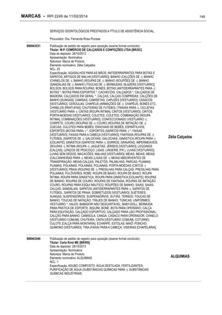 MARCAS - RPI 2249 de 11/02/2014

148

SERVIÇOS ODONTOLÓGICOS PRESTADOS A TÍTULO DE ASSISTÊNCIA SOCIAL;
Procurador: Dra. Fernanda Rosa Picosse
906943531

906943540

Publicação de pedido de registro para oposição (exame formal concluído)
Titular: W.P. COMÉRCIO DE CALÇADOS E CONFEÇÕES LTDA [BR/SC]
Data de depósito: 28/10/2013
Apresentação: Nominativa
Natureza: Marca de Produto
Elemento nominativo: Zélia Calçados
NCL: 25
Especificação: AGASALHOS PARA AS MÃOS; ANTIDERRAPANTES PARA BOTAS E
SAPATOS; ARTIGOS DE MALHA [VESTUÁRIO]; BANHO (CALÇÕES DE -); BANHO
(CHINELOS DE -); BANHO (ROUPAS DE -); BANHO (ROUPÕES DE -); BANHO
(SANDÁLIAS DE -); BANHO (TOUCAS DE -); BERMUDAS; BLAZERS [VESTUÁRIO];
BOLSOS; BOLSOS PARA ROUPAS; BONÉS; BOTAS (ANTIDERRAPANTES PARA -);
BOTAS *; BOTAS PARA ESPORTES *; CACHECÓIS; CALÇADOS *; CALÇADOS DE
MADEIRA; CALÇADOS EM GERAL *; CALÇAS; CALÇAS COMPRIDAS; CALÇÕES DE
BANHO [SUNGAS]; CAMISAS; CAMISETAS; CAPUZES [VESTUÁRIO]; CASACOS
[VESTUÁRIO]; CEROULAS; CHAPÉUS (ARMAÇÕES DE -); CHAPÉUS, BONÉS ETC;
CHINELOS [PANTUFAS]; CHUTEIRAS DE FUTEBOL (TRAVAS PARA -); CICLISTAS
(VESTUÁRIO PARA -); CINTAS [ROUPA ÍNTIMA]; CINTOS [VESTUÁRIO]; CINTOS
PORTA-MOEDAS [VESTUÁRIO]; COLETES; COLETES; COMBINAÇÃO [ROUPA
ÍNTIMA]; COMBINAÇÕES [VESTUÁRIO]; CONFECCIONADO (VESTUÁRIO -);
CORPETE; COURO (ROUPAS DE -); COURO (ROUPAS DE IMITAÇÃO DE -);
CUECAS; CULOTES PARA BEBÊS; ENXOVAIS DE BEBÊS; ESPARTILHOS;
ESPORTES (BOTAS PARA -) *; ESPORTES (SAPATOS PARA -) *; FAIXAS
[VESTUÁRIO]; FAIXAS PARA A CABEÇA [VESTUÁRIO]; FANTASIA (ROUPAS DE -);
FUTEBOL (SAPATOS DE -); GALOCHAS; GALOCHAS; GINÁSTICA (ROUPA PARA -)
[COLANTE]; GINÁSTICA (SAPATOS PARA -); GORROS; GRAVATAS; IMPERMEÁVEIS
(ROUPAS -); ÍNTIMA (ROUPA -); JAQUETAS; JÉRSEIS [VESTUÁRIO]; LEGGINGS
[CALÇAS]; LENÇOS DE PESCOÇO; LIGAS; LINGERIE (FR.); LUVAS [VESTUÁRIO];
LUVAS SEM DEDOS; MACACÕES; MALHAS [VESTUÁRIO]; MEIAS; MEIAS; MEIAS
(CALCANHEIRAS PARA -); MEIAS (LIGAS DE -); MEIAS ABSORVENTES DE
TRANSPIRAÇÃO; MEIAS-CALÇAS; PALETÓS; PALMILHAS; PARCAS; PIJAMAS;
PIJAMAS; POLAINAS; POLAINAS; POLAINAS; PORTA-MOEDAS (CINTOS -)
[VESTUÁRIO]; PRAIA (ROUPAS DE -); PRESILHAS PARA CALÇAS; PRESILHAS PARA
POLAINAS; PULÔVERES; ROBE; ROUPA DE BAIXO; ROUPA DE BAIXO; ROUPA
ÍNTIMA; ROUPA PARA GINÁSTICA; ROUPA PARA GINÁSTICA [COLANTE]; ROUPAS
DE BANHO; ROUPAS DE COURO; ROUPAS DE FANTASIA; ROUPAS DE IMITAÇÃO
COURO; ROUPAS PARA ESQUI NÁUTICO; ROUPÕES DE BANHO; SAIAS; SAIASCALÇAS; SANDÁLIAS; SAPATOS (ANTIDERRAPANTES PARA -); SAPATOS DE
FUTEBOL; SAPATOS DE PRAIA; SOBRETUDOS [VESTUÁRIO]; SUÉTERES;
SUNGAS; SUSPENSÓRIOS; SUSPENSÓRIOS; SUTIÃS; TERNOS; TOUCAS DE
BANHO; TOUCAS DE NATAÇÃO; TRAJES DE BANHO; TÚNICAS; UNIFORMES;
VESTUÁRIO *; XALES; BABADOR NÃO DESCARTÁVEL; BABY-DOLL; BERMUDA
PARA PRÁTICA DE ESPORTE; BIQUÍNI; BONÉ; BOTA PARA OPERÁRIO; CALÇA
PARA EQUITAÇÃO; CALÇADO ESPORTIVO; CALÇADO PARA USO PROFISSIONAL;
CALÇÃO PARA BANHO; CAMISOLA; CANGA; CASACO PARA OPERADOR; CHINELO
[VESTUÁRIO COMUM]; CHUTEIRA; CINTA [VESTUÁRIO COMUM]; COTURNO;
CULOTE [CALÇA PARA MONTARIA]; ECHARPE; ESTOLAS; MAIÔ; PONCHO;
QUIMONO [VESTUÁRIO]; TIRA (FAIXA) PARA A CABEÇA; VISEIRAS [CHAPELARIA];
Publicação de pedido de registro para oposição (exame formal concluído)
Titular: Carla Kirst ME [BR/RS]
Data de depósito: 28/10/2013
Apresentação: Nominativa
Natureza: Marca de Produto
Elemento nominativo: ALQUIMIAS
NCL: 1
Especificação: ADUBO COMPOSTO; ÁGUA DESTILADA; FERTILIZANTES;
PURIFICAÇÃO DE ÁGUA (SUBSTÂNCIAS QUÍMICAS PARA -); SUBSTÂNCIAS
QUÍMICAS INDUSTRIAIS;

Zélia Calçados

ALQUIMIAS

 