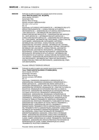 MARCAS - RPI 2249 de 11/02/2014
906943558

149

Publicação de pedido de registro para oposição (exame formal concluído)
Titular: BRAZ SALGADOS LTDA - ME [BR/PB]
Data de depósito: 28/10/2013
Apresentação: Mista
Natureza: Marca de Serviço
Elemento nominativo: AMERICAN IN BOX
CFE: 26.5.1, 27.5.1 e 27.5.3
NCL: 43
Especificação: AUTO-SERVIÇO (RESTAURANTES DE -) - [INFORMAÇÃO EM]; AUTOSERVIÇO (RESTAURANTES DE -) - [CONSULTORIA EM]; AUTO-SERVIÇO
(RESTAURANTES DE -) - [ASSESSORIA EM]; AUTO-SERVIÇO (RESTAURANTES DE ); BAR (SERVIÇOS DE -) - [INFORMAÇÃO EM]; BAR (SERVIÇOS DE -) [CONSULTORIA EM]; BAR (SERVIÇOS DE -) - [ASSESSORIA EM]; BAR (SERVIÇOS
DE -); BUFÊ (SERVIÇO DE -) - [INFORMAÇÃO EM]; BUFÊ (SERVIÇO DE -) [CONSULTORIA EM]; BUFÊ (SERVIÇO DE -) - [ASSESSORIA EM]; BUFÊ (SERVIÇO
DE -); CAFÉS [BARES] - [INFORMAÇÃO EM]; CAFÉS [BARES] - [CONSULTORIA EM];
CAFÉS [BARES] - [ASSESSORIA EM]; CAFÉS [BARES]; CAFETERIAS [INFORMAÇÃO EM]; CAFETERIAS - [CONSULTORIA EM]; CAFETERIAS [ASSESSORIA EM]; CAFETERIAS; CANTINAS - [INFORMAÇÃO EM]; CANTINAS [CONSULTORIA EM]; CANTINAS - [ASSESSORIA EM]; CANTINAS; LANCHONETES [INFORMAÇÃO EM]; LANCHONETES - [CONSULTORIA EM]; LANCHONETES [ASSESSORIA EM]; LANCHONETES; RESTAURANTES - [INFORMAÇÃO EM];
RESTAURANTES - [CONSULTORIA EM]; RESTAURANTES - [ASSESSORIA EM];
RESTAURANTES; RESTAURANTES DE AUTO-SERVIÇO - [INFORMAÇÃO EM];
RESTAURANTES DE AUTO-SERVIÇO - [CONSULTORIA EM]; RESTAURANTES DE
AUTO-SERVIÇO - [ASSESSORIA EM]; RESTAURANTES DE AUTO-SERVIÇO; CYBERCAFÉ [RESTAURANTE] - [INFORMAÇÃO EM]; CYBER-CAFÉ [RESTAURANTE] [CONSULTORIA EM]; CYBER-CAFÉ [RESTAURANTE] - [ASSESSORIA EM]; CYBERCAFÉ [RESTAURANTE];
Procurador: HERALDO TEIXEIRA DE CARVALHO

906943566

Publicação de pedido de registro para oposição (exame formal concluído)
Titular: FRANK GUENTER SALEWSKI 21751849864 [BR/RJ]
Data de depósito: 28/10/2013
Apresentação: Nominativa
Natureza: Marca de Serviço
Elemento nominativo: SETA BRAZIL
NCL: 41
Especificação: CONGRESSOS (ORGANIZAÇÃO E APRESENTAÇÃO DE -) [ASSESSORIA EM]; CONGRESSOS (ORGANIZAÇÃO E APRESENTAÇÃO DE -);
ENSINO (SERVIÇOS DE -) - [ASSESSORIA EM]; ENSINO (SERVIÇOS DE -);
EXPOSIÇÕES (ORGANIZAÇÃO DE -) PARA FINS CULTURAIS OU EDUCATIVOS [ASSESSORIA EM]; EXPOSIÇÕES (ORGANIZAÇÃO DE -) PARA FINS CULTURAIS OU
EDUCATIVOS; ORGANIZAÇÃO DE EXPOSIÇÕES PARA FINS CULTURAIS OU
EDUCATIVOS - [ASSESSORIA EM]; ORGANIZAÇÃO DE EXPOSIÇÕES PARA FINS
CULTURAIS OU EDUCATIVOS; ORGANIZAÇÃO E APRESENTAÇÃO DE
CONGRESSOS - [ASSESSORIA EM]; ORGANIZAÇÃO E APRESENTAÇÃO DE
CONGRESSOS; ORGANIZAÇÃO E APRESENTAÇÃO DE OFICINAS DE TRABALHO
[TREINAMENTO] - [ASSESSORIA EM]; ORGANIZAÇÃO E APRESENTAÇÃO DE
OFICINAS DE TRABALHO [TREINAMENTO]; ORIENTAÇÃO [TREINAMENTO] [ASSESSORIA EM]; ORIENTAÇÃO [TREINAMENTO]; PLANEJAMENTO DE FESTAS [ASSESSORIA EM]; PLANEJAMENTO DE FESTAS; PRÁTICO (TREINAMENTO -)
[DEMONSTRAÇÃO] - [ASSESSORIA EM]; PRÁTICO (TREINAMENTO -)
[DEMONSTRAÇÃO]; TREINAMENTO PRÁTICO [DEMONSTRAÇÃO] - [ASSESSORIA
EM]; TREINAMENTO PRÁTICO [DEMONSTRAÇÃO]; ASSESSORIA, CONSULTORIA E
INFORMAÇÃO EM TREINAMENTO [DEMONSTRAÇÃO][ENSINO] - [ASSESSORIA
EM]; ASSESSORIA, CONSULTORIA E INFORMAÇÃO EM TREINAMENTO
[DEMONSTRAÇÃO][ENSINO]; ASSESSORIA, CONSULTORIA E INFORMAÇÃO
ENSINO - [ASSESSORIA EM]; ASSESSORIA, CONSULTORIA E INFORMAÇÃO
ENSINO; SERVIÇOS PRESTADOS POR ENTIDADES DE REPRESENTAÇÃO DE
CLASSE, A SABER, APRESENTAÇÃO DE CURSOS, TREINAMENTOS, PALESTRAS E
SEMINÁRIOS - [ASSESSORIA EM]; SERVIÇOS PRESTADOS POR ENTIDADES DE
REPRESENTAÇÃO DE CLASSE, A SABER, APRESENTAÇÃO DE CURSOS,
TREINAMENTOS, PALESTRAS E SEMINÁRIOS;
Procurador: Solimar Jeronimo Bertoletto

SETA BRAZIL

 
