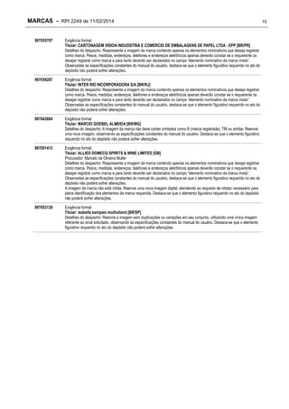 MARCAS - RPI 2249 de 11/02/2014
907035787

Exigência formal
Titular: CARTONAGEM VISION INDUDSTRIA E COMERCIO DE EMBALAGENS DE PAPEL LTDA - EPP [BR/PR]
Detalhes do despacho: Reapresente a imagem da marca contendo apenas os elementos nominativos que deseja registrar
como marca. Pesos, medidas, endereços, telefones e endereços eletrônicos apenas deverão constar se o requerente os
desejar registrar como marca e para tanto deverão ser declarados no campo ―elemento nominativo da marca mista‖.
Observadas as especificações constantes do manual do usuário, destaca-se que o elemento figurativo requerido no ato do
depósito não poderá sofrer alterações.

907036287

Exigência formal
Titular: INTER RIO INCORPORADORA S/A [BR/RJ]
Detalhes do despacho: Reapresente a imagem da marca contendo apenas os elementos nominativos que deseja registrar
como marca. Pesos, medidas, endereços, telefones e endereços eletrônicos apenas deverão constar se o requerente os
desejar registrar como marca e para tanto deverão ser declarados no campo ―elemento nominativo da marca mista‖.
Observadas as especificações constantes do manual do usuário, destaca-se que o elemento figurativo requerido no ato do
depósito não poderá sofrer alterações.

907042864

Exigência formal
Titular: MÁRCIO GOEBEL ALMEIDA [BR/MG]
Detalhes do despacho: A imagem da marca não deve conter símbolos como ® (marca registrada), TM ou similar. Reenvie
uma nova imagem, observando as especificações constantes do manual do usuário. Destaca-se que o elemento figurativo
requerido no ato do depósito não poderá sofrer alterações.

907051413

Exigência formal
Titular: ALLIED DOMECQ SPIRITS & WINE LIMITED [GB]
Procurador: Marcelo de Oliveira Muller
Detalhes do despacho: Reapresente a imagem da marca contendo apenas os elementos nominativos que deseja registrar
como marca. Pesos, medidas, endereços, telefones e endereços eletrônicos apenas deverão constar se o requerente os
desejar registrar como marca e para tanto deverão ser declarados no campo ―elemento nominativo da marca mista‖.
Observadas as especificações constantes do manual do usuário, destaca-se que o elemento figurativo requerido no ato do
depósito não poderá sofrer alterações.
A imagem da marca não está nítida. Reenvie uma nova imagem digital, atendendo ao requisito de nitidez necessário para
plena identificação dos elementos da marca requerida. Destaca-se que o elemento figurativo requerido no ato do depósito
não poderá sofrer alterações.

907053130

Exigência formal
Titular: isabella sampaio mulholland [BR/SP]
Detalhes do despacho: Reenvie a imagem sem duplicações ou variações em seu conjunto, utilizando uma única imagem
referente ao sinal solicitado, observando as especificações constantes do manual do usuário. Destaca-se que o elemento
figurativo requerido no ato do depósito não poderá sofrer alterações.

15

 