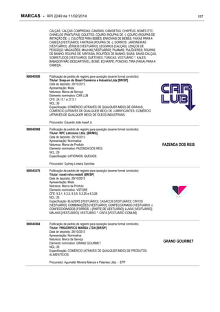 MARCAS - RPI 2249 de 11/02/2014

157

CALÇAS; CALÇAS COMPRIDAS; CAMISAS; CAMISETAS; CHAPÉUS, BONÉS ETC;
CHINELOS [PANTUFAS]; COLETES; COURO (ROUPAS DE -); COURO (ROUPAS DE
IMITAÇÃO DE -); CULOTES PARA BEBÊS; ENXOVAIS DE BEBÊS; FAIXAS PARA A
CABEÇA [VESTUÁRIO]; FANTASIA (ROUPAS DE -); GORROS; JARDINEIRAS
[VESTUÁRIO]; JÉRSEIS [VESTUÁRIO]; LEGGINGS [CALÇAS]; LENÇOS DE
PESCOÇO; MACACÕES; MALHAS [VESTUÁRIO]; PIJAMAS; PULÔVERES; ROUPAS
DE BANHO; ROUPAS DE FANTASIA; ROUPÕES DE BANHO; SAIAS; SAIAS-CALÇAS;
SOBRETUDOS [VESTUÁRIO]; SUÉTERES; TÚNICAS; VESTUÁRIO *; XALES;
BABADOR NÃO DESCARTÁVEL; BONÉ; ECHARPE; PONCHO; TIRA (FAIXA) PARA A
CABEÇA;
906943850

Publicação de pedido de registro para oposição (exame formal concluído)
Titular: Snap-on do Brasil Comércio e Industria Ltda [BR/SP]
Data de depósito: 28/10/2013
Apresentação: Mista
Natureza: Marca de Serviço
Elemento nominativo: CAR LUB
CFE: 24.15.1 e 27.5.1
NCL: 35
Especificação: COMÉRCIO (ATRAVÉS DE QUALQUER MEIO) DE GRAXAS;
COMÉRCIO (ATRAVÉS DE QUALQUER MEIO) DE LUBRIFICANTES; COMÉRCIO
(ATRAVÉS DE QUALQUER MEIO) DE ÓLEOS INDUSTRIAIS;
Procurador: Eduardo João Assef Jr.

906943868

Publicação de pedido de registro para oposição (exame formal concluído)
Titular: RPC Laticínios Ltda. [BR/MG]
Data de depósito: 28/10/2013
Apresentação: Nominativa
Natureza: Marca de Produto
Elemento nominativo: FAZENDA DOS REIS
NCL: 29
Especificação: LATICÍNIOS; QUEIJOS;

FAZENDA DOS REIS

Procurador: Sydney Limeira Sanches
906943876

Publicação de pedido de registro para oposição (exame formal concluído)
Titular: roseli relva restelli [BR/SP]
Data de depósito: 28/10/2013
Apresentação: Mista
Natureza: Marca de Produto
Elemento nominativo: VSTORE
CFE: 9.3.1, 9.3.5, 9.3.9, 9.3.25 e 9.3.26
NCL: 25
Especificação: BLAZERS [VESTUÁRIO]; CASACOS [VESTUÁRIO]; CINTOS
[VESTUÁRIO]; COMBINAÇÕES [VESTUÁRIO]; CONFECCIONADO (VESTUÁRIO -);
CONFECCIONADOS (FORROS -) [PARTE DE VESTUÁRIO]; LUVAS [VESTUÁRIO];
MALHAS [VESTUÁRIO]; VESTUÁRIO *; CINTA [VESTUÁRIO COMUM];

906943884

Publicação de pedido de registro para oposição (exame formal concluído)
Titular: FRIGORIFICO MARBA LTDA [BR/SP]
Data de depósito: 28/10/2013
Apresentação: Nominativa
Natureza: Marca de Serviço
Elemento nominativo: GRAND GOURMET
NCL: 35
Especificação: COMÉRCIO (ATRAVÉS DE QUALQUER MEIO) DE PRODUTOS
ALIMENTÍCIOS;
Procurador: Aguinaldo Moreira Marcas e Patentes Ltda. - EPP

GRAND GOURMET

 