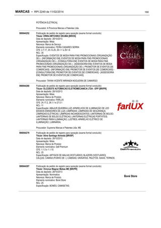 MARCAS - RPI 2249 de 11/02/2014

168

POTÊNCIA ELÉTRICA];
Procurador: A Provincia Marcas e Patentes Ltda.
906944252

Publicação de pedido de registro para oposição (exame formal concluído)
Titular: ERIKA MITCHIKO OKUMA [BR/ES]
Data de depósito: 28/10/2013
Apresentação: Mista
Natureza: Marca de Serviço
Elemento nominativo: FEIRA CASARES SERRA
CFE: 2.7.17, 25.12.25, 29.1.1 e 29.1.6
NCL: 35
Especificação: EVENTOS DE MODA PARA FINS PROMOCIONAIS (ORGANIZAÇÃO
DE-) - [INFORMAÇÃO EM]; EVENTOS DE MODA PARA FINS PROMOCIONAIS
(ORGANIZAÇÃO DE-) - [CONSULTORIA EM]; EVENTOS DE MODA PARA FINS
PROMOCIONAIS (ORGANIZAÇÃO DE-) - [ASSESSORIA EM]; EVENTOS DE MODA
PARA FINS PROMOCIONAIS (ORGANIZAÇÃO DE-); PROMOTOR DE EVENTOS [SE
COMERCIAIS] - [INFORMAÇÃO EM]; PROMOTOR DE EVENTOS [SE COMERCIAIS] [CONSULTORIA EM]; PROMOTOR DE EVENTOS [SE COMERCIAIS] - [ASSESSORIA
EM]; PROMOTOR DE EVENTOS [SE COMERCIAIS];
Procurador: TAYAN VICENTE MIRANDA NOGUEIRA DE CAMARGO

906944260

Publicação de pedido de registro para oposição (exame formal concluído)
Titular: ELCOESTE AUTOMACAO ELETROMECANICA LTDA - EPP [BR/PR]
Data de depósito: 28/10/2013
Apresentação: Mista
Natureza: Marca de Produto
Elemento nominativo: FARLUX
CFE: 24.17.2, 26.1.1 e 27.5.1
NCL: 11
Especificação: ABAJUR [QUEBRA-LUZ]; APARELHOS DE ILUMINAÇÃO DE LED
[DIODOS EMISSORES DE LUZ]; LÂMPADAS; LÂMPADAS DE SEGURANÇA;
LÂMPADAS ELÉTRICAS; LÂMPADAS INCANDESCENTES; LANTERNAS DE BOLSO;
LANTERNAS DE BOLSO ELÉTRICAS; LANTERNAS ELÉTRICAS PORTÁTEIS;
LANTERNAS PARA ILUMINAÇÃO; LUSTRES; APARELHO ELÉTRICO DE
ILUMINAÇÃO; LUMINÁRIA;
Procurador: Suprema Marcas e Patentes Ltda. ME

906944279

Publicação de pedido de registro para oposição (exame formal concluído)
Titular: Aline Santiago Almeida [BR/SP]
Data de depósito: 28/10/2013
Apresentação: Mista
Natureza: Marca de Produto
Elemento nominativo: Dell Premium
CFE: 1.1.5 e 1.1.10
NCL: 25
Especificação: ARTIGOS DE MALHA [VESTUÁRIO]; BLAZERS [VESTUÁRIO];
CALÇAS; CAMISA (PUNHO DE -); CAMISAS; GRAVATAS; PALETÓS; SAIAS; TERNOS;

906944287

Publicação de pedido de registro para oposição (exame formal concluído)
Titular: Vinicius Wagner Matias ME [BR/PR]
Data de depósito: 28/10/2013
Apresentação: Nominativa
Natureza: Marca de Produto
Elemento nominativo: Boné Store
NCL: 25
Especificação: BONÉS; CAMISETAS;

Boné Store

 