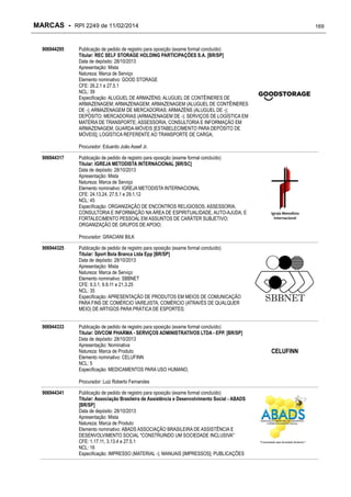 MARCAS - RPI 2249 de 11/02/2014
906944295

169

Publicação de pedido de registro para oposição (exame formal concluído)
Titular: REC SELF STORAGE HOLDING PARTICIPAÇÕES S.A. [BR/SP]
Data de depósito: 28/10/2013
Apresentação: Mista
Natureza: Marca de Serviço
Elemento nominativo: GOOD STORAGE
CFE: 26.2.1 e 27.5.1
NCL: 39
Especificação: ALUGUEL DE ARMAZÉNS; ALUGUEL DE CONTÊINERES DE
ARMAZENAGEM; ARMAZENAGEM; ARMAZENAGEM (ALUGUEL DE CONTÊINERES
DE -); ARMAZENAGEM DE MERCADORIAS; ARMAZÉNS (ALUGUEL DE -);
DEPÓSITO; MERCADORIAS (ARMAZENAGEM DE -); SERVIÇOS DE LOGÍSTICA EM
MATÉRIA DE TRANSPORTE; ASSESSORIA, CONSULTORIA E INFORMAÇÃO EM
ARMAZENAGEM; GUARDA-MÓVEIS [ESTABELECIMENTO PARA DEPÓSITO DE
MÓVEIS]; LOGÍSTICA REFERENTE AO TRANSPORTE DE CARGA;
Procurador: Eduardo João Assef Jr.

906944317

Publicação de pedido de registro para oposição (exame formal concluído)
Titular: IGREJA METODISTA INTERNACIONAL [BR/SC]
Data de depósito: 28/10/2013
Apresentação: Mista
Natureza: Marca de Serviço
Elemento nominativo: IGREJA METODISTA INTERNACIONAL
CFE: 24.13.24, 27.5.1 e 29.1.12
NCL: 45
Especificação: ORGANIZAÇÃO DE ENCONTROS RELIGIOSOS; ASSESSORIA,
CONSULTORIA E INFORMAÇÃO NA ÁREA DE ESPIRITUALIDADE, AUTO-AJUDA, E
FORTALECIMENTO PESSOAL EM ASSUNTOS DE CARÁTER SUBJETIVO;
ORGANIZAÇÃO DE GRUPOS DE APOIO;
Procurador: GRACIANI BILK

906944325

Publicação de pedido de registro para oposição (exame formal concluído)
Titular: Sport Bola Branca Ltda Epp [BR/SP]
Data de depósito: 28/10/2013
Apresentação: Mista
Natureza: Marca de Serviço
Elemento nominativo: SBBNET
CFE: 9.3.1, 9.9.11 e 21.3.25
NCL: 35
Especificação: APRESENTAÇÃO DE PRODUTOS EM MEIOS DE COMUNICAÇÃO
PARA FINS DE COMÉRCIO VAREJISTA; COMÉRCIO (ATRAVÉS DE QUALQUER
MEIO) DE ARTIGOS PARA PRÁTICA DE ESPORTES;

906944333

Publicação de pedido de registro para oposição (exame formal concluído)
Titular: DIVCOM PHARMA - SERVIÇOS ADMINISTRATIVOS LTDA - EPP. [BR/SP]
Data de depósito: 28/10/2013
Apresentação: Nominativa
Natureza: Marca de Produto
Elemento nominativo: CELUFINN
NCL: 5
Especificação: MEDICAMENTOS PARA USO HUMANO;
Procurador: Luiz Roberto Fernandes

906944341

Publicação de pedido de registro para oposição (exame formal concluído)
Titular: Associação Brasileira de Assistência e Desenvolvimento Social - ABADS
[BR/SP]
Data de depósito: 28/10/2013
Apresentação: Mista
Natureza: Marca de Produto
Elemento nominativo: ABADS ASSOCIAÇÃO BRASILEIRA DE ASSISTÊNCIA E
DESENVOLVIMENTO SOCIAL "CONSTRUINDO UM SOCIEDADE INCLUSIVA"
CFE: 1.17.11, 3.13.4 e 27.5.1
NCL: 16
Especificação: IMPRESSO (MATERIAL -); MANUAIS [IMPRESSOS]; PUBLICAÇÕES

CELUFINN

 