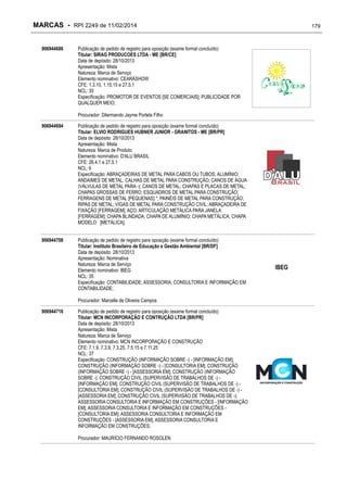 MARCAS - RPI 2249 de 11/02/2014
906944686

179

Publicação de pedido de registro para oposição (exame formal concluído)
Titular: SIRAG PRODUCOES LTDA - ME [BR/CE]
Data de depósito: 28/10/2013
Apresentação: Mista
Natureza: Marca de Serviço
Elemento nominativo: CEARÁSHOW
CFE: 1.3.10, 1.15.15 e 27.5.1
NCL: 35
Especificação: PROMOTOR DE EVENTOS [SE COMERCIAIS]; PUBLICIDADE POR
QUALQUER MEIO;
Procurador: Dilermando Jayme Portela Filho

906944694

Publicação de pedido de registro para oposição (exame formal concluído)
Titular: ELVIO RODRIGUES HUBNER JUNIOR - GRANITOS - ME [BR/PR]
Data de depósito: 28/10/2013
Apresentação: Mista
Natureza: Marca de Produto
Elemento nominativo: D'ALU BRASIL
CFE: 26.4.1 e 27.5.1
NCL: 6
Especificação: ABRAÇADEIRAS DE METAL PARA CABOS OU TUBOS; ALUMÍNIO;
ANDAIMES DE METAL; CALHAS DE METAL PARA CONSTRUÇÃO; CANOS DE ÁGUA
(VÁLVULAS DE METAL PARA -); CANOS DE METAL; CHAPAS E PLACAS DE METAL;
CHAPAS GROSSAS DE FERRO; ESQUADROS DE METAL PARA CONSTRUÇÃO;
FERRAGENS DE METAL [PEQUENAS] *; PAINÉIS DE METAL PARA CONSTRUÇÃO;
RIPAS DE METAL; VIGAS DE METAL PARA CONSTRUÇÃO CIVIL; ABRAÇADEIRA DE
FIXAÇÃO [FERRAGEM]; AÇO; ARTICULAÇÃO METÁLICA PARA JANELA
[FERRAGEM]; CHAPA BLINDADA; CHAPA DE ALUMÍNIO; CHAPA METÁLICA; CHAPA
MODELO [METÁLICA];

906944708

Publicação de pedido de registro para oposição (exame formal concluído)
Titular: Instituto Brasileiro de Educação e Gestão Ambiental [BR/DF]
Data de depósito: 28/10/2013
Apresentação: Nominativa
Natureza: Marca de Serviço
Elemento nominativo: IBEG
NCL: 35
Especificação: CONTABILIDADE; ASSESSORIA, CONSULTORIA E INFORMAÇÃO EM
CONTABILIDADE;
Procurador: Marcelle de Oliveira Campos

906944716

Publicação de pedido de registro para oposição (exame formal concluído)
Titular: MCN INCORPORAÇÃO E CONTRUÇÃO LTDA [BR/PR]
Data de depósito: 28/10/2013
Apresentação: Mista
Natureza: Marca de Serviço
Elemento nominativo: MCN INCORPORAÇÃO E CONSTRUÇÃO
CFE: 7.1.9, 7.3.9, 7.3.25, 7.5.15 e 7.11.25
NCL: 37
Especificação: CONSTRUÇÃO (INFORMAÇÃO SOBRE -) - [INFORMAÇÃO EM];
CONSTRUÇÃO (INFORMAÇÃO SOBRE -) - [CONSULTORIA EM]; CONSTRUÇÃO
(INFORMAÇÃO SOBRE -) - [ASSESSORIA EM]; CONSTRUÇÃO (INFORMAÇÃO
SOBRE -); CONSTRUÇÃO CIVIL (SUPERVISÃO DE TRABALHOS DE -) [INFORMAÇÃO EM]; CONSTRUÇÃO CIVIL (SUPERVISÃO DE TRABALHOS DE -) [CONSULTORIA EM]; CONSTRUÇÃO CIVIL (SUPERVISÃO DE TRABALHOS DE -) [ASSESSORIA EM]; CONSTRUÇÃO CIVIL (SUPERVISÃO DE TRABALHOS DE -);
ASSESSORIA CONSULTORIA E INFORMAÇÃO EM CONSTRUÇÕES - [INFORMAÇÃO
EM]; ASSESSORIA CONSULTORIA E INFORMAÇÃO EM CONSTRUÇÕES [CONSULTORIA EM]; ASSESSORIA CONSULTORIA E INFORMAÇÃO EM
CONSTRUÇÕES - [ASSESSORIA EM]; ASSESSORIA CONSULTORIA E
INFORMAÇÃO EM CONSTRUÇÕES;
Procurador: MAURÍCIO FERNANDO ROSOLEN

IBEG

 