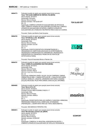 MARCAS - RPI 2249 de 11/02/2014
906944775

Publicação de pedido de registro para oposição (exame formal concluído)
Titular: TOK GLASS COMÉRCIO DE CRISTAIS LTDA [BR/RS]
Data de depósito: 28/10/2013
Apresentação: Nominativa
Natureza: Marca de Serviço
Elemento nominativo: TOK GLASS GIFT
NCL: 35
Especificação: COMÉRCIO (ATRAVÉS DE QUALQUER MEIO) DE ARTIGOS DE
VIDRO; COMÉRCIO (ATRAVÉS DE QUALQUER MEIO) DE ESPELHOS; COMÉRCIO
(ATRAVÉS DE QUALQUER MEIO) DE MÓVEIS; COMÉRCIO (ATRAVÉS DE
QUALQUER MEIO) DE UTENSÍLIOS E RECIPIENTES PARA A CASA OU A COZINHA;

181

TOK GLASS GIFT

Procurador: Cláudio José Martins Costa Gonçalves
906944783

Publicação de pedido de registro para oposição (exame formal concluído)
Titular: ESTÚDIO BLU LTDA - ME [BR/SP]
Data de depósito: 28/10/2013
Apresentação: Mista
Natureza: Marca de Serviço
Elemento nominativo: ELA DIZ
CFE: 27.5.1
NCL: 41
Especificação: EVENTOS DESPORTIVOS (CRONOMETRAGEM DE -);
ORGANIZAÇÃO DE COMPETIÇÕES [EDUCAÇÃO OU ENTRETENIMENTO];
ORGANIZAÇÃO E APRESENTAÇÃO DE CONFERÊNCIAS; ORGANIZAÇÃO E
APRESENTAÇÃO DE CONGRESSOS; PROMOTOR DE EVENTOS [SE
ARTÍSTICOS/CULTURAIS];
Procurador: Pezzuol & Associados Marcas e Patentes Ltda.

906944791

Publicação de pedido de registro para oposição (exame formal concluído)
Titular: CARMELITA ALEXANDRINO DIAS PAES [BR/MG]
Data de depósito: 28/10/2013
Apresentação: Mista
Natureza: Marca de Produto
Elemento nominativo: Majuca
CFE: 9.3.1, 9.3.2, 9.3.3, 9.3.5 e 9.3.25
NCL: 25
Especificação: BERMUDAS; BONÉS; CALÇAS; CALÇAS COMPRIDAS; CAMISAS;
CAMISAS (PALAS PARA -); CAMISAS (PEITILHOS DE -); CASACOS [VESTUÁRIO];
CHAPÉUS, BONÉS ETC; JAQUETAS; JARDINEIRAS [VESTUÁRIO]; LEGGINGS
[CALÇAS]; MACACÕES; PALAS PARA CAMISAS; SAIAS-CALÇAS; UNIFORMES;

906944805

Publicação de pedido de registro para oposição (exame formal concluído)
Titular: Manica S.P.A. [IT]
Data de depósito: 28/10/2013
Prioridade unionista: RM2013C003696 21/06/2013 IT
Apresentação: Mista
Natureza: Marca de Produto
Elemento nominativo: MANICA
CFE: 27.5.1
NCL: 5
Especificação: DESINFETANTES PARA USO HIGIÊNICO; FUNGICIDAS; HERBICIDAS;
PREPARAÇÕES FARMACÊUTICAS; VERMÍFUGOS; VETERINÁRIAS
(PREPARAÇÕES -); DESINFETANTE PARA USO TÓPICO (MEDICAMENTO);
Procurador: IDEA MARCAS E PATENTES LTDA.

906944813

Publicação de pedido de registro para oposição (exame formal concluído)
Titular: Mercedes-Benz do Brasil Ltda. [BR/SP]
Data de depósito: 28/10/2013
Apresentação: Nominativa
Natureza: Marca de Serviço
Elemento nominativo: ECONFORT
NCL: 35
Especificação: COMERCIAL OU INDUSTRIAL (ASSESSORIA EM GESTÃO -);
COMÉRCIO (ATRAVÉS DE QUALQUER MEIO) DE VEÍCULOS; PROGRAMA DE

ECONFORT

 