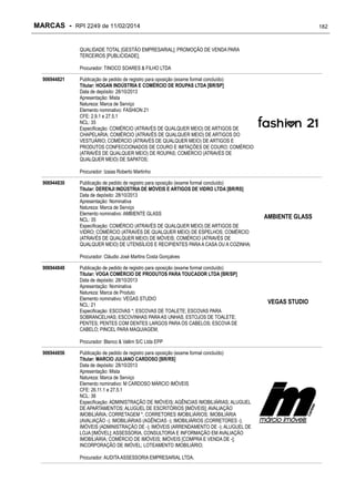 MARCAS - RPI 2249 de 11/02/2014

182

QUALIDADE TOTAL [GESTÃO EMPRESARIAL]; PROMOÇÃO DE VENDA PARA
TERCEIROS [PUBLICIDADE];
Procurador: TINOCO SOARES & FILHO LTDA
906944821

Publicação de pedido de registro para oposição (exame formal concluído)
Titular: HOGAN INDÚSTRIA E COMÉRCIO DE ROUPAS LTDA [BR/SP]
Data de depósito: 28/10/2013
Apresentação: Mista
Natureza: Marca de Serviço
Elemento nominativo: FASHION 21
CFE: 2.9.1 e 27.5.1
NCL: 35
Especificação: COMÉRCIO (ATRAVÉS DE QUALQUER MEIO) DE ARTIGOS DE
CHAPELARIA; COMÉRCIO (ATRAVÉS DE QUALQUER MEIO) DE ARTIGOS DO
VESTUÁRIO; COMÉRCIO (ATRAVÉS DE QUALQUER MEIO) DE ARTIGOS E
PRODUTOS CONFECCIONADOS DE COURO E IMITAÇÕES DE COURO; COMÉRCIO
(ATRAVÉS DE QUALQUER MEIO) DE ROUPAS; COMÉRCIO (ATRAVÉS DE
QUALQUER MEIO) DE SAPATOS;
Procurador: Izaias Roberto Martinho

906944830

Publicação de pedido de registro para oposição (exame formal concluído)
Titular: DERENJI INDÚSTRIA DE MÓVEIS E ARTIGOS DE VIDRO LTDA [BR/RS]
Data de depósito: 28/10/2013
Apresentação: Nominativa
Natureza: Marca de Serviço
Elemento nominativo: AMBIENTE GLASS
NCL: 35
Especificação: COMÉRCIO (ATRAVÉS DE QUALQUER MEIO) DE ARTIGOS DE
VIDRO; COMÉRCIO (ATRAVÉS DE QUALQUER MEIO) DE ESPELHOS; COMÉRCIO
(ATRAVÉS DE QUALQUER MEIO) DE MÓVEIS; COMÉRCIO (ATRAVÉS DE
QUALQUER MEIO) DE UTENSÍLIOS E RECIPIENTES PARA A CASA OU A COZINHA;

AMBIENTE GLASS

Procurador: Cláudio José Martins Costa Gonçalves
906944848

Publicação de pedido de registro para oposição (exame formal concluído)
Titular: VOGA COMÉRCIO DE PRODUTOS PARA TOUCADOR LTDA [BR/SP]
Data de depósito: 28/10/2013
Apresentação: Nominativa
Natureza: Marca de Produto
Elemento nominativo: VEGAS STUDIO
NCL: 21
Especificação: ESCOVAS *; ESCOVAS DE TOALETE; ESCOVAS PARA
SOBRANCELHAS; ESCOVINHAS PARA AS UNHAS; ESTOJOS DE TOALETE;
PENTES; PENTES COM DENTES LARGOS PARA OS CABELOS; ESCOVA DE
CABELO; PINCEL PARA MAQUIAGEM;
Procurador: Blanco & Vallim S/C Ltda EPP

906944856

Publicação de pedido de registro para oposição (exame formal concluído)
Titular: MARCIO JULIANO CARDOSO [BR/RS]
Data de depósito: 28/10/2013
Apresentação: Mista
Natureza: Marca de Serviço
Elemento nominativo: M CARDOSO MÁRCIO IMÓVEIS
CFE: 26.11.1 e 27.5.1
NCL: 36
Especificação: ADMINISTRAÇÃO DE IMÓVEIS; AGÊNCIAS IMOBILIÁRIAS; ALUGUEL
DE APARTAMENTOS; ALUGUEL DE ESCRITÓRIOS [IMÓVEIS]; AVALIAÇÃO
IMOBILIÁRIA; CORRETAGEM *; CORRETORES IMOBILIÁRIOS; IMOBILIÁRIA
(AVALIAÇÃO -); IMOBILIÁRIAS (AGÊNCIAS -); IMOBILIÁRIOS (CORRETORES -);
IMÓVEIS (ADMINISTRAÇÃO DE -); IMÓVEIS (ARRENDAMENTO DE -); ALUGUEL DE
LOJA [IMÓVEL]; ASSESSORIA, CONSULTORIA E INFORMAÇÃO EM AVALIAÇÃO
IMOBILIÁRIA; COMÉRCIO DE IMÓVEIS; IMÓVEIS [COMPRA E VENDA DE -];
INCORPORAÇÃO DE IMÓVEL; LOTEAMENTO IMOBILIÁRIO;
Procurador: AUDITA ASSESSORIA EMPRESARIAL LTDA.

VEGAS STUDIO

 