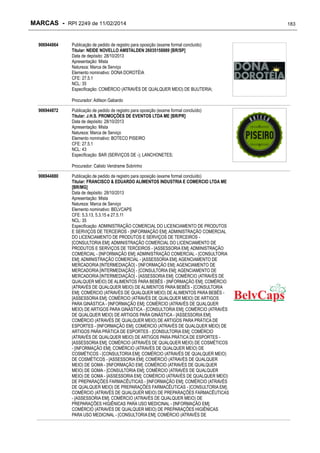 MARCAS - RPI 2249 de 11/02/2014
906944864

Publicação de pedido de registro para oposição (exame formal concluído)
Titular: NEIDE NOVELLO AMSTALDEN 26035158889 [BR/SP]
Data de depósito: 28/10/2013
Apresentação: Mista
Natureza: Marca de Serviço
Elemento nominativo: DONA DOROTÉIA
CFE: 27.5.1
NCL: 35
Especificação: COMÉRCIO (ATRAVÉS DE QUALQUER MEIO) DE BIJUTERIA;
Procurador: Adilson Gabardo

906944872

Publicação de pedido de registro para oposição (exame formal concluído)
Titular: J.H.S. PROMOÇÕES DE EVENTOS LTDA ME [BR/PR]
Data de depósito: 28/10/2013
Apresentação: Mista
Natureza: Marca de Serviço
Elemento nominativo: BOTECO PISEIRO
CFE: 27.5.1
NCL: 43
Especificação: BAR (SERVIÇOS DE -); LANCHONETES;
Procurador: Calisto Vendrame Sobrinho

906944880

Publicação de pedido de registro para oposição (exame formal concluído)
Titular: FRANCISCO & EDUARDO ALIMENTOS INDUSTRIA E COMERCIO LTDA ME
[BR/MG]
Data de depósito: 28/10/2013
Apresentação: Mista
Natureza: Marca de Serviço
Elemento nominativo: BELVCAPS
CFE: 5.3.13, 5.3.15 e 27.5.11
NCL: 35
Especificação: ADMINISTRAÇÃO COMERCIAL DO LICENCIAMENTO DE PRODUTOS
E SERVIÇOS DE TERCEIROS - [INFORMAÇÃO EM]; ADMINISTRAÇÃO COMERCIAL
DO LICENCIAMENTO DE PRODUTOS E SERVIÇOS DE TERCEIROS [CONSULTORIA EM]; ADMINISTRAÇÃO COMERCIAL DO LICENCIAMENTO DE
PRODUTOS E SERVIÇOS DE TERCEIROS - [ASSESSORIA EM]; ADMINISTRAÇÃO
COMERCIAL - [INFORMAÇÃO EM]; ADMINISTRAÇÃO COMERCIAL - [CONSULTORIA
EM]; ADMINISTRAÇÃO COMERCIAL - [ASSESSORIA EM]; AGENCIAMENTO DE
MERCADORIA [INTERMEDIAÇÃO] - [INFORMAÇÃO EM]; AGENCIAMENTO DE
MERCADORIA [INTERMEDIAÇÃO] - [CONSULTORIA EM]; AGENCIAMENTO DE
MERCADORIA [INTERMEDIAÇÃO] - [ASSESSORIA EM]; COMÉRCIO (ATRAVÉS DE
QUALQUER MEIO) DE ALIMENTOS PARA BEBÊS - [INFORMAÇÃO EM]; COMÉRCIO
(ATRAVÉS DE QUALQUER MEIO) DE ALIMENTOS PARA BEBÊS - [CONSULTORIA
EM]; COMÉRCIO (ATRAVÉS DE QUALQUER MEIO) DE ALIMENTOS PARA BEBÊS [ASSESSORIA EM]; COMÉRCIO (ATRAVÉS DE QUALQUER MEIO) DE ARTIGOS
PARA GINÁSTICA - [INFORMAÇÃO EM]; COMÉRCIO (ATRAVÉS DE QUALQUER
MEIO) DE ARTIGOS PARA GINÁSTICA - [CONSULTORIA EM]; COMÉRCIO (ATRAVÉS
DE QUALQUER MEIO) DE ARTIGOS PARA GINÁSTICA - [ASSESSORIA EM];
COMÉRCIO (ATRAVÉS DE QUALQUER MEIO) DE ARTIGOS PARA PRÁTICA DE
ESPORTES - [INFORMAÇÃO EM]; COMÉRCIO (ATRAVÉS DE QUALQUER MEIO) DE
ARTIGOS PARA PRÁTICA DE ESPORTES - [CONSULTORIA EM]; COMÉRCIO
(ATRAVÉS DE QUALQUER MEIO) DE ARTIGOS PARA PRÁTICA DE ESPORTES [ASSESSORIA EM]; COMÉRCIO (ATRAVÉS DE QUALQUER MEIO) DE COSMÉTICOS
- [INFORMAÇÃO EM]; COMÉRCIO (ATRAVÉS DE QUALQUER MEIO) DE
COSMÉTICOS - [CONSULTORIA EM]; COMÉRCIO (ATRAVÉS DE QUALQUER MEIO)
DE COSMÉTICOS - [ASSESSORIA EM]; COMÉRCIO (ATRAVÉS DE QUALQUER
MEIO) DE GOMA - [INFORMAÇÃO EM]; COMÉRCIO (ATRAVÉS DE QUALQUER
MEIO) DE GOMA - [CONSULTORIA EM]; COMÉRCIO (ATRAVÉS DE QUALQUER
MEIO) DE GOMA - [ASSESSORIA EM]; COMÉRCIO (ATRAVÉS DE QUALQUER MEIO)
DE PREPARAÇÕES FARMACÊUTICAS - [INFORMAÇÃO EM]; COMÉRCIO (ATRAVÉS
DE QUALQUER MEIO) DE PREPARAÇÕES FARMACÊUTICAS - [CONSULTORIA EM];
COMÉRCIO (ATRAVÉS DE QUALQUER MEIO) DE PREPARAÇÕES FARMACÊUTICAS
- [ASSESSORIA EM]; COMÉRCIO (ATRAVÉS DE QUALQUER MEIO) DE
PREPARAÇÕES HIGIÊNICAS PARA USO MEDICINAL - [INFORMAÇÃO EM];
COMÉRCIO (ATRAVÉS DE QUALQUER MEIO) DE PREPARAÇÕES HIGIÊNICAS
PARA USO MEDICINAL - [CONSULTORIA EM]; COMÉRCIO (ATRAVÉS DE

183

 