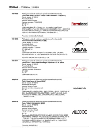MARCAS - RPI 2249 de 11/02/2014
906944996

187

Publicação de pedido de registro para oposição (exame formal concluído)
Titular: ARROBA INDUSTRIA DE PRODUTOS VETERINARIOS LTDA [BR/MT]
Data de depósito: 28/10/2013
Apresentação: Mista
Natureza: Marca de Produto
Elemento nominativo: FERROFOOD
CFE: 27.5.1
NCL: 5
Especificação: AMINOÁCIDOS PARA USO VETERINÁRIO; BIOLÓGICAS
(PREPARAÇÕES -) PARA USO VETERINÁRIO; CÃES (LOÇÕES PARA -); GORDURAS
PARA USO VETERINÁRIO; LOÇÕES PARA USO VETERINÁRIO; MEDICAMENTOS
PARA USO VETERINÁRIO; VETERINÁRIAS (PREPARAÇÕES -);
Procurador: Geraldo da Cunha Macedo

906945003

Publicação de pedido de registro para oposição (exame formal concluído)
Titular: Mamani Flores Martin Nazario [PE]
Data de depósito: 28/10/2013
Apresentação: Mista
Natureza: Marca de Produto
Elemento nominativo: CORNAVIN
CFE: 3.9.1 e 27.5.1
NCL: 14
Especificação: CRONÔMETROS [RELÓGIOS DE PRECISÃO]; JOALHERIA /
BIJUTERIA (ARTIGOS DE -); PULSEIRAS DE RELÓGIOS; RELÓGIOS DE PULSO;
Procurador: LEÃO PROPRIEDADE INTELECTUAL

906945011

Publicação de pedido de registro para oposição (exame formal concluído)
Titular: Garcia e Muniz Comercio de Artigos Esportivos LTDA ME [BR/SP]
Data de depósito: 28/10/2013
Apresentação: Mista
Natureza: Marca de Produto
Elemento nominativo: SóSapatilha
CFE: 9.9.1
NCL: 25
Especificação: CALÇADOS *;

906945020

Publicação de pedido de registro para oposição (exame formal concluído)
Titular: Gisela Santos de Macedo [BR/SP]
Data de depósito: 28/10/2013
Apresentação: Nominativa
Natureza: Marca de Produto
Elemento nominativo: recheio com bolo
NCL: 30
Especificação: BOLO (MASSA PARA -); BOLO (PÓ PARA -); BOLOS; COBERTURA DE
BOLO [GLACÊ]; GENGIBRE (BOLO OU PÃO DE -); MASSA PARA BOLO; MASSA
PARA BOLO; PÓ PARA BOLO; BOLO, PREPARADO PARA CONSUMO FINAL,
CONFEITADO OU NÃO;

906945038

Publicação de pedido de registro para oposição (exame formal concluído)
Titular: VAGNER ROSWADOSKI [BR/SC]
Data de depósito: 28/10/2013
Apresentação: Mista
Natureza: Marca de Serviço
Elemento nominativo: ALUJOI
CFE: 27.5.1 e 29.1.12
NCL: 35
Especificação: COMÉRCIO (ATRAVÉS DE QUALQUER MEIO) DE APARELHOS DE
AQUECIMENTO; COMÉRCIO (ATRAVÉS DE QUALQUER MEIO) DE APARELHOS DE
COZIMENTO; COMÉRCIO (ATRAVÉS DE QUALQUER MEIO) DE ARTIGOS DE
CUTELARIA; COMÉRCIO (ATRAVÉS DE QUALQUER MEIO) DE PRODUTOS DE
METAL COMUM; REPRESENTAÇÃO COMERCIAL;
Procurador: GRACIANI BILK

recheio com bolo

 