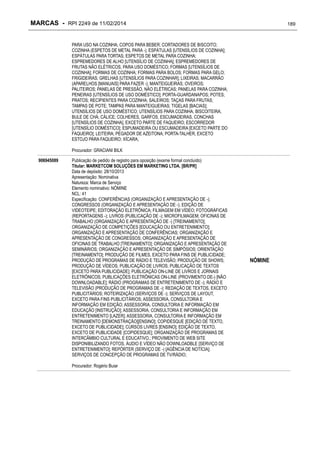 MARCAS - RPI 2249 de 11/02/2014

189

PARA USO NA COZINHA; COPOS PARA BEBER; CORTADORES DE BISCOITO;
COZINHA (ESPETOS DE METAL PARA -); ESPÁTULAS [UTENSÍLIOS DE COZINHA];
ESPÁTULAS PARA TORTAS; ESPETOS DE METAL PARA COZINHA;
ESPREMEDORES DE ALHO [UTENSÍLIO DE COZINHA]; ESPREMEDORES DE
FRUTAS NÃO ELÉTRICOS, PARA USO DOMÉSTICO; FORMAS [UTENSÍLIOS DE
COZINHA]; FORMAS DE COZINHA; FORMAS PARA BOLOS; FORMAS PARA GELO;
FRIGIDEIRAS; GRELHAS [UTENSÍLIOS PARA COZINHAR]; LIXEIRAS; MACARRÃO
(APARELHOS [MANUAIS] PARA FAZER -); MANTEIGUEIRAS; OVEIROS;
PALITEIROS; PANELAS DE PRESSÃO, NÃO ELÉTRICAS; PANELAS PARA COZINHA;
PENEIRAS [UTENSÍLIOS DE USO DOMÉSTICO]; PORTA-GUARDANAPOS; POTES;
PRATOS; RECIPIENTES PARA COZINHA; SALEIROS; TAÇAS PARA FRUTAS;
TAMPAS DE POTE; TAMPAS PARA MANTEIGUEIRAS; TIGELAS [BACIAS];
UTENSÍLIOS DE USO DOMÉSTICO; UTENSÍLIOS PARA COZINHA; BISCOITEIRA;
BULE DE CHÁ; CÁLICE; COLHERES, GARFOS, ESCUMADEIRAS, CONCHAS
[UTENSÍLIOS DE COZINHA], EXCETO PARTE DE FAQUEIRO; ESCORREDOR
[UTENSÍLIO DOMÉSTICO]; ESPUMADEIRA OU ESCUMADEIRA [EXCETO PARTE DO
FAQUEIRO]; LEITEIRA; PEGADOR DE AZEITONA; PORTA-TALHER, EXCETO
ESTOJO PARA FAQUEIRO; XÍCARA;
Procurador: GRACIANI BILK
906945089

Publicação de pedido de registro para oposição (exame formal concluído)
Titular: MARKETCOM SOLUÇÕES EM MARKETING LTDA. [BR/PR]
Data de depósito: 28/10/2013
Apresentação: Nominativa
Natureza: Marca de Serviço
Elemento nominativo: NÓMINE
NCL: 41
Especificação: CONFERÊNCIAS (ORGANIZAÇÃO E APRESENTAÇÃO DE -);
CONGRESSOS (ORGANIZAÇÃO E APRESENTAÇÃO DE -); EDIÇÃO DE
VIDEOTEIPE; EDITORAÇÃO ELETRÔNICA; FILMAGEM EM VÍDEO; FOTOGRÁFICAS
(REPORTAGENS -); LIVROS (PUBLICAÇÃO DE -); MICROFILMAGEM; OFICINAS DE
TRABALHO (ORGANIZAÇÃO E APRESENTAÇÃO DE -) [TREINAMENTO];
ORGANIZAÇÃO DE COMPETIÇÕES [EDUCAÇÃO OU ENTRETENIMENTO];
ORGANIZAÇÃO E APRESENTAÇÃO DE CONFERÊNCIAS; ORGANIZAÇÃO E
APRESENTAÇÃO DE CONGRESSOS; ORGANIZAÇÃO E APRESENTAÇÃO DE
OFICINAS DE TRABALHO [TREINAMENTO]; ORGANIZAÇÃO E APRESENTAÇÃO DE
SEMINÁRIOS; ORGANIZAÇÃO E APRESENTAÇÃO DE SIMPÓSIOS; ORIENTAÇÃO
[TREINAMENTO]; PRODUÇÃO DE FILMES, EXCETO PARA FINS DE PUBLICIDADE;
PRODUÇÃO DE PROGRAMAS DE RÁDIO E TELEVISÃO; PRODUÇÃO DE SHOWS;
PRODUÇÃO DE VÍDEOS; PUBLICAÇÃO DE LIVROS; PUBLICAÇÃO DE TEXTOS
[EXCETO PARA PUBLICIDADE]; PUBLICAÇÃO ON-LINE DE LIVROS E JORNAIS
ELETRÔNICOS; PUBLICAÇÕES ELETRÔNICAS ON-LINE (PROVIMENTO DE-) [NÃO
DOWNLOADABLE]; RÁDIO (PROGRAMAS DE ENTRETENIMENTO DE -); RÁDIO E
TELEVISÃO (PRODUÇÃO DE PROGRAMAS DE -); REDAÇÃO DE TEXTOS, EXCETO
PUBLICITÁRIOS; ROTEIRIZAÇÃO (SERVIÇOS DE -); SERVIÇOS DE LAYOUT,
EXCETO PARA FINS PUBLICITÁRIOS; ASSESSORIA, CONSULTORIA E
INFORMAÇÃO EM EDIÇÃO; ASSESSORIA, CONSULTORIA E INFORMAÇÃO EM
EDUCAÇÃO [INSTRUÇÃO]; ASSESSORIA, CONSULTORIA E INFORMAÇÃO EM
ENTRETENIMENTO [LAZER]; ASSESSORIA, CONSULTORIA E INFORMAÇÃO EM
TREINAMENTO [DEMONSTRAÇÃO][ENSINO]; COPIDESQUE [EDIÇÃO DE TEXTO,
EXCETO DE PUBLICIDADE]; CURSOS LIVRES [ENSINO]; EDIÇÃO DE TEXTO,
EXCETO DE PUBLICIDADE [COPIDESQUE]; ORGANIZAÇÃO DE PROGRAMAS DE
INTERCÂMBIO CULTURAL E EDUCATIVO.; PROVIMENTO DE WEB SITE
DISPONIBILIZANDO FOTOS, ÁUDIO E VÍDEO NÃO DOWNLOADBLE [SERVIÇO DE
ENTRETENIMENTO]; REPÓRTER (SERVIÇO DE -) [AGÊNCIA DE NOTÍCIA];
SERVIÇOS DE CONCEPÇÃO DE PROGRAMAS DE TV/RÁDIO;
Procurador: Rogério Buiar

NÓMINE

 