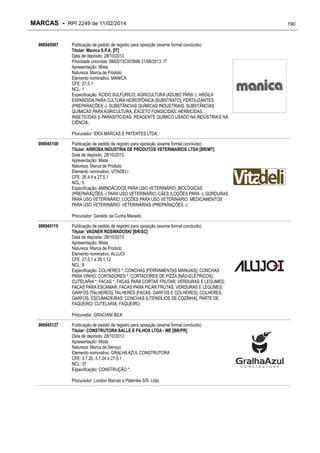 MARCAS - RPI 2249 de 11/02/2014
906945097

Publicação de pedido de registro para oposição (exame formal concluído)
Titular: Manica S.P.A. [IT]
Data de depósito: 28/10/2013
Prioridade unionista: RM2013C003696 21/06/2013 IT
Apresentação: Mista
Natureza: Marca de Produto
Elemento nominativo: MANICA
CFE: 27.5.1
NCL: 1
Especificação: ÁCIDO SULFÚRICO; AGRICULTURA (ADUBO PARA -); ARGILA
EXPANDIDA PARA CULTURA HIDROPÔNICA [SUBSTRATO]; FERTILIZANTES
(PREPARAÇÕES -); SUBSTÂNCIAS QUÍMICAS INDUSTRIAIS; SUBSTÂNCIAS
QUÍMICAS PARA AGRICULTURA, EXCETO FUNGICIDAS, HERBICIDAS,
INSETICIDAS E PARASITICIDAS; REAGENTE QUÍMICO USADO NA INDÚSTRIA E NA
CIÊNCIA;
Procurador: IDEA MARCAS E PATENTES LTDA.

906945100

Publicação de pedido de registro para oposição (exame formal concluído)
Titular: ARROBA INDUSTRIA DE PRODUTOS VETERINARIOS LTDA [BR/MT]
Data de depósito: 28/10/2013
Apresentação: Mista
Natureza: Marca de Produto
Elemento nominativo: VITADELI
CFE: 26.4.4 e 27.5.1
NCL: 5
Especificação: AMINOÁCIDOS PARA USO VETERINÁRIO; BIOLÓGICAS
(PREPARAÇÕES -) PARA USO VETERINÁRIO; CÃES (LOÇÕES PARA -); GORDURAS
PARA USO VETERINÁRIO; LOÇÕES PARA USO VETERINÁRIO; MEDICAMENTOS
PARA USO VETERINÁRIO; VETERINÁRIAS (PREPARAÇÕES -);
Procurador: Geraldo da Cunha Macedo

906945119

Publicação de pedido de registro para oposição (exame formal concluído)
Titular: VAGNER ROSWADOSKI [BR/SC]
Data de depósito: 28/10/2013
Apresentação: Mista
Natureza: Marca de Produto
Elemento nominativo: ALUJOI
CFE: 27.5.1 e 29.1.12
NCL: 8
Especificação: COLHERES *; CONCHAS [FERRAMENTAS MANUAIS]; CONCHAS
PARA VINHO; CORTADORES *; CORTADORES DE PIZZA [NÃO-ELÉTRICOS];
CUTELARIA *; FACAS *; FACAS PARA CORTAR FRUTAR, VERDURAS E LEGUMES;
FACAS PARA ESCAMAR; FACAS PARA PICAR FRUTAS, VERDURAS E LEGUMES;
GARFOS [TALHERES]; TALHERES [FACAS, GARFOS E COLHERES]; COLHERES,
GARFOS, ESCUMADEIRAS, CONCHAS [UTENSÍLIOS DE COZINHA], PARTE DE
FAQUEIRO; CUTELARIA; FAQUEIRO;
Procurador: GRACIANI BILK

906945127

Publicação de pedido de registro para oposição (exame formal concluído)
Titular: CONSTRUTORA SALLE E FILHOS LTDA - ME [BR/PR]
Data de depósito: 28/10/2013
Apresentação: Mista
Natureza: Marca de Serviço
Elemento nominativo: GRALHA AZUL CONSTRUTORA
CFE: 3.7.20, 3.7.24 e 27.5.1
NCL: 37
Especificação: CONSTRUÇÃO *;
Procurador: London Marcas e Patentes S/S Ltda.

190

 