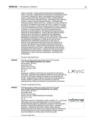 MARCAS - RPI 2249 de 11/02/2014
RÁDIO E TELEVISÃO - [CONSULTORIA EM]; PRODUÇÃO DE PROGRAMAS DE
RÁDIO E TELEVISÃO - [ASSESSORIA EM]; PRODUÇÃO DE PROGRAMAS DE RÁDIO
E TELEVISÃO; PRODUÇÃO DE VÍDEOS - [INFORMAÇÃO EM]; PRODUÇÃO DE
VÍDEOS - [CONSULTORIA EM]; PRODUÇÃO DE VÍDEOS - [ASSESSORIA EM];
PRODUÇÃO DE VÍDEOS; PRODUÇÃO MUSICAL - [INFORMAÇÃO EM]; PRODUÇÃO
MUSICAL - [CONSULTORIA EM]; PRODUÇÃO MUSICAL - [ASSESSORIA EM];
PRODUÇÃO MUSICAL; AGENTE ARTÍSTICO; LITERÁRIO E CULTURAL [PROMOTOR
DE EVENTO] - [INFORMAÇÃO EM]; AGENTE ARTÍSTICO; LITERÁRIO E CULTURAL
[PROMOTOR DE EVENTO] - [CONSULTORIA EM]; AGENTE ARTÍSTICO; LITERÁRIO
E CULTURAL [PROMOTOR DE EVENTO] - [ASSESSORIA EM]; AGENTE ARTÍSTICO;
LITERÁRIO E CULTURAL [PROMOTOR DE EVENTO]; BANDA DE MÚSICA
[SERVIÇOS DE ENTRETENIMENTO] - [INFORMAÇÃO EM]; BANDA DE MÚSICA
[SERVIÇOS DE ENTRETENIMENTO] - [CONSULTORIA EM]; BANDA DE MÚSICA
[SERVIÇOS DE ENTRETENIMENTO] - [ASSESSORIA EM]; EMPRESÁRIO
[ORGANIZAÇÃO E PRODUÇÃO DE ESPETÁCULOS] - [INFORMAÇÃO EM];
EMPRESÁRIO [ORGANIZAÇÃO E PRODUÇÃO DE ESPETÁCULOS] - [CONSULTORIA
EM]; EMPRESÁRIO [ORGANIZAÇÃO E PRODUÇÃO DE ESPETÁCULOS] [ASSESSORIA EM]; EMPRESÁRIO [ORGANIZAÇÃO E PRODUÇÃO DE
ESPETÁCULOS]; GRAVAÇÕES MUSICAIS EM VHS/DVD/CD (SERVIÇOS DE
ESTÚDIO) - [INFORMAÇÃO EM]; GRAVAÇÕES MUSICAIS EM VHS/DVD/CD
(SERVIÇOS DE ESTÚDIO) - [CONSULTORIA EM]; GRAVAÇÕES MUSICAIS EM
VHS/DVD/CD (SERVIÇOS DE ESTÚDIO) - [ASSESSORIA EM]; GRUPO MUSICAL [INFORMAÇÃO EM]; GRUPO MUSICAL - [CONSULTORIA EM]; GRUPO MUSICAL [ASSESSORIA EM]; GRUPO MUSICAL; SONORIZAÇÃO - [INFORMAÇÃO EM];
SONORIZAÇÃO - [CONSULTORIA EM]; SONORIZAÇÃO - [ASSESSORIA EM];
SONORIZAÇÃO;
Procurador: Sérgio Zanella Coppi
906945259

Publicação de pedido de registro para oposição (exame formal concluído)
Titular: FLORI COMÉRCIO DE MODAS LTDA. [BR/RJ]
Data de depósito: 28/10/2013
Apresentação: Mista
Natureza: Marca de Serviço
Elemento nominativo: LAVIC
CFE: 27.5.1
NCL: 35
Especificação: COMÉRCIO (ATRAVÉS DE QUALQUER MEIO) DE ARTIGOS DO
VESTUÁRIO - [ASSESSORIA EM]; COMÉRCIO (ATRAVÉS DE QUALQUER MEIO) DE
ARTIGOS DO VESTUÁRIO; COMÉRCIO (ATRAVÉS DE QUALQUER MEIO) DE
ROUPAS - [ASSESSORIA EM]; COMÉRCIO (ATRAVÉS DE QUALQUER MEIO) DE
ROUPAS; COMÉRCIO (ATRAVÉS DE QUALQUER MEIO) DE SAPATOS [ASSESSORIA EM]; COMÉRCIO (ATRAVÉS DE QUALQUER MEIO) DE SAPATOS;
Procurador: Ivanilda Maria de Oliveira

906945267

Publicação de pedido de registro para oposição (exame formal concluído)
Titular: MARKETCOM SOLUÇÕES EM MARKETING LTDA. [BR/PR]
Data de depósito: 28/10/2013
Apresentação: Mista
Natureza: Marca de Produto
Elemento nominativo: NÓMINE BRANDING FOR BUSINESS
CFE: 27.5.1 e 27.5.2
NCL: 16
Especificação: BILHETES; CALENDÁRIOS; CARTAS, CARTÕES, ETC *; CATÁLOGOS;
CIRCULARES; DECALQUES; ENCADERNAÇÕES; FOLHETOS; IMAGENS
[REPRESENTAÇÕES GRÁFICAS]; IMPRESSÃO (CONJUNTOS PORTÁTEIS PARA -)
[MATERIAL DE ESCRITÓRIO]; IMPRESSAS (PUBLICAÇÕES -); IMPRESSO
(MATERIAL -); IMPRESSOS [GRAVURAS]; JORNAIS; LIVROS; MANUAIS
[IMPRESSOS]; PANFLETOS; PANFLETOS [FLYERS]; PERIÓDICOS; PROSPECTOS;
REVISTAS [PERIÓDICOS]; REVISTAS EM QUADRINHOS; AGENDA; ANUÁRIO;
BOLETIM INFORMATIVO; CARTÃO; DIÁRIO; FOTÓTIPO [CLICHÊ];
Procurador: Rogério Buiar

196

 