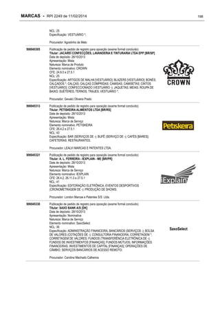 MARCAS - RPI 2249 de 11/02/2014

198

NCL: 25
Especificação: VESTUÁRIO *;
Procurador: Agostinho de Melo
906945305

Publicação de pedido de registro para oposição (exame formal concluído)
Titular: JACAREÍ CONFECÇÕES, LAVANDERIA E TINTURARIA LTDA EPP [BR/SP]
Data de depósito: 28/10/2013
Apresentação: Mista
Natureza: Marca de Produto
Elemento nominativo: CROWN
CFE: 24.9.5 e 27.5.1
NCL: 25
Especificação: ARTIGOS DE MALHA [VESTUÁRIO]; BLAZERS [VESTUÁRIO]; BONÉS;
CALÇADOS *; CALÇAS; CALÇAS COMPRIDAS; CAMISAS; CAMISETAS; CINTOS
[VESTUÁRIO]; CONFECCIONADO (VESTUÁRIO -); JAQUETAS; MEIAS; ROUPA DE
BAIXO; SUÉTERES; TERNOS; TRAJES; VESTUÁRIO *;
Procurador: Gevalci Oliveira Prado

906945313

Publicação de pedido de registro para oposição (exame formal concluído)
Titular: PETISKEIRA ALIMENTOS LTDA [BR/RS]
Data de depósito: 28/10/2013
Apresentação: Mista
Natureza: Marca de Serviço
Elemento nominativo: PETISKEIRA
CFE: 26.4.2 e 27.5.1
NCL: 43
Especificação: BAR (SERVIÇOS DE -); BUFÊ (SERVIÇO DE -); CAFÉS [BARES];
CAFETERIAS; RESTAURANTES;
Procurador: LEALVI MARCAS E PATENTES LTDA.

906945321

Publicação de pedido de registro para oposição (exame formal concluído)
Titular: A. L. FERREIRA - IEXPLAIN - ME [BR/PR]
Data de depósito: 28/10/2013
Apresentação: Mista
Natureza: Marca de Serviço
Elemento nominativo: IEXPLAIN
CFE: 26.4.2, 26.11.3 e 27.5.1
NCL: 41
Especificação: EDITORAÇÃO ELETRÔNICA; EVENTOS DESPORTIVOS
(CRONOMETRAGEM DE -); PRODUÇÃO DE SHOWS;
Procurador: London Marcas e Patentes S/S Ltda.

906945330

Publicação de pedido de registro para oposição (exame formal concluído)
Titular: SAXO BANK A/S [DK]
Data de depósito: 28/10/2013
Apresentação: Nominativa
Natureza: Marca de Serviço
Elemento nominativo: SaxoSelect
NCL: 36
Especificação: ADMINISTRAÇÃO FINANCEIRA; BANCÁRIOS (SERVIÇOS -); BOLSA
DE VALORES (COTAÇÕES DE -); CONSULTORIA FINANCEIRA; CORRETAGEM *;
CORRETAGEM DE VALORES; FUNDOS (TRANSFERÊNCIA ELETRÔNICA DE -);
FUNDOS DE INVESTIMENTOS [FINANÇAS]; FUNDOS MÚTUOS; INFORMAÇÕES
FINANCEIRAS; INVESTIMENTOS DE CAPITAL [FINANÇAS]; OPERAÇÕES DE
CÂMBIO; SERVIÇOS BANCÁRIOS DE ACESSO REMOTO;
Procurador: Carolina Machado Calheiros

SaxoSelect

 