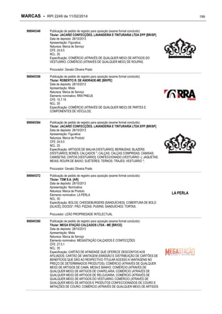 MARCAS - RPI 2249 de 11/02/2014
906945348

199

Publicação de pedido de registro para oposição (exame formal concluído)
Titular: JACAREÍ CONFECÇÕES, LAVANDERIA E TINTURARIA LTDA EPP [BR/SP]
Data de depósito: 28/10/2013
Apresentação: Figurativa
Natureza: Marca de Serviço
CFE: 24.9.5
NCL: 35
Especificação: COMÉRCIO (ATRAVÉS DE QUALQUER MEIO) DE ARTIGOS DO
VESTUÁRIO; COMÉRCIO (ATRAVÉS DE QUALQUER MEIO) DE ROUPAS;
Procurador: Gevalci Oliveira Prado

906945356

Publicação de pedido de registro para oposição (exame formal concluído)
Titular: ROBERTO R. DE ANDRADE-ME [BR/PE]
Data de depósito: 28/10/2013
Apresentação: Mista
Natureza: Marca de Serviço
Elemento nominativo: RRA PNEUS
CFE: 15.7.19
NCL: 35
Especificação: COMÉRCIO (ATRAVÉS DE QUALQUER MEIO) DE PARTES E
COMPONENTES DE VEÍCULOS;

906945364

Publicação de pedido de registro para oposição (exame formal concluído)
Titular: JACAREÍ CONFECÇÕES, LAVANDERIA E TINTURARIA LTDA EPP [BR/SP]
Data de depósito: 28/10/2013
Apresentação: Figurativa
Natureza: Marca de Produto
CFE: 24.9.5
NCL: 25
Especificação: ARTIGOS DE MALHA [VESTUÁRIO]; BERMUDAS; BLAZERS
[VESTUÁRIO]; BONÉS; CALÇADOS *; CALÇAS; CALÇAS COMPRIDAS; CAMISAS;
CAMISETAS; CINTOS [VESTUÁRIO]; CONFECCIONADO (VESTUÁRIO -); JAQUETAS;
MEIAS; ROUPA DE BAIXO; SUÉTERES; TERNOS; TRAJES; VESTUÁRIO *;
Procurador: Gevalci Oliveira Prado

906945372

Publicação de pedido de registro para oposição (exame formal concluído)
Titular: TDM S.A. [AR]
Data de depósito: 28/10/2013
Apresentação: Nominativa
Natureza: Marca de Produto
Elemento nominativo: LA PERLA
NCL: 30
Especificação: BOLOS; CHEESEBURGERS [SANDUÍCHES]; COBERTURA DE BOLO
[GLACÊ]; DOCES*; PÃO; PIZZAS; PUDINS; SANDUÍCHES; TORTAS;
Procurador: LEÃO PROPRIEDADE INTELECTUAL

906945380

Publicação de pedido de registro para oposição (exame formal concluído)
Titular: MEGA STAÇÃO CALÇADOS LTDA - ME [BR/CE]
Data de depósito: 28/10/2013
Apresentação: Mista
Natureza: Marca de Serviço
Elemento nominativo: MEGASTAÇÃO CALÇADOS E CONFECÇÕES
CFE: 27.5.1
NCL: 35
Especificação: CARTÃO DE AFINIDADE QUE OFERECE DESCONTOS AOS
AFILIADOS; CARTÃO DE VANTAGEM (EMISSÃO E DISTRIBUIÇÃO DE CARTÕES DE
BENEFÍCIOS QUE DÃO AO RESPECTIVO TITULAR ACESSO A VANTAGENS NO
PREÇO DE DETERMINADOS PRODUTOS); COMÉRCIO (ATRAVÉS DE QUALQUER
MEIO) DE ARTIGOS DE CAMA, MESA E BANHO; COMÉRCIO (ATRAVÉS DE
QUALQUER MEIO) DE ARTIGOS DE CHAPELARIA; COMÉRCIO (ATRAVÉS DE
QUALQUER MEIO) DE ARTIGOS DE RELOJOARIA; COMÉRCIO (ATRAVÉS DE
QUALQUER MEIO) DE ARTIGOS DO VESTUÁRIO; COMÉRCIO (ATRAVÉS DE
QUALQUER MEIO) DE ARTIGOS E PRODUTOS CONFECCIONADOS DE COURO E
IMITAÇÕES DE COURO; COMÉRCIO (ATRAVÉS DE QUALQUER MEIO) DE ARTIGOS

LA PERLA

 