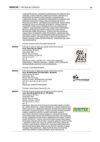 MARCAS - RPI 2249 de 11/02/2014
ALIMENTAÇÃO NATURAL, MACROBIÓTICA [PREPARAÇÃO DE ALIMENTOS PARA
CONSUMO] - [CONSULTORIA EM]; ALIMENTAÇÃO NATURAL, MACROBIÓTICA
[PREPARAÇÃO DE ALIMENTOS PARA CONSUMO] - [ASSESSORIA EM];
ALIMENTAÇÃO NATURAL, MACROBIÓTICA [PREPARAÇÃO DE ALIMENTOS PARA
CONSUMO]; ASSESSORIA, CONSULTORIA E INFORMAÇÃO RELATIVA À
PRODUÇÃO DE ALIMENTO - [INFORMAÇÃO EM]; ASSESSORIA, CONSULTORIA E
INFORMAÇÃO RELATIVA À PRODUÇÃO DE ALIMENTO - [CONSULTORIA EM];
ASSESSORIA, CONSULTORIA E INFORMAÇÃO RELATIVA À PRODUÇÃO DE
ALIMENTO - [ASSESSORIA EM]; ASSESSORIA, CONSULTORIA E INFORMAÇÃO
RELATIVA À PRODUÇÃO DE ALIMENTO; ASSESSORIA, CONSULTORIA E
INFORMAÇÕES SOBRE RESTAURANTE - [CONSULTORIA EM]; ASSESSORIA,
CONSULTORIA E INFORMAÇÕES SOBRE RESTAURANTE - [ASSESSORIA EM];
ASSESSORIA, CONSULTORIA E INFORMAÇÕES SOBRE RESTAURANTE; CYBERCAFÉ [RESTAURANTE] - [INFORMAÇÃO EM]; CYBER-CAFÉ [RESTAURANTE] [CONSULTORIA EM]; CYBER-CAFÉ [RESTAURANTE] - [ASSESSORIA EM]; CYBERCAFÉ [RESTAURANTE];
Procurador: Santos & Coutinho Propriedade Intelectual Ltda
906945585

Publicação de pedido de registro para oposição (exame formal concluído)
Titular: Editora Mol Ltda. [BR/SP]
Data de depósito: 28/10/2013
Apresentação: Mista
Natureza: Marca de Produto
Elemento nominativo: EU QUE FIZ!
CFE: 26.11.5 e 27.5.1
NCL: 16
Especificação: CARTAS, CARTÕES, ETC *; CATÁLOGOS; IMPRESSAS
(PUBLICAÇÕES -); IMPRESSO (MATERIAL -); JORNAIS; LIVROS; PERIÓDICOS;
REPRESENTAÇÕES GRÁFICAS; REVISTAS [PERIÓDICOS];
Procurador: FLAVIA MANSUR MURAD

906945593

Publicação de pedido de registro para oposição (exame formal concluído)
Titular: INTERNACIONAL PETFOODS EIRELI - ME [BR/PR]
Data de depósito: 28/10/2013
Apresentação: Mista
Natureza: Marca de Produto
Elemento nominativo: INTERNACIONAL PETFOODS
CFE: 26.1.1, 26.4.4, 26.7.25, 26.11.1 e 27.5.1
NCL: 31
Especificação: ALIMENTOS PARA ANIMAIS;
Procurador: London Marcas e Patentes S/S Ltda.

906945607

Publicação de pedido de registro para oposição (exame formal concluído)
Titular: HELITON SCHEIDT DO VALLE - EPP [BR/SP]
Data de depósito: 28/10/2013
Apresentação: Mista
Natureza: Marca de Produto
Elemento nominativo: JUNITEX
CFE: 26.4.10, 26.11.1 e 27.5.1
NCL: 25
Especificação: ANÁGUAS; ARTIGOS DE MALHA [VESTUÁRIO]; BANHO (CALÇÕES
DE -); BANHO (ROUPAS DE -); BANHO (ROUPÕES DE -); BANHO (SANDÁLIAS DE -);
BANHO (TOUCAS DE -); BERMUDAS; BIQUEIRAS; BLAZERS [VESTUÁRIO]; BONÉS;
CACHECÓIS; CALÇADOS EM GERAL *; CALÇAS; CALÇÕES DE BANHO [SUNGAS];
CAMISAS; CAMISETAS; CAPOTES; CAPUZES [VESTUÁRIO]; CASACOS
[VESTUÁRIO]; CEROULAS; CHAPÉUS, BONÉS ETC; CINTAS [ROUPA ÍNTIMA];
CINTOS [VESTUÁRIO]; CINTOS PORTA-MOEDAS [VESTUÁRIO]; COLETES [ROUPA
ÍNTIMA]; COMBINAÇÃO [ROUPA ÍNTIMA]; COMBINAÇÕES [VESTUÁRIO]; CORPETE;
COURO (ROUPAS DE -); CUECAS; FAIXAS [VESTUÁRIO]; FAIXAS PARA A CABEÇA
[VESTUÁRIO]; GINÁSTICA (ROUPA PARA -) [COLANTE]; GINÁSTICA (SAPATOS PARA
-); GRAVATAS; GUARDA-PÓS; JAQUETAS; JÉRSEIS [VESTUÁRIO]; LENÇOS DE
PESCOÇO; LIGAS DE MEIAS; LINGERIE (FR.); LUVAS [VESTUÁRIO]; MACACÕES;
MALHAS [VESTUÁRIO]; MEIAS; MEIAS-CALÇAS; PALETÓS; PENHOAR; PIJAMAS;
POLAINAS; PRAIA (ROUPAS DE -); ROBE; ROUPA DE BAIXO; ROUPA ÍNTIMA;
ROUPA PARA GINÁSTICA; ROUPAS DE BANHO; SAIAS; SAIAS-CALÇAS;

206

 