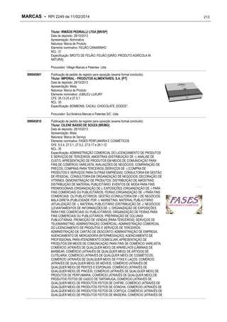 MARCAS - RPI 2249 de 11/02/2014
Titular: IRMÃOS PEDRIALLI LTDA [BR/SP]
Data de depósito: 28/10/2013
Apresentação: Nominativa
Natureza: Marca de Produto
Elemento nominativo: FEIJÃO CANARINHO
NCL: 31
Especificação: BROTO DE FEIJÃO; FEIJÃO [GRÃO, PRODUTO AGRÍCOLA IN
NATURA];
Procurador: Village Marcas e Patentes Ltda
906945801

Publicação de pedido de registro para oposição (exame formal concluído)
Titular: IMPERIAL - PRODUTOS ALIMENTARES, S.A. [PT]
Data de depósito: 28/10/2013
Apresentação: Mista
Natureza: Marca de Produto
Elemento nominativo: JUBILEU LUXURY
CFE: 26.13.25 e 27.5.1
NCL: 30
Especificação: BOMBONS; CACAU; CHOCOLATE; DOCES*;
Procurador: Sul América Marcas e Patentes S/C Ltda.

906945810

Publicação de pedido de registro para oposição (exame formal concluído)
Titular: CILENE BASSO DE SOUZA [BR/MG]
Data de depósito: 28/10/2013
Apresentação: Mista
Natureza: Marca de Serviço
Elemento nominativo: FASES PERFUMARIA E COSMÉTICOS
CFE: 5.5.4, 27.5.1, 27.5.2, 27.5.17 e 29.1.12
NCL: 35
Especificação: ADMINISTRAÇÃO COMERCIAL DO LICENCIAMENTO DE PRODUTOS
E SERVIÇOS DE TERCEIROS; AMOSTRAS (DISTRIBUIÇÃO DE -); ANÁLISE DE
CUSTO; APRESENTAÇÃO DE PRODUTOS EM MEIOS DE COMUNICAÇÃO PARA
FINS DE COMÉRCIO VAREJISTA; AVALIAÇÕES DE NEGÓCIOS; COMPARAÇÃO DE
PREÇOS; COMPRAS PARA TERCEIROS (SERVIÇOS DE -) [COMPRA DE
PRODUTOS E SERVIÇOS PARA OUTRAS EMPRESAS]; CONSULTORIA EM GESTÃO
DE PESSOAL; CONSULTORIA EM ORGANIZAÇÃO DE NEGÓCIOS; DECORAÇÃO DE
VITRINES; DEMONSTRAÇÃO DE PRODUTOS; DISTRIBUIÇÃO DE AMOSTRAS;
DISTRIBUIÇÃO DE MATERIAL PUBLICITÁRIO; EVENTOS DE MODA PARA FINS
PROMOCIONAIS (ORGANIZAÇÃO DE-); EXPOSIÇÕES (ORGANIZAÇÃO DE -) PARA
FINS COMERCIAIS OU PUBLICITÁRIOS; FEIRAS (ORGANIZAÇÃO DE -) PARA FINS
COMERCIAIS OU PUBLICITÁRIOS; GESTÃO (CONSULTORIA EM -) DE NEGÓCIOS;
MALA DIRETA (PUBLICIDADE POR -); MARKETING; MATERIAL PUBLICITÁRIO
(ATUALIZAÇÃO DE -); MATERIAL PUBLICITÁRIO (DISTRIBUIÇÃO DE -); NEGÓCIOS
(LEVANTAMENTOS DE INFORMAÇÕES DE -); ORGANIZAÇÃO DE EXPOSIÇÕES
PARA FINS COMERCIAIS OU PUBLICITÁRIOS; ORGANIZAÇÃO DE FEIRAS PARA
FINS COMERCIAIS OU PUBLICITÁRIOS; PREPARAÇÃO DE COLUNAS
PUBLICITÁRIAS; PROMOÇÃO DE VENDAS [PARA TERCEIROS]; SERVIÇOS DE
TELEMARKETING; ADMINISTRAÇÃO COMERCIAL; ADMINISTRAÇÃO COMERCIAL
DO LICENCIAMENTO DE PRODUTOS E SERVIÇOS DE TERCEIROS;
ADMINISTRAÇÃO DE CARTÃO DE DESCONTO; ADMINISTRAÇÃO DE EMPRESA;
AGENCIAMENTO DE MERCADORIA [INTERMEDIAÇÃO]; AGENCIAMENTO DE
PROFISSIONAL PARA ATENDIMENTO DOMICILIAR; APRESENTAÇÃO DE
PRODUTOS EM MEIOS DE COMUNICAÇÃO PARA FINS DE COMÉRCIO VAREJISTA;
COMÉRCIO (ATRAVÉS DE QUALQUER MEIO) DE APARELHOS [LÂMINAS] DE
BARBEAR; COMÉRCIO (ATRAVÉS DE QUALQUER MEIO) DE ARTIGOS DE
CUTELARIA; COMÉRCIO (ATRAVÉS DE QUALQUER MEIO) DE COSMÉTICOS;
COMÉRCIO (ATRAVÉS DE QUALQUER MEIO) DE FITAS E LAÇOS; COMÉRCIO
(ATRAVÉS DE QUALQUER MEIO) DE MÓVEIS; COMÉRCIO (ATRAVÉS DE
QUALQUER MEIO) DE PENTES E ESPONJAS; COMÉRCIO (ATRAVÉS DE
QUALQUER MEIO) DE PINCÉIS; COMÉRCIO (ATRAVÉS DE QUALQUER MEIO) DE
PRODUTOS DE PERFUMARIA; COMÉRCIO (ATRAVÉS DE QUALQUER MEIO) DE
PRODUTOS FEITOS DE CASCO DE TARTARUGA; COMÉRCIO (ATRAVÉS DE
QUALQUER MEIO) DE PRODUTOS FEITOS DE CHIFRE; COMÉRCIO (ATRAVÉS DE
QUALQUER MEIO) DE PRODUTOS FEITOS DE CONCHA; COMÉRCIO (ATRAVÉS DE
QUALQUER MEIO) DE PRODUTOS FEITOS DE CORTIÇA; COMÉRCIO (ATRAVÉS DE
QUALQUER MEIO) DE PRODUTOS FEITOS DE MADEIRA; COMÉRCIO (ATRAVÉS DE

213

 