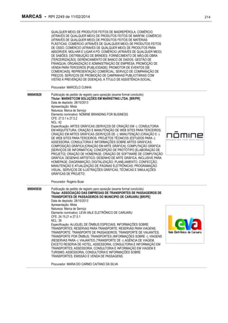 MARCAS - RPI 2249 de 11/02/2014
QUALQUER MEIO) DE PRODUTOS FEITOS DE MADREPÉROLA; COMÉRCIO
(ATRAVÉS DE QUALQUER MEIO) DE PRODUTOS FEITOS DE MARFIM; COMÉRCIO
(ATRAVÉS DE QUALQUER MEIO) DE PRODUTOS FEITOS DE MATÉRIAS
PLÁSTICAS; COMÉRCIO (ATRAVÉS DE QUALQUER MEIO) DE PRODUTOS FEITOS
DE OSSO; COMÉRCIO (ATRAVÉS DE QUALQUER MEIO) DE PRODUTOS PARA
ABSORVER, MOLHAR E LIGAR A PÓ; COMÉRCIO (ATRAVÉS DE QUALQUER MEIO)
DE SABÕES; DISTRIBUIÇÃO DE BRINDES; FORNECIMENTO DE MÃO-DE-OBRA
[TERCEIRIZAÇÃO]; GERENCIAMENTO DE BANCO DE DADOS; GESTÃO DE
FRANQUIA; ORGANIZAÇÃO E ADMINISTRAÇÃO DE EMPRESA; PROMOÇÃO DE
VENDA PARA TERCEIROS [PUBLICIDADE]; PROMOTOR DE EVENTOS [SE
COMERCIAIS]; REPRESENTAÇÃO COMERCIAL; SERVIÇO DE COMPARAÇÃO DE
PREÇOS; SERVIÇOS DE PROMOÇÃO DE CAMPANHAS PUBLICITÁRIAS COM
VISTAS À PREVENÇÃO DE DOENÇAS, A TÍTULO DE ASSISTÊNCIA SOCIAL;
Procurador: MARCELO CUNHA
906945828

Publicação de pedido de registro para oposição (exame formal concluído)
Titular: MARKETCOM SOLUÇÕES EM MARKETING LTDA. [BR/PR]
Data de depósito: 28/10/2013
Apresentação: Mista
Natureza: Marca de Serviço
Elemento nominativo: NÓMINE BRANDING FOR BUSINESS
CFE: 27.5.1 e 27.5.2
NCL: 42
Especificação: ARTES GRÁFICAS (SERVIÇOS DE CRIAÇÃO EM -); CONSULTORIA
EM ARQUITETURA; CRIAÇÃO E MANUTENÇÃO DE WEB SITES PARA TERCEIROS;
CRIAÇÃO EM ARTES GRÁFICAS (SERVIÇOS DE -); MANUTENÇÃO (CRIAÇÃO E -)
DE WEB SITES PARA TERCEIROS; PROJETOS TÉCNICOS (ESTUDOS PARA -);
ASSESSORIA, CONSULTORIA E INFORMAÇÕES SOBRE ARTES GRÁFICAS;
COMPOSIÇÃO GRÁFICA [CRIAÇÃO EM ARTE GRÁFICA]; COMPUTAÇÃO GRÁFICA
[SERVIÇOS DE INFORMÁTICA]; CONCEPÇÃO DE PROTÓTIPO [ELABORAÇÃO DE
PROJETO]; CRIAÇÃO DE HOMEPAGE; CRIAÇÃO DE SOFTWARE DE COMPUTAÇÃO
GRÁFICA; DESENHO ARTÍSTICO; DESENHO DE ARTE GRÁFICA, INCLUSIVE PARA
HOMEPAGE; DIAGRAMAÇÃO; DIGITALIZAÇÃO; PLANEJAMENTO, CONFECÇÃO,
MANUTENÇÃO E ATUALIZAÇÃO DE PÁGINAS ELETRÔNICAS; PROGRAMAÇÃO
VISUAL; SERVIÇOS DE ILUSTRAÇÕES GRÁFICAS, TÉCNICAS E SIMULAÇÕES
GRÁFICAS DE PROJETO;
Procurador: Rogério Buiar

906945836

Publicação de pedido de registro para oposição (exame formal concluído)
Titular: ASSOCIAÇÃO DAS EMPRESAS DE TRANSPORTES DE PASSAGEIROS DE
TRANSPORTES DE PASSAGEIROS DO MUNICIPIO DE CARUARU [BR/PE]
Data de depósito: 28/10/2013
Apresentação: Mista
Natureza: Marca de Serviço
Elemento nominativo: LEVA VALE ELETRÔNICO DE CARUARU
CFE: 24.15.21 e 27.5.1
NCL: 39
Especificação: ALUGUEL DE ÔNIBUS ESPECIAIS; INFORMAÇÕES SOBRE
TRANSPORTES; RESERVAS PARA TRANSPORTE; RESERVAS PARA VIAGENS;
TRANSPORTE; TRANSPORTE DE PASSAGEIROS; TRANSPORTE DE VIAJANTES;
TRANSPORTE POR ÔNIBUS; TRANSPORTES (INFORMAÇÕES SOBRE -); VIAGENS
(RESERVAS PARA -); VIAJANTES (TRANSPORTE DE -); AGÊNCIA DE VIAGEM,
EXCETO RESERVA DE HOTEL; ASSESSORIA, CONSULTORIA E INFORMAÇÃO EM
TRANSPORTES; ASSESSORIA, CONSULTORIA E INFORMAÇÃO EM VIAGEM E
TURISMO; ASSESSORIA, CONSULTORIA E INFORMAÇÕES SOBRE
TRANSPORTES; EMISSÃO E VENDA DE PASSAGENS;
Procurador: MARIA DO CARMO CAITANO DA SILVA

214

 