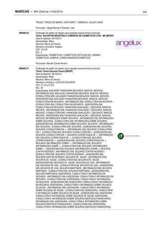 MARCAS - RPI 2249 de 11/02/2014
TRAJES; TRAJES DE BANHO; VESTUÁRIO *; CAMISOLA; JALECO; MAIÔ;
Procurador: Village Marcas e Patentes Ltda
906946123

Publicação de pedido de registro para oposição (exame formal concluído)
Titular: SALVATORI INDUSTRIA E COMERCIO DE COSMETICOS LTDA - ME [BR/SP]
Data de depósito: 28/10/2013
Apresentação: Mista
Natureza: Marca de Produto
Elemento nominativo: Angelux
CFE: 10.5.25
NCL: 3
Especificação: COSMÉTICOS; COSMÉTICOS (ESTOJOS DE); CREMES
COSMÉTICOS; XAMPUS; CONDICIONADOR [COSMÉTICO];
Procurador: Marcelo Carriel Honório

906946131

Publicação de pedido de registro para oposição (exame formal concluído)
Titular: Carlos Eduardo Pereira [BR/SP]
Data de depósito: 28/10/2013
Apresentação: Mista
Natureza: Marca de Serviço
Elemento nominativo: LOJA DOS SEGUROS
CFE: 27.5.4 e 27.5.8
NCL: 36
Especificação: AVALIAÇÃO FINANCEIRA [SEGUROS, BANCOS, IMÓVEIS] [INFORMAÇÃO EM]; AVALIAÇÃO FINANCEIRA [SEGUROS, BANCOS, IMÓVEIS] [CONSULTORIA EM]; AVALIAÇÃO FINANCEIRA [SEGUROS, BANCOS, IMÓVEIS] [ASSESSORIA EM]; AVALIAÇÃO FINANCEIRA [SEGUROS, BANCOS, IMÓVEIS];
CONSULTORIA EM SEGUROS - [INFORMAÇÃO EM]; CONSULTORIA EM SEGUROS [CONSULTORIA EM]; CONSULTORIA EM SEGUROS - [ASSESSORIA EM];
CONSULTORIA EM SEGUROS; FINANCEIRA (AVALIAÇÃO -) [SEGUROS, BANCOS,
IMÓVEIS] - [INFORMAÇÃO EM]; FINANCEIRA (AVALIAÇÃO -) [SEGUROS, BANCOS,
IMÓVEIS] - [CONSULTORIA EM]; FINANCEIRA (AVALIAÇÃO -) [SEGUROS, BANCOS,
IMÓVEIS] - [ASSESSORIA EM]; FINANCEIRA (AVALIAÇÃO -) [SEGUROS, BANCOS,
IMÓVEIS]; INFORMAÇÕES SOBRE SEGUROS - [INFORMAÇÃO EM]; INFORMAÇÕES
SOBRE SEGUROS - [CONSULTORIA EM]; INFORMAÇÕES SOBRE SEGUROS [ASSESSORIA EM]; INFORMAÇÕES SOBRE SEGUROS; SEGUROS - [INFORMAÇÃO
EM]; SEGUROS - [CONSULTORIA EM]; SEGUROS - [ASSESSORIA EM]; SEGUROS;
SEGUROS (CONSULTORIA EM -) - [INFORMAÇÃO EM]; SEGUROS (CONSULTORIA
EM -) - [CONSULTORIA EM]; SEGUROS (CONSULTORIA EM -) - [ASSESSORIA EM];
SEGUROS (CONSULTORIA EM -); SEGUROS (CORRETAGEM DE -) - [INFORMAÇÃO
EM]; SEGUROS (CORRETAGEM DE -) - [CONSULTORIA EM]; SEGUROS
(CORRETAGEM DE -) - [ASSESSORIA EM]; SEGUROS (CORRETAGEM DE -);
SEGUROS (INFORMAÇÕES SOBRE -) - [INFORMAÇÃO EM]; SEGUROS
(INFORMAÇÕES SOBRE -) - [CONSULTORIA EM]; SEGUROS (INFORMAÇÕES
SOBRE -) - [ASSESSORIA EM]; SEGUROS (INFORMAÇÕES SOBRE -); SEGUROS
CONTRA INCÊNDIO - [INFORMAÇÃO EM]; SEGUROS CONTRA INCÊNDIO [CONSULTORIA EM]; SEGUROS CONTRA INCÊNDIO - [ASSESSORIA EM];
SEGUROS CONTRA INCÊNDIO; SEGUROS DE SAÚDE - [INFORMAÇÃO EM];
SEGUROS DE SAÚDE - [CONSULTORIA EM]; SEGUROS DE SAÚDE [ASSESSORIA EM]; SEGUROS DE SAÚDE; SEGUROS DE VIDA - [INFORMAÇÃO
EM]; SEGUROS DE VIDA - [CONSULTORIA EM]; SEGUROS DE VIDA - [ASSESSORIA
EM]; SEGUROS DE VIDA; SEGUROS MARÍTIMOS - [INFORMAÇÃO EM]; SEGUROS
MARÍTIMOS - [CONSULTORIA EM]; SEGUROS MARÍTIMOS - [ASSESSORIA EM];
SEGUROS MARÍTIMOS; ASSESSORIA, CONSULTORIA E INFORMAÇÃO EM
SEGUROS - [INFORMAÇÃO EM]; ASSESSORIA, CONSULTORIA E INFORMAÇÃO EM
SEGUROS - [CONSULTORIA EM]; ASSESSORIA, CONSULTORIA E INFORMAÇÃO
EM SEGUROS - [ASSESSORIA EM]; ASSESSORIA, CONSULTORIA E INFORMAÇÃO
EM SEGUROS; ASSESSORIA, CONSULTORIA E INFORMAÇÃO SOBRE SEGUROS
DE SAÚDE - [INFORMAÇÃO EM]; ASSESSORIA, CONSULTORIA E INFORMAÇÃO
SOBRE SEGUROS DE SAÚDE - [CONSULTORIA EM]; ASSESSORIA, CONSULTORIA
E INFORMAÇÃO SOBRE SEGUROS DE SAÚDE - [ASSESSORIA EM]; ASSESSORIA,
CONSULTORIA E INFORMAÇÃO SOBRE SEGUROS DE SAÚDE; ASSESSORIA,
CONSULTORIA E INFORMAÇÕES SOBRE SEGUROS [SERVIÇOS FINANCEIROS] [INFORMAÇÃO EM]; ASSESSORIA, CONSULTORIA E INFORMAÇÕES SOBRE
SEGUROS [SERVIÇOS FINANCEIROS] - [CONSULTORIA EM]; ASSESSORIA,
CONSULTORIA E INFORMAÇÕES SOBRE SEGUROS [SERVIÇOS FINANCEIROS] -

225

 