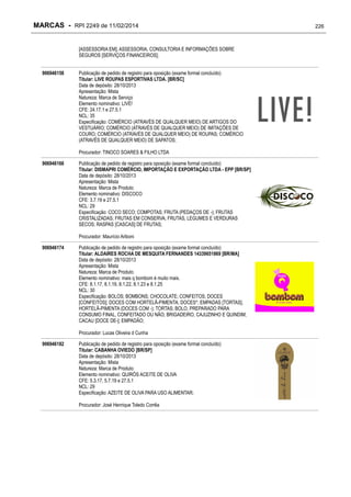 MARCAS - RPI 2249 de 11/02/2014
[ASSESSORIA EM]; ASSESSORIA, CONSULTORIA E INFORMAÇÕES SOBRE
SEGUROS [SERVIÇOS FINANCEIROS];
906946158

Publicação de pedido de registro para oposição (exame formal concluído)
Titular: LIVE ROUPAS ESPORTIVAS LTDA. [BR/SC]
Data de depósito: 28/10/2013
Apresentação: Mista
Natureza: Marca de Serviço
Elemento nominativo: LIVE!
CFE: 24.17.1 e 27.5.1
NCL: 35
Especificação: COMÉRCIO (ATRAVÉS DE QUALQUER MEIO) DE ARTIGOS DO
VESTUÁRIO; COMÉRCIO (ATRAVÉS DE QUALQUER MEIO) DE IMITAÇÕES DE
COURO; COMÉRCIO (ATRAVÉS DE QUALQUER MEIO) DE ROUPAS; COMÉRCIO
(ATRAVÉS DE QUALQUER MEIO) DE SAPATOS;
Procurador: TINOCO SOARES & FILHO LTDA

906946166

Publicação de pedido de registro para oposição (exame formal concluído)
Titular: DISMAPRI COMÉRCIO, IMPORTAÇÃO E EXPORTAÇÃO LTDA - EPP [BR/SP]
Data de depósito: 28/10/2013
Apresentação: Mista
Natureza: Marca de Produto
Elemento nominativo: DISCOCO
CFE: 3.7.19 e 27.5.1
NCL: 29
Especificação: COCO SECO; COMPOTAS; FRUTA (PEDAÇOS DE -); FRUTAS
CRISTALIZADAS; FRUTAS EM CONSERVA; FRUTAS, LEGUMES E VERDURAS
SECOS; RASPAS [CASCAS] DE FRUTAS;
Procurador: Maurício Ariboni

906946174

Publicação de pedido de registro para oposição (exame formal concluído)
Titular: ALDAIRES ROCHA DE MESQUITA FERNANDES 14339651869 [BR/MA]
Data de depósito: 28/10/2013
Apresentação: Mista
Natureza: Marca de Produto
Elemento nominativo: mais q bombom é muito mais.
CFE: 8.1.17, 8.1.19, 8.1.22, 8.1.23 e 8.1.25
NCL: 30
Especificação: BOLOS; BOMBONS; CHOCOLATE; CONFEITOS; DOCES
[CONFEITOS]; DOCES COM HORTELÃ-PIMENTA; DOCES*; EMPADAS [TORTAS];
HORTELÃ-PIMENTA (DOCES COM -); TORTAS; BOLO, PREPARADO PARA
CONSUMO FINAL, CONFEITADO OU NÃO; BRIGADEIRO, CAJUZINHO E QUINDIM;
CACAU [DOCE DE-]; EMPADÃO;
Procurador: Lucas Oliveira d Cunha

906946182

Publicação de pedido de registro para oposição (exame formal concluído)
Titular: CABANHA OVIEDO [BR/SP]
Data de depósito: 28/10/2013
Apresentação: Mista
Natureza: Marca de Produto
Elemento nominativo: QUIRÓS ACEITE DE OLIVA
CFE: 5.3.17, 5.7.19 e 27.5.1
NCL: 29
Especificação: AZEITE DE OLIVA PARA USO ALIMENTAR;
Procurador: José Henrique Toledo Corrêa

226

 