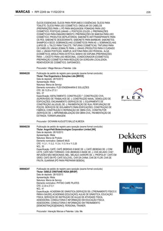 MARCAS - RPI 2249 de 11/02/2014
ÓLEOS ESSENCIAIS; ÓLEOS PARA PERFUMES E ESSÊNCIAS; ÓLEOS PARA
TOALETE; ÓLEOS PARA USO COSMÉTICO; ONDULAR OS CABELOS
(PREPARAÇÕES PARA -); PÓ PARA MAQUIAGEM; POMADAS PARA USO
COSMÉTICO; POSTIÇAS (UNHAS -); POSTIÇOS (CÍLIOS -); PREPARAÇÕES
COSMÉTICAS PARA EMAGRECIMENTO; PREPARAÇÕES DE BABOSA PARA USO
COSMÉTICO; PRODUTOS DEPILATÓRIOS; SABONETE ANTITRANSPIRANTE PARA
OS PÉS; SABONETE DESODORANTE; SABONETE PARA BARBEAR; SABONETES;
SHAMPOO A SECO; SOBRANCELHAS (COSMÉTICOS PARA AS -); SOBRANCELHAS
(LÁPIS DE -); TALCO PARA TOALETE; TINTURAS COSMÉTICAS; TINTURAS PARA
OS CABELOS; UNHAS (ESMALTE PARA -); UNHAS (PRODUTOS PARA O CUIDADO
DAS -); UNHAS POSTIÇAS; XAMPUS; ACETONA PARA USO PESSOAL; ALGA
[COSMÉTICO]; ARGILA PARA ESTÉTICA; BANHO DE ESPUMA (PREPARAÇÕES
PARA - ), EXCETO PARA USO MEDICINAL; CONDICIONADOR [COSMÉTICO];
PREPARAÇÃO COSMÉTICA PARA REDUÇÃO DA GORDURA LOCALIZADA;
REMOVEDOR DE COSMÉTICO; SAPONÁCEO;
Procurador: Village Marcas e Patentes Ltda
906946220

Publicação de pedido de registro para oposição (exame formal concluído)
Titular: Flex Engenharia e Soluções Ltda [BR/CE]
Data de depósito: 28/10/2013
Apresentação: Mista
Natureza: Marca de Serviço
Elemento nominativo: FLEX ENGENHARIA E SOLUÇÕES
CFE: 26.13.25 e 27.5.1
NCL: 37
Especificação: ASFALTAMENTO; CONSTRUÇÃO *; CONSTRUÇÃO CIVIL
(SUPERVISÃO DE TRABALHOS DE -); CONSTRUÇÃO NAVAL; DEMOLIÇÃO DE
EDIFICAÇÕES; ENCANAMENTO (SERVIÇOS DE -); EQUIPAMENTO DE
CONSTRUÇÃO (ALUGUEL DE -); PAVIMENTAÇÃO DE RUA; PERFURAÇÃO DE
POÇOS; SERVIÇOS DE ISOLAMENTO PARA EDIFICAÇÕES; CONSTRUÇÃO DE
FÁBRICA; CONSTRUÇÃO E REPARAÇÃO DE OBRA CIVIL; CONSTRUTOR
(SERVIÇOS DE -); IMPERMEABILIZAÇÃO EM OBRA CIVIL; PAVIMENTAÇÃO DE
ESTRADA; TERRAPLANAGEM;
Procurador: GIOVANNI AUGUSTO BALUZ ALMEIDA

906946239

Publicação de pedido de registro para oposição (exame formal concluído)
Titular: Angot-Petit Biotechnologies Corporation Limited [HK]
Data de depósito: 28/10/2013
Apresentação: Mista
Natureza: Marca de Produto
Elemento nominativo: DekkerS MUG
CFE: 11.3.1, 11.3.2, 11.3.4, 11.3.14 e 11.3.20
NCL: 30
Especificação: CAFÉ; CAFÉ (BEBIDAS À BASE DE -); CAFÉ (BEBIDAS DE -) COM
LEITE; CAFÉ NÃO TORRADO; CHÁ (BEBIDAS À BASE DE -); CHÁ GELADO; CHÁ*;
INFUSÕES NÃO MEDICINAIS; MEL; MELAÇO (XAROPE DE -); PRÓPOLIS*; CAFÉ EM
GRÃO; CAFÉ EM PÓ; CAFÉ SOLÚVEL; CHÁ DA CHINA; CHÁ DE FLOR; CHÁ DE
FRUTA; GUARANÁ [PÓ PARA PREPARAR BEBIDA];

906946247

Publicação de pedido de registro para oposição (exame formal concluído)
Titular: GISELE CRISTIANE ROSA [BR/SP]
Data de depósito: 28/10/2013
Apresentação: Mista
Natureza: Marca de Serviço
Elemento nominativo: PHYSIO CARE PILATES
CFE: 2.3.8 e 27.5.1
NCL: 41
Especificação: ACADEMIA DE GINÁSTICA (SERVIÇOS DE-) [TREINAMENTO FÍSICO E
PARA A SAÚDE]; ACADEMIAS [EDUCAÇÃO]; AULAS DE GINÁSTICA; EDUCAÇÃO
FÍSICA; SERVIÇOS DE INSTRUÇÃO DE AULAS DE ATIVIDADE FÍSICA;
ASSESSORIA, CONSULTORIA E INFORMAÇÃO EM EDUCAÇÃO FÍSICA;
ASSESSORIA, CONSULTORIA E INFORMAÇÃO EM TREINAMENTO
[DEMONSTRAÇÃO][ENSINO]; PERSONAL TRAINER;
Procurador: Interação Marcas e Patentes Ltda. Me

228

 