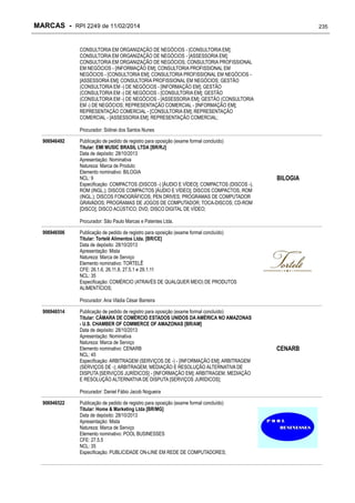 MARCAS - RPI 2249 de 11/02/2014

235

CONSULTORIA EM ORGANIZAÇÃO DE NEGÓCIOS - [CONSULTORIA EM];
CONSULTORIA EM ORGANIZAÇÃO DE NEGÓCIOS - [ASSESSORIA EM];
CONSULTORIA EM ORGANIZAÇÃO DE NEGÓCIOS; CONSULTORIA PROFISSIONAL
EM NEGÓCIOS - [INFORMAÇÃO EM]; CONSULTORIA PROFISSIONAL EM
NEGÓCIOS - [CONSULTORIA EM]; CONSULTORIA PROFISSIONAL EM NEGÓCIOS [ASSESSORIA EM]; CONSULTORIA PROFISSIONAL EM NEGÓCIOS; GESTÃO
(CONSULTORIA EM -) DE NEGÓCIOS - [INFORMAÇÃO EM]; GESTÃO
(CONSULTORIA EM -) DE NEGÓCIOS - [CONSULTORIA EM]; GESTÃO
(CONSULTORIA EM -) DE NEGÓCIOS - [ASSESSORIA EM]; GESTÃO (CONSULTORIA
EM -) DE NEGÓCIOS; REPRESENTAÇÃO COMERCIAL - [INFORMAÇÃO EM];
REPRESENTAÇÃO COMERCIAL - [CONSULTORIA EM]; REPRESENTAÇÃO
COMERCIAL - [ASSESSORIA EM]; REPRESENTAÇÃO COMERCIAL;
Procurador: Sidinei dos Santos Nunes
906946492

Publicação de pedido de registro para oposição (exame formal concluído)
Titular: EMI MUSIC BRASIL LTDA [BR/RJ]
Data de depósito: 28/10/2013
Apresentação: Nominativa
Natureza: Marca de Produto
Elemento nominativo: BILOGIA
NCL: 9
Especificação: COMPACTOS (DISCOS -) [ÁUDIO E VÍDEO]; COMPACTOS (DISCOS -),
ROM (INGL.); DISCOS COMPACTOS [ÁUDIO E VÍDEO]; DISCOS COMPACTOS, ROM
(INGL.); DISCOS FONOGRÁFICOS; PEN DRIVES; PROGRAMAS DE COMPUTADOR
GRAVADOS; PROGRAMAS DE JOGOS DE COMPUTADOR; TOCA-DISCOS; CD-ROM
[DISCO]; DISCO ACÚSTICO; DVD, DISCO DIGITAL DE VÍDEO;

BILOGIA

Procurador: São Paulo Marcas e Patentes Ltda.
906946506

Publicação de pedido de registro para oposição (exame formal concluído)
Titular: Tortelê Alimentos Ltda. [BR/CE]
Data de depósito: 28/10/2013
Apresentação: Mista
Natureza: Marca de Serviço
Elemento nominativo: TORTELÊ
CFE: 26.1.6, 26.11.8, 27.5.1 e 29.1.11
NCL: 35
Especificação: COMÉRCIO (ATRAVÉS DE QUALQUER MEIO) DE PRODUTOS
ALIMENTÍCIOS;
Procurador: Ana Vládia César Barreira

906946514

Publicação de pedido de registro para oposição (exame formal concluído)
Titular: CÂMARA DE COMÉRCIO ESTADOS UNIDOS DA AMÉRICA NO AMAZONAS
- U.S. CHAMBER OF COMMERCE OF AMAZONAS [BR/AM]
Data de depósito: 28/10/2013
Apresentação: Nominativa
Natureza: Marca de Serviço
Elemento nominativo: CENARB
NCL: 45
Especificação: ARBITRAGEM (SERVIÇOS DE -) - [INFORMAÇÃO EM]; ARBITRAGEM
(SERVIÇOS DE -); ARBITRAGEM, MEDIAÇÃO E RESOLUÇÃO ALTERNATIVA DE
DISPUTA [SERVIÇOS JURÍDICOS] - [INFORMAÇÃO EM]; ARBITRAGEM, MEDIAÇÃO
E RESOLUÇÃO ALTERNATIVA DE DISPUTA [SERVIÇOS JURÍDICOS];
Procurador: Daniel Fábio Jacob Nogueira

906946522

Publicação de pedido de registro para oposição (exame formal concluído)
Titular: Home & Marketing Ltda [BR/MG]
Data de depósito: 28/10/2013
Apresentação: Mista
Natureza: Marca de Serviço
Elemento nominativo: POOL BUSINESSES
CFE: 27.5.5
NCL: 35
Especificação: PUBLICIDADE ON-LINE EM REDE DE COMPUTADORES;

CENARB

 