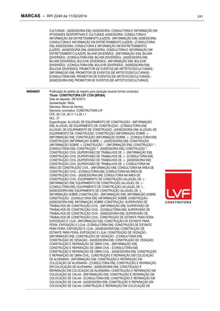 MARCAS - RPI 2249 de 11/02/2014
CULTURAIS - [ASSESSORIA EM]; ASSESSORIA, CONSULTORIA E INFORMAÇÃO EM
ATIVIDADES DESPORTIVAS E CULTURAIS; ASSESSORIA, CONSULTORIA E
INFORMAÇÃO EM ENTRETENIMENTO [LAZER] - [INFORMAÇÃO EM]; ASSESSORIA,
CONSULTORIA E INFORMAÇÃO EM ENTRETENIMENTO [LAZER] - [CONSULTORIA
EM]; ASSESSORIA, CONSULTORIA E INFORMAÇÃO EM ENTRETENIMENTO
[LAZER] - [ASSESSORIA EM]; ASSESSORIA, CONSULTORIA E INFORMAÇÃO EM
ENTRETENIMENTO [LAZER]; BILHAR [DIVERSÃO] - [INFORMAÇÃO EM]; BILHAR
[DIVERSÃO] - [CONSULTORIA EM]; BILHAR [DIVERSÃO] - [ASSESSORIA EM];
BILHAR [DIVERSÃO]; BOLICHE [DIVERSÃO] - [INFORMAÇÃO EM]; BOLICHE
[DIVERSÃO] - [CONSULTORIA EM]; BOLICHE [DIVERSÃO] - [ASSESSORIA EM];
BOLICHE [DIVERSÃO]; PROMOTOR DE EVENTOS [SE ARTÍSTICOS/CULTURAIS] [INFORMAÇÃO EM]; PROMOTOR DE EVENTOS [SE ARTÍSTICOS/CULTURAIS] [CONSULTORIA EM]; PROMOTOR DE EVENTOS [SE ARTÍSTICOS/CULTURAIS] [ASSESSORIA EM]; PROMOTOR DE EVENTOS [SE ARTÍSTICOS/CULTURAIS];
906946697

Publicação de pedido de registro para oposição (exame formal concluído)
Titular: CONSTRUTORA LVF LTDA [BR/BA]
Data de depósito: 28/10/2013
Apresentação: Mista
Natureza: Marca de Serviço
Elemento nominativo: CONSTRUTORA LVF
CFE: 26.7.25, 26.11.1 e 29.1.1
NCL: 37
Especificação: ALUGUEL DE EQUIPAMENTO DE CONSTRUÇÃO - [INFORMAÇÃO
EM]; ALUGUEL DE EQUIPAMENTO DE CONSTRUÇÃO - [CONSULTORIA EM];
ALUGUEL DE EQUIPAMENTO DE CONSTRUÇÃO - [ASSESSORIA EM]; ALUGUEL DE
EQUIPAMENTO DE CONSTRUÇÃO; CONSTRUÇÃO (INFORMAÇÃO SOBRE -) [INFORMAÇÃO EM]; CONSTRUÇÃO (INFORMAÇÃO SOBRE -) - [CONSULTORIA EM];
CONSTRUÇÃO (INFORMAÇÃO SOBRE -) - [ASSESSORIA EM]; CONSTRUÇÃO
(INFORMAÇÃO SOBRE -); CONSTRUÇÃO * - [INFORMAÇÃO EM]; CONSTRUÇÃO * [CONSULTORIA EM]; CONSTRUÇÃO * - [ASSESSORIA EM]; CONSTRUÇÃO *;
CONSTRUÇÃO CIVIL (SUPERVISÃO DE TRABALHOS DE -) - [INFORMAÇÃO EM];
CONSTRUÇÃO CIVIL (SUPERVISÃO DE TRABALHOS DE -) - [CONSULTORIA EM];
CONSTRUÇÃO CIVIL (SUPERVISÃO DE TRABALHOS DE -) - [ASSESSORIA EM];
CONSTRUÇÃO CIVIL (SUPERVISÃO DE TRABALHOS DE -); CONSULTORIA NA
ÁREA DE CONSTRUÇÃO CIVIL - [INFORMAÇÃO EM]; CONSULTORIA NA ÁREA DE
CONSTRUÇÃO CIVIL - [CONSULTORIA EM]; CONSULTORIA NA ÁREA DE
CONSTRUÇÃO CIVIL - [ASSESSORIA EM]; CONSULTORIA NA ÁREA DE
CONSTRUÇÃO CIVIL; EQUIPAMENTO DE CONSTRUÇÃO (ALUGUEL DE -) [INFORMAÇÃO EM]; EQUIPAMENTO DE CONSTRUÇÃO (ALUGUEL DE -) [CONSULTORIA EM]; EQUIPAMENTO DE CONSTRUÇÃO (ALUGUEL DE -) [ASSESSORIA EM]; EQUIPAMENTO DE CONSTRUÇÃO (ALUGUEL DE -);
INFORMAÇÃO SOBRE CONSTRUÇÃO - [INFORMAÇÃO EM]; INFORMAÇÃO SOBRE
CONSTRUÇÃO - [CONSULTORIA EM]; INFORMAÇÃO SOBRE CONSTRUÇÃO [ASSESSORIA EM]; INFORMAÇÃO SOBRE CONSTRUÇÃO; SUPERVISÃO DE
TRABALHOS DE CONSTRUÇÃO CIVIL - [INFORMAÇÃO EM]; SUPERVISÃO DE
TRABALHOS DE CONSTRUÇÃO CIVIL - [CONSULTORIA EM]; SUPERVISÃO DE
TRABALHOS DE CONSTRUÇÃO CIVIL - [ASSESSORIA EM]; SUPERVISÃO DE
TRABALHOS DE CONSTRUÇÃO CIVIL; CONSTRUÇÃO DE ESTANTE PARA FEIRA,
EXPOSIÇÃO E LOJA - [INFORMAÇÃO EM]; CONSTRUÇÃO DE ESTANTE PARA
FEIRA, EXPOSIÇÃO E LOJA - [CONSULTORIA EM]; CONSTRUÇÃO DE ESTANTE
PARA FEIRA, EXPOSIÇÃO E LOJA - [ASSESSORIA EM]; CONSTRUÇÃO DE
ESTANTE PARA FEIRA, EXPOSIÇÃO E LOJA; CONSTRUÇÃO DE VEDAÇÃO [INFORMAÇÃO EM]; CONSTRUÇÃO DE VEDAÇÃO - [CONSULTORIA EM];
CONSTRUÇÃO DE VEDAÇÃO - [ASSESSORIA EM]; CONSTRUÇÃO DE VEDAÇÃO;
CONSTRUÇÃO E REPARAÇÃO DE OBRA CIVIL - [INFORMAÇÃO EM];
CONSTRUÇÃO E REPARAÇÃO DE OBRA CIVIL - [CONSULTORIA EM];
CONSTRUÇÃO E REPARAÇÃO DE OBRA CIVIL - [ASSESSORIA EM]; CONSTRUÇÃO
E REPARAÇÃO DE OBRA CIVIL; CONSTRUÇÃO E REPARAÇÃO EM COLOCAÇÃO
DE ALVENARIA - [INFORMAÇÃO EM]; CONSTRUÇÃO E REPARAÇÃO EM
COLOCAÇÃO DE ALVENARIA - [CONSULTORIA EM]; CONSTRUÇÃO E REPARAÇÃO
EM COLOCAÇÃO DE ALVENARIA - [ASSESSORIA EM]; CONSTRUÇÃO E
REPARAÇÃO EM COLOCAÇÃO DE ALVENARIA; CONSTRUÇÃO E REPARAÇÃO EM
COLOCAÇÃO DE CALHA - [INFORMAÇÃO EM]; CONSTRUÇÃO E REPARAÇÃO EM
COLOCAÇÃO DE CALHA - [CONSULTORIA EM]; CONSTRUÇÃO E REPARAÇÃO EM
COLOCAÇÃO DE CALHA - [ASSESSORIA EM]; CONSTRUÇÃO E REPARAÇÃO EM
COLOCAÇÃO DE CALHA; CONSTRUÇÃO E REPARAÇÃO EM COLOCAÇÃO DE

241

 