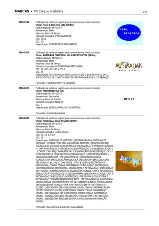MARCAS - RPI 2249 de 11/02/2014
906946794

Publicação de pedido de registro para oposição (exame formal concluído)
Titular: Home & Marketing Ltda [BR/MG]
Data de depósito: 28/10/2013
Apresentação: Mista
Natureza: Marca de Serviço
Elemento nominativo: POOL BUSINESS
CFE: 27.5.5
NCL: 36
Especificação: CORRETORES IMOBILIÁRIOS;

906946808

245

Publicação de pedido de registro para oposição (exame formal concluído)
Titular: AUSTRÁLIA COMERCIAL DE ALIMENTOS LTDA [BR/BA]
Data de depósito: 28/10/2013
Apresentação: Mista
Natureza: Marca de Serviço
Elemento nominativo: AUSTRALIAN BUFFET & GRILL
CFE: 26.13.25, 26.15.25 e 27.5.1
NCL: 43
Especificação: AUTO-SERVIÇO (RESTAURANTES DE -); BAR (SERVIÇOS DE -);
BUFÊ (SERVIÇO DE -); RESTAURANTES; RESTAURANTES DE AUTO-SERVIÇO;
Procurador: EDUARDO PONTES QUEIROZ

906946816

Publicação de pedido de registro para oposição (exame formal concluído)
Titular: NOVOZYMES A/S [DK]
Data de depósito: 28/10/2013
Apresentação: Nominativa
Natureza: Marca de Produto
Elemento nominativo: MEDLEY
NCL: 1
Especificação: ENZIMAS PARA USO INDUSTRIAL;
Procurador: Araripe & Associados

906946824

Publicação de pedido de registro para oposição (exame formal concluído)
Titular: FUNDAÇÃO JOÃO PAULO II [BR/SP]
Data de depósito: 28/10/2013
Apresentação: Mista
Natureza: Marca de Serviço
Elemento nominativo: Juntos Somos +
CFE: 27.1.16 e 27.5.1
NCL: 41
Especificação: AGÊNCIAS DE NOTÍCIAS - [INFORMAÇÃO EM]; AGÊNCIAS DE
NOTÍCIAS - [CONSULTORIA EM]; AGÊNCIAS DE NOTÍCIAS - [ASSESSORIA EM];
AGÊNCIAS DE NOTÍCIAS; CONFERÊNCIAS (ORGANIZAÇÃO E APRESENTAÇÃO DE
-) - [INFORMAÇÃO EM]; CONFERÊNCIAS (ORGANIZAÇÃO E APRESENTAÇÃO DE -)
- [CONSULTORIA EM]; CONFERÊNCIAS (ORGANIZAÇÃO E APRESENTAÇÃO DE -) [ASSESSORIA EM]; CONFERÊNCIAS (ORGANIZAÇÃO E APRESENTAÇÃO DE -);
EDUCAÇÃO RELIGIOSA - [INFORMAÇÃO EM]; EDUCAÇÃO RELIGIOSA [CONSULTORIA EM]; EDUCAÇÃO RELIGIOSA - [ASSESSORIA EM]; EDUCAÇÃO
RELIGIOSA; PUBLICAÇÃO ON-LINE DE LIVROS E JORNAIS ELETRÔNICOS;
ASSESSORIA, CONSULTORIA E INFORMAÇÃO EM EDUCAÇÃO [INSTRUÇÃO] [INFORMAÇÃO EM]; ASSESSORIA, CONSULTORIA E INFORMAÇÃO EM EDUCAÇÃO
[INSTRUÇÃO] - [CONSULTORIA EM]; ASSESSORIA, CONSULTORIA E INFORMAÇÃO
EM EDUCAÇÃO [INSTRUÇÃO] - [ASSESSORIA EM]; ASSESSORIA, CONSULTORIA E
INFORMAÇÃO EM EDUCAÇÃO [INSTRUÇÃO]; ASSESSORIA, CONSULTORIA E
INFORMAÇÃO EM ENTRETENIMENTO [LAZER] - [INFORMAÇÃO EM]; ASSESSORIA,
CONSULTORIA E INFORMAÇÃO EM ENTRETENIMENTO [LAZER] - [CONSULTORIA
EM]; ASSESSORIA, CONSULTORIA E INFORMAÇÃO EM ENTRETENIMENTO
[LAZER] - [ASSESSORIA EM]; ASSESSORIA, CONSULTORIA E INFORMAÇÃO EM
ENTRETENIMENTO [LAZER]; ASSESSORIA, CONSULTORIA E INFORMAÇÃO
ENSINO - [INFORMAÇÃO EM]; ASSESSORIA, CONSULTORIA E INFORMAÇÃO
ENSINO - [CONSULTORIA EM]; ASSESSORIA, CONSULTORIA E INFORMAÇÃO
ENSINO - [ASSESSORIA EM]; ASSESSORIA, CONSULTORIA E INFORMAÇÃO
ENSINO;
Procurador: Savio Ferreira de Carvalho Issaac Chalita

MEDLEY

 