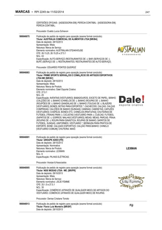 MARCAS - RPI 2249 de 11/02/2014

247

CERTIDÕES OFICIAIS - [ASSESSORIA EM]; PERÍCIA CONTÁBIL - [ASSESSORIA EM];
PERÍCIA CONTÁBIL;
Procurador: Evaldo Lucca Schiavon
906946875

Publicação de pedido de registro para oposição (exame formal concluído)
Titular: AUSTRÁLIA COMERCIAL DE ALIMENTOS LTDA [BR/BA]
Data de depósito: 28/10/2013
Apresentação: Mista
Natureza: Marca de Serviço
Elemento nominativo: AUSTRALIAN STEAKHOUSE
CFE: 26.13.25, 26.15.25 e 27.5.1
NCL: 43
Especificação: AUTO-SERVIÇO (RESTAURANTES DE -); BAR (SERVIÇOS DE -);
BUFÊ (SERVIÇO DE -); RESTAURANTES; RESTAURANTES DE AUTO-SERVIÇO;
Procurador: EDUARDO PONTES QUEIROZ

906946883

Publicação de pedido de registro para oposição (exame formal concluído)
Titular: PRIME SPORTS SERVIÃ¿OS E COMÃ¿RCIO DE ARTIGOS ESPORTIVOS
LTDA ME [BR/SC]
Data de depósito: 28/10/2013
Apresentação: Mista
Natureza: Marca de Produto
Elemento nominativo: Dale! Esporte Criativo
CFE: 27.5.1
NCL: 25
Especificação: AVENTAIS [VESTUÁRIO]; BABADOUROS, EXCETO DE PAPEL; BANHO
(CALÇÕES DE -); BANHO (CHINELOS DE -); BANHO (ROUPAS DE -); BANHO
(ROUPÕES DE -); BANHO (SANDÁLIAS DE -); BANHO (TOUCAS DE -); BLAZERS
[VESTUÁRIO]; BONÉS; BOTAS PARA ESPORTES *; CACHECÓIS; CALÇAS; CALÇAS
COMPRIDAS; CALÇÕES DE BANHO [SUNGAS]; CAMISAS; CAMISETAS; CAPUZES
[VESTUÁRIO]; CHAPÉUS, BONÉS ETC; CHINELOS [PANTUFAS]; CHUTEIRAS DE
FUTEBOL (TRAVAS PARA -); CICLISTAS (VESTUÁRIO PARA -); CUECAS; FUTEBOL
(SAPATOS DE -); GORROS; MALHAS [VESTUÁRIO]; MEIAS; MEIAS; PARCAS; PRAIA
(ROUPAS DE -); ROUPA PARA GINÁSTICA; ROUPAS DE BANHO; SAPATOS DE
FUTEBOL; SUNGAS; UNIFORMES; VESTUÁRIO *; BERMUDA PARA PRÁTICA DE
ESPORTE; BONÉ; CALÇADO ESPORTIVO; CALÇÃO PARA BANHO; CHINELO
[VESTUÁRIO COMUM]; CHUTEIRA; MAIÔ;

906946891

Publicação de pedido de registro para oposição (exame formal concluído)
Titular: GROUPE ADEO [FR]
Data de depósito: 28/10/2013
Apresentação: Nominativa
Natureza: Marca de Produto
Elemento nominativo: LEXMAN
NCL: 9
Especificação: PILHAS ELÉTRICAS;

LEXMAN

Procurador: Araripe & Associados
906946905

Publicação de pedido de registro para oposição (exame formal concluído)
Titular: NIXX MODAS LTDA - ME. [BR/PR]
Data de depósito: 28/10/2013
Apresentação: Mista
Natureza: Marca de Serviço
Elemento nominativo: JOLIE FEMME
CFE: 25.1.5 e 27.5.1
NCL: 35
Especificação: COMÉRCIO (ATRAVÉS DE QUALQUER MEIO) DE ARTIGOS DO
VESTUÁRIO; COMÉRCIO (ATRAVÉS DE QUALQUER MEIO) DE ROUPAS;
Procurador: Denise Cristiane Toniolo

906946913

Publicação de pedido de registro para oposição (exame formal concluído)
Titular: Flavio Luis Monteiro [BR/SP]
Data de depósito: 28/10/2013

Fiji

 