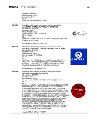 MARCAS - RPI 2249 de 11/02/2014
Apresentação: Nominativa
Natureza: Marca de Serviço
Elemento nominativo: Fiji
NCL: 35
Especificação: AGÊNCIAS DE PUBLICIDADE;
906946921

Publicação de pedido de registro para oposição (exame formal concluído)
Titular: GINÁSIO COMERCIAL ALVORADA LTDA - EPP. [BR/SP]
Data de depósito: 28/10/2013
Apresentação: Mista
Natureza: Marca de Serviço
Elemento nominativo: COLÉGIO ALVORADA
CFE: 26.1.18 e 26.7.1
NCL: 41
Especificação: ENSINO (SERVIÇOS DE -); CURSOS LIVRES [ENSINO]; ESCOLAS
(SERVIÇOS DE -) [EDUCAÇÃO];
Procurador: São Paulo Marcas e Patentes Ltda.

906946930

Publicação de pedido de registro para oposição (exame formal concluído)
Titular: ATHOS CONSTRUÇÃO, COMERCIO E SERVIÇOS LTDA - ME [BR/RN]
Data de depósito: 28/10/2013
Apresentação: Mista
Natureza: Marca de Serviço
Elemento nominativo: OS OESTESAL
CFE: 27.5.1
NCL: 35
Especificação: PROMOÇÃO DE VENDAS [PARA TERCEIROS]; ASSESSORIA,
CONSULTORIA E INFORMAÇÃO EM PROMOÇÃO DE VENDAS; COMÉRCIO
(ATRAVÉS DE QUALQUER MEIO) DE ALIMENTOS PARA BEBÊS; COMÉRCIO
(ATRAVÉS DE QUALQUER MEIO) DE PRODUTOS ALIMENTÍCIOS;
Procurador: Francisco Leite de Oliveira Filho

906946948

Publicação de pedido de registro para oposição (exame formal concluído)
Titular: MARTA APARECIDA LUCENA [BR/MG]
Data de depósito: 28/10/2013
Apresentação: Mista
Natureza: Marca de Serviço
Elemento nominativo: MARTA LUCENA FOTÓGRAFA A ARTE DO OLHAR
CFE: 27.5.4
NCL: 41
Especificação: ALUGUEL DE CÂMERAS DE VÍDEO; ALUGUEL DE EQUIPAMENTOS
PARA ILUMINAÇÃO DE TEATRO OU ESTÚDIOS DE TELEVISÃO; ALUGUEL DE
FILMES CINEMATOGRÁFICOS; ALUGUEL DE FITAS DE VÍDEO; ALUGUEL DE
PROJETORES E ACESSÓRIOS PARA CINEMA; CINEMA (ESTÚDIOS DE -); EDIÇÃO
DE VIDEOTEIPE; EDITORAÇÃO ELETRÔNICA; ESTÚDIOS DE CINEMA; ESTÚDIOS
DE GRAVAÇÃO (SERVIÇOS DE -); FILMAGEM EM VÍDEO; FILMES DE CINEMA
(ALUGUEL DE -); FITAS DE VÍDEO (ALUGUEL DE -); FOTOGRAFIA; FOTOGRÁFICAS
(REPORTAGENS -); ORGANIZAÇÃO DE EXPOSIÇÕES PARA FINS CULTURAIS OU
EDUCATIVOS; ORGANIZAÇÃO E APRESENTAÇÃO DE OFICINAS DE TRABALHO
[TREINAMENTO]; ORGANIZAÇÃO E APRESENTAÇÃO DE SEMINÁRIOS;
ORGANIZAÇÃO E APRESENTAÇÃO DE SIMPÓSIOS; PRODUÇÃO DE FILMES,
EXCETO PARA FINS DE PUBLICIDADE; PRODUÇÃO DE VÍDEOS; VÍDEOS
(PRODUÇÃO DE -); AGÊNCIA FOTOGRÁFICA; AGENTE ARTÍSTICO; LITERÁRIO E
CULTURAL [PROMOTOR DE EVENTO]; DISTRIBUIÇÃO DE FILMES; EDIÇÃO DE
TEXTO, EXCETO DE PUBLICIDADE [COPIDESQUE];
Procurador: CARLOS GERALDO FERREIRA

248

 