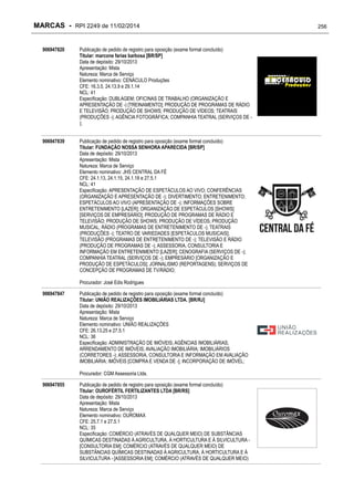 MARCAS - RPI 2249 de 11/02/2014
906947820

Publicação de pedido de registro para oposição (exame formal concluído)
Titular: marcone farias barbosa [BR/SP]
Data de depósito: 29/10/2013
Apresentação: Mista
Natureza: Marca de Serviço
Elemento nominativo: CENÁCULO Produções
CFE: 16.3.5, 24.13.9 e 29.1.14
NCL: 41
Especificação: DUBLAGEM; OFICINAS DE TRABALHO (ORGANIZAÇÃO E
APRESENTAÇÃO DE -) [TREINAMENTO]; PRODUÇÃO DE PROGRAMAS DE RÁDIO
E TELEVISÃO; PRODUÇÃO DE SHOWS; PRODUÇÃO DE VÍDEOS; TEATRAIS
(PRODUÇÕES -); AGÊNCIA FOTOGRÁFICA; COMPANHIA TEATRAL (SERVIÇOS DE );

906947839

Publicação de pedido de registro para oposição (exame formal concluído)
Titular: FUNDAÇÃO NOSSA SENHORA APARECIDA [BR/SP]
Data de depósito: 29/10/2013
Apresentação: Mista
Natureza: Marca de Serviço
Elemento nominativo: JHS CENTRAL DA FÉ
CFE: 24.1.13, 24.1.15, 24.1.18 e 27.5.1
NCL: 41
Especificação: APRESENTAÇÃO DE ESPETÁCULOS AO VIVO; CONFERÊNCIAS
(ORGANIZAÇÃO E APRESENTAÇÃO DE -); DIVERTIMENTO; ENTRETENIMENTO;
ESPETÁCULOS AO VIVO (APRESENTAÇÃO DE -); INFORMAÇÕES SOBRE
ENTRETENIMENTO [LAZER]; ORGANIZAÇÃO DE ESPETÁCULOS [SHOWS]
[SERVIÇOS DE EMPRESÁRIO]; PRODUÇÃO DE PROGRAMAS DE RÁDIO E
TELEVISÃO; PRODUÇÃO DE SHOWS; PRODUÇÃO DE VÍDEOS; PRODUÇÃO
MUSICAL; RÁDIO (PROGRAMAS DE ENTRETENIMENTO DE -); TEATRAIS
(PRODUÇÕES -); TEATRO DE VARIEDADES [ESPETÁCULOS MUSICAIS];
TELEVISÃO (PROGRAMAS DE ENTRETENIMENTO DE -); TELEVISÃO E RÁDIO
(PRODUÇÃO DE PROGRAMAS DE -); ASSESSORIA, CONSULTORIA E
INFORMAÇÃO EM ENTRETENIMENTO [LAZER]; CENOGRAFIA (SERVIÇOS DE -);
COMPANHIA TEATRAL (SERVIÇOS DE -); EMPRESÁRIO [ORGANIZAÇÃO E
PRODUÇÃO DE ESPETÁCULOS]; JORNALISMO (REPORTAGENS); SERVIÇOS DE
CONCEPÇÃO DE PROGRAMAS DE TV/RÁDIO;
Procurador: José Edis Rodrigues

906947847

Publicação de pedido de registro para oposição (exame formal concluído)
Titular: UNIÃO REALIZAÇÕES IMOBILIÁRIAS LTDA. [BR/RJ]
Data de depósito: 29/10/2013
Apresentação: Mista
Natureza: Marca de Serviço
Elemento nominativo: UNIÃO REALIZAÇÕES
CFE: 26.13.25 e 27.5.1
NCL: 36
Especificação: ADMINISTRAÇÃO DE IMÓVEIS; AGÊNCIAS IMOBILIÁRIAS;
ARRENDAMENTO DE IMÓVEIS; AVALIAÇÃO IMOBILIÁRIA; IMOBILIÁRIOS
(CORRETORES -); ASSESSORIA, CONSULTORIA E INFORMAÇÃO EM AVALIAÇÃO
IMOBILIÁRIA; IMÓVEIS [COMPRA E VENDA DE -]; INCORPORAÇÃO DE IMÓVEL;
Procurador: CGM Assessoria Ltda.

906947855

Publicação de pedido de registro para oposição (exame formal concluído)
Titular: OUROFÉRTIL FERTILIZANTES LTDA [BR/RS]
Data de depósito: 29/10/2013
Apresentação: Mista
Natureza: Marca de Serviço
Elemento nominativo: OUROMAX
CFE: 25.7.1 e 27.5.1
NCL: 35
Especificação: COMÉRCIO (ATRAVÉS DE QUALQUER MEIO) DE SUBSTÂNCIAS
QUÍMICAS DESTINADAS À AGRICULTURA, À HORTICULTURA E À SILVICULTURA [CONSULTORIA EM]; COMÉRCIO (ATRAVÉS DE QUALQUER MEIO) DE
SUBSTÂNCIAS QUÍMICAS DESTINADAS À AGRICULTURA, À HORTICULTURA E À
SILVICULTURA - [ASSESSORIA EM]; COMÉRCIO (ATRAVÉS DE QUALQUER MEIO)

256

 