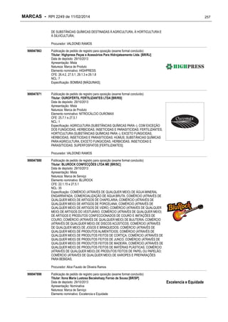 MARCAS - RPI 2249 de 11/02/2014

257

DE SUBSTÂNCIAS QUÍMICAS DESTINADAS À AGRICULTURA, À HORTICULTURA E
À SILVICULTURA;
Procurador: VALDONEI RAMOS
906947863

Publicação de pedido de registro para oposição (exame formal concluído)
Titular: Highpress Peças e Acessórios Para Hidrojateamento Ltda. [BR/RJ]
Data de depósito: 29/10/2013
Apresentação: Mista
Natureza: Marca de Produto
Elemento nominativo: HIGHPRESS
CFE: 26.4.2, 27.5.1, 29.1.3 e 29.1.8
NCL: 7
Especificação: BOMBAS [MÁQUINAS];

906947871

Publicação de pedido de registro para oposição (exame formal concluído)
Titular: OUROFÉRTIL FERTILIZANTES LTDA [BR/RS]
Data de depósito: 29/10/2013
Apresentação: Mista
Natureza: Marca de Produto
Elemento nominativo: NITROCÁLCIO OUROMAX
CFE: 25.7.1 e 27.5.1
NCL: 1
Especificação: AGRICULTURA (SUBSTÂNCIAS QUÍMICAS PARA -), COM EXCEÇÃO
DOS FUNGICIDAS, HERBICIDAS, INSETICIDAS E PARASITICIDAS; FERTILIZANTES;
HORTICULTURA (SUBSTÂNCIAS QUÍMICAS PARA -), EXCETO FUNGICIDAS,
HERBICIDAS, INSETICIDAS E PARASITICIDAS; HÚMUS; SUBSTÂNCIAS QUÍMICAS
PARA AGRICULTURA, EXCETO FUNGICIDAS, HERBICIDAS, INSETICIDAS E
PARASITICIDAS; SUPERFOSFATOS [FERTILIZANTES];
Procurador: VALDONEI RAMOS

906947880

Publicação de pedido de registro para oposição (exame formal concluído)
Titular: BLUROCK CONFECÇÕES LTDA ME [BR/SC]
Data de depósito: 29/10/2013
Apresentação: Mista
Natureza: Marca de Serviço
Elemento nominativo: BLUROCK
CFE: 22.1.15 e 27.5.1
NCL: 35
Especificação: COMÉRCIO (ATRAVÉS DE QUALQUER MEIO) DE ÁGUA MINERAL
ENGARRAFADA; COMERCIALIZAÇÃO DE ÁGUA BRUTA; COMÉRCIO (ATRAVÉS DE
QUALQUER MEIO) DE ARTIGOS DE CHAPELARIA; COMÉRCIO (ATRAVÉS DE
QUALQUER MEIO) DE ARTIGOS DE PORCELANA; COMÉRCIO (ATRAVÉS DE
QUALQUER MEIO) DE ARTIGOS DE VIDRO; COMÉRCIO (ATRAVÉS DE QUALQUER
MEIO) DE ARTIGOS DO VESTUÁRIO; COMÉRCIO (ATRAVÉS DE QUALQUER MEIO)
DE ARTIGOS E PRODUTOS CONFECCIONADOS DE COURO E IMITAÇÕES DE
COURO; COMÉRCIO (ATRAVÉS DE QUALQUER MEIO) DE BIJUTERIA; COMÉRCIO
(ATRAVÉS DE QUALQUER MEIO) DE DISCOS ACÚSTICOS; COMÉRCIO (ATRAVÉS
DE QUALQUER MEIO) DE JOGOS E BRINQUEDOS; COMÉRCIO (ATRAVÉS DE
QUALQUER MEIO) DE PRODUTOS ALIMENTÍCIOS; COMÉRCIO (ATRAVÉS DE
QUALQUER MEIO) DE PRODUTOS FEITOS DE CORTIÇA; COMÉRCIO (ATRAVÉS DE
QUALQUER MEIO) DE PRODUTOS FEITOS DE JUNCO; COMÉRCIO (ATRAVÉS DE
QUALQUER MEIO) DE PRODUTOS FEITOS DE MADEIRA; COMÉRCIO (ATRAVÉS DE
QUALQUER MEIO) DE PRODUTOS FEITOS DE MATÉRIAS PLÁSTICAS; COMÉRCIO
(ATRAVÉS DE QUALQUER MEIO) DE PRODUTOS FEITOS DE PAPEL OU PAPELÃO;
COMÉRCIO (ATRAVÉS DE QUALQUER MEIO) DE XAROPES E PREPARAÇÕES
PARA BEBIDAS;
Procurador: Alice Fausto de Oliveira Ramos

906947898

Publicação de pedido de registro para oposição (exame formal concluído)
Titular: Ilona Maria Lustosa Becskehazy Ferrao de Sousa [BR/SP]
Data de depósito: 29/10/2013
Apresentação: Nominativa
Natureza: Marca de Serviço
Elemento nominativo: Excelencia e Equidade

Excelencia e Equidade

 