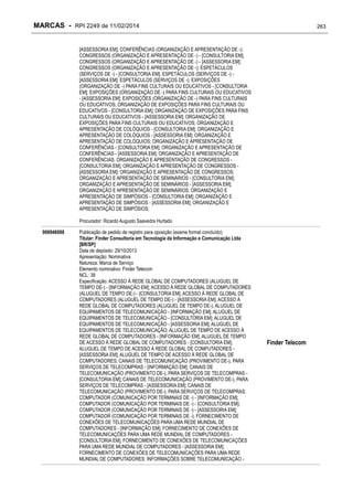 MARCAS - RPI 2249 de 11/02/2014

263

[ASSESSORIA EM]; CONFERÊNCIAS (ORGANIZAÇÃO E APRESENTAÇÃO DE -);
CONGRESSOS (ORGANIZAÇÃO E APRESENTAÇÃO DE -) - [CONSULTORIA EM];
CONGRESSOS (ORGANIZAÇÃO E APRESENTAÇÃO DE -) - [ASSESSORIA EM];
CONGRESSOS (ORGANIZAÇÃO E APRESENTAÇÃO DE -); ESPETÁCULOS
(SERVIÇOS DE -) - [CONSULTORIA EM]; ESPETÁCULOS (SERVIÇOS DE -) [ASSESSORIA EM]; ESPETÁCULOS (SERVIÇOS DE -); EXPOSIÇÕES
(ORGANIZAÇÃO DE -) PARA FINS CULTURAIS OU EDUCATIVOS - [CONSULTORIA
EM]; EXPOSIÇÕES (ORGANIZAÇÃO DE -) PARA FINS CULTURAIS OU EDUCATIVOS
- [ASSESSORIA EM]; EXPOSIÇÕES (ORGANIZAÇÃO DE -) PARA FINS CULTURAIS
OU EDUCATIVOS; ORGANIZAÇÃO DE EXPOSIÇÕES PARA FINS CULTURAIS OU
EDUCATIVOS - [CONSULTORIA EM]; ORGANIZAÇÃO DE EXPOSIÇÕES PARA FINS
CULTURAIS OU EDUCATIVOS - [ASSESSORIA EM]; ORGANIZAÇÃO DE
EXPOSIÇÕES PARA FINS CULTURAIS OU EDUCATIVOS; ORGANIZAÇÃO E
APRESENTAÇÃO DE COLÓQUIOS - [CONSULTORIA EM]; ORGANIZAÇÃO E
APRESENTAÇÃO DE COLÓQUIOS - [ASSESSORIA EM]; ORGANIZAÇÃO E
APRESENTAÇÃO DE COLÓQUIOS; ORGANIZAÇÃO E APRESENTAÇÃO DE
CONFERÊNCIAS - [CONSULTORIA EM]; ORGANIZAÇÃO E APRESENTAÇÃO DE
CONFERÊNCIAS - [ASSESSORIA EM]; ORGANIZAÇÃO E APRESENTAÇÃO DE
CONFERÊNCIAS; ORGANIZAÇÃO E APRESENTAÇÃO DE CONGRESSOS [CONSULTORIA EM]; ORGANIZAÇÃO E APRESENTAÇÃO DE CONGRESSOS [ASSESSORIA EM]; ORGANIZAÇÃO E APRESENTAÇÃO DE CONGRESSOS;
ORGANIZAÇÃO E APRESENTAÇÃO DE SEMINÁRIOS - [CONSULTORIA EM];
ORGANIZAÇÃO E APRESENTAÇÃO DE SEMINÁRIOS - [ASSESSORIA EM];
ORGANIZAÇÃO E APRESENTAÇÃO DE SEMINÁRIOS; ORGANIZAÇÃO E
APRESENTAÇÃO DE SIMPÓSIOS - [CONSULTORIA EM]; ORGANIZAÇÃO E
APRESENTAÇÃO DE SIMPÓSIOS - [ASSESSORIA EM]; ORGANIZAÇÃO E
APRESENTAÇÃO DE SIMPÓSIOS;
Procurador: Ricardo Augusto Saavedra Hurtado
906948088

Publicação de pedido de registro para oposição (exame formal concluído)
Titular: Finder Consultoria em Tecnologia da Informação e Comunicação Ltda
[BR/SP]
Data de depósito: 29/10/2013
Apresentação: Nominativa
Natureza: Marca de Serviço
Elemento nominativo: Finder Telecom
NCL: 38
Especificação: ACESSO À REDE GLOBAL DE COMPUTADORES (ALUGUEL DE
TEMPO DE-) - [INFORMAÇÃO EM]; ACESSO À REDE GLOBAL DE COMPUTADORES
(ALUGUEL DE TEMPO DE-) - [CONSULTORIA EM]; ACESSO À REDE GLOBAL DE
COMPUTADORES (ALUGUEL DE TEMPO DE-) - [ASSESSORIA EM]; ACESSO À
REDE GLOBAL DE COMPUTADORES (ALUGUEL DE TEMPO DE-); ALUGUEL DE
EQUIPAMENTOS DE TELECOMUNICAÇÃO - [INFORMAÇÃO EM]; ALUGUEL DE
EQUIPAMENTOS DE TELECOMUNICAÇÃO - [CONSULTORIA EM]; ALUGUEL DE
EQUIPAMENTOS DE TELECOMUNICAÇÃO - [ASSESSORIA EM]; ALUGUEL DE
EQUIPAMENTOS DE TELECOMUNICAÇÃO; ALUGUEL DE TEMPO DE ACESSO À
REDE GLOBAL DE COMPUTADORES - [INFORMAÇÃO EM]; ALUGUEL DE TEMPO
DE ACESSO À REDE GLOBAL DE COMPUTADORES - [CONSULTORIA EM];
ALUGUEL DE TEMPO DE ACESSO À REDE GLOBAL DE COMPUTADORES [ASSESSORIA EM]; ALUGUEL DE TEMPO DE ACESSO À REDE GLOBAL DE
COMPUTADORES; CANAIS DE TELECOMUNICAÇÃO (PROVIMENTO DE-), PARA
SERVIÇOS DE TELECOMPRAS - [INFORMAÇÃO EM]; CANAIS DE
TELECOMUNICAÇÃO (PROVIMENTO DE-), PARA SERVIÇOS DE TELECOMPRAS [CONSULTORIA EM]; CANAIS DE TELECOMUNICAÇÃO (PROVIMENTO DE-), PARA
SERVIÇOS DE TELECOMPRAS - [ASSESSORIA EM]; CANAIS DE
TELECOMUNICAÇÃO (PROVIMENTO DE-), PARA SERVIÇOS DE TELECOMPRAS;
COMPUTADOR (COMUNICAÇÃO POR TERMINAIS DE -) - [INFORMAÇÃO EM];
COMPUTADOR (COMUNICAÇÃO POR TERMINAIS DE -) - [CONSULTORIA EM];
COMPUTADOR (COMUNICAÇÃO POR TERMINAIS DE -) - [ASSESSORIA EM];
COMPUTADOR (COMUNICAÇÃO POR TERMINAIS DE -); FORNECIMENTO DE
CONEXÕES DE TELECOMUNICAÇÕES PARA UMA REDE MUNDIAL DE
COMPUTADORES - [INFORMAÇÃO EM]; FORNECIMENTO DE CONEXÕES DE
TELECOMUNICAÇÕES PARA UMA REDE MUNDIAL DE COMPUTADORES [CONSULTORIA EM]; FORNECIMENTO DE CONEXÕES DE TELECOMUNICAÇÕES
PARA UMA REDE MUNDIAL DE COMPUTADORES - [ASSESSORIA EM];
FORNECIMENTO DE CONEXÕES DE TELECOMUNICAÇÕES PARA UMA REDE
MUNDIAL DE COMPUTADORES; INFORMAÇÕES SOBRE TELECOMUNICAÇÃO -

Finder Telecom

 