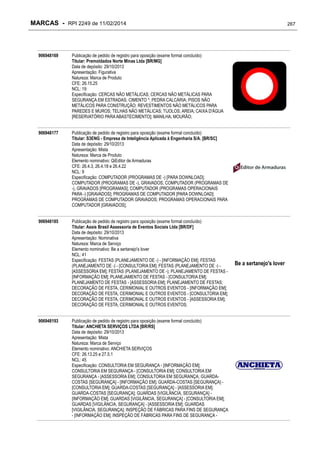 MARCAS - RPI 2249 de 11/02/2014

906948169

Publicação de pedido de registro para oposição (exame formal concluído)
Titular: Premoldados Norte Minas Ltda [BR/MG]
Data de depósito: 29/10/2013
Apresentação: Figurativa
Natureza: Marca de Produto
CFE: 26.15.25
NCL: 19
Especificação: CERCAS NÃO METÁLICAS; CERCAS NÃO METÁLICAS PARA
SEGURANÇA EM ESTRADAS; CIMENTO *; PEDRA CALCÁRIA; PISOS NÃO
METÁLICOS PARA CONSTRUÇÃO; REVESTIMENTOS NÃO METÁLICOS PARA
PAREDES E MUROS; TELHAS NÃO METÁLICAS; TIJOLOS; AREIA; CAIXA D'ÁGUA
[RESERVATÓRIO PARA ABASTECIMENTO]; MANILHA; MOURÃO;

906948177

Publicação de pedido de registro para oposição (exame formal concluído)
Titular: S3ENG - Empresa de Inteligência Aplicada à Engenharia S/A. [BR/SC]
Data de depósito: 29/10/2013
Apresentação: Mista
Natureza: Marca de Produto
Elemento nominativo: QiEditor de Armaduras
CFE: 26.4.3, 26.4.18 e 26.4.22
NCL: 9
Especificação: COMPUTADOR (PROGRAMAS DE -) [PARA DOWNLOAD];
COMPUTADOR (PROGRAMAS DE -), GRAVADOS; COMPUTADOR (PROGRAMAS DE
-), GRAVADOS [PROGRAMAS]; COMPUTADOR (PROGRAMAS OPERACIONAIS
PARA -) [GRAVADOS]; PROGRAMAS DE COMPUTADOR [PARA DOWNLOAD];
PROGRAMAS DE COMPUTADOR GRAVADOS; PROGRAMAS OPERACIONAIS PARA
COMPUTADOR [GRAVADOS];

906948185

Publicação de pedido de registro para oposição (exame formal concluído)
Titular: Assis Brasil Assessoria de Eventos Sociais Ltda [BR/DF]
Data de depósito: 29/10/2013
Apresentação: Nominativa
Natureza: Marca de Serviço
Elemento nominativo: Be a sertanejo's lover
NCL: 41
Especificação: FESTAS (PLANEJAMENTO DE -) - [INFORMAÇÃO EM]; FESTAS
(PLANEJAMENTO DE -) - [CONSULTORIA EM]; FESTAS (PLANEJAMENTO DE -) [ASSESSORIA EM]; FESTAS (PLANEJAMENTO DE -); PLANEJAMENTO DE FESTAS [INFORMAÇÃO EM]; PLANEJAMENTO DE FESTAS - [CONSULTORIA EM];
PLANEJAMENTO DE FESTAS - [ASSESSORIA EM]; PLANEJAMENTO DE FESTAS;
DECORAÇÃO DE FESTA, CERIMONIAL E OUTROS EVENTOS - [INFORMAÇÃO EM];
DECORAÇÃO DE FESTA, CERIMONIAL E OUTROS EVENTOS - [CONSULTORIA EM];
DECORAÇÃO DE FESTA, CERIMONIAL E OUTROS EVENTOS - [ASSESSORIA EM];
DECORAÇÃO DE FESTA, CERIMONIAL E OUTROS EVENTOS;

267

906948193

Publicação de pedido de registro para oposição (exame formal concluído)
Titular: ANCHIETA SERVIÇOS LTDA [BR/RS]
Data de depósito: 29/10/2013
Apresentação: Mista
Natureza: Marca de Serviço
Elemento nominativo: ANCHIETA SERVIÇOS
CFE: 26.13.25 e 27.5.1
NCL: 45
Especificação: CONSULTORIA EM SEGURANÇA - [INFORMAÇÃO EM];
CONSULTORIA EM SEGURANÇA - [CONSULTORIA EM]; CONSULTORIA EM
SEGURANÇA - [ASSESSORIA EM]; CONSULTORIA EM SEGURANÇA; GUARDACOSTAS [SEGURANÇA] - [INFORMAÇÃO EM]; GUARDA-COSTAS [SEGURANÇA] [CONSULTORIA EM]; GUARDA-COSTAS [SEGURANÇA] - [ASSESSORIA EM];
GUARDA-COSTAS [SEGURANÇA]; GUARDAS [VIGILÂNCIA, SEGURANÇA] [INFORMAÇÃO EM]; GUARDAS [VIGILÂNCIA, SEGURANÇA] - [CONSULTORIA EM];
GUARDAS [VIGILÂNCIA, SEGURANÇA] - [ASSESSORIA EM]; GUARDAS
[VIGILÂNCIA, SEGURANÇA]; INSPEÇÃO DE FÁBRICAS PARA FINS DE SEGURANÇA
- [INFORMAÇÃO EM]; INSPEÇÃO DE FÁBRICAS PARA FINS DE SEGURANÇA -

Be a sertanejo's lover

 