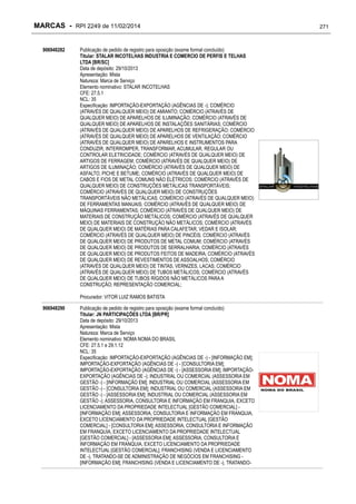MARCAS - RPI 2249 de 11/02/2014
906948282

Publicação de pedido de registro para oposição (exame formal concluído)
Titular: STALAR INCOTELHAS INDUSTRIA E COMERCIO DE PERFIS E TELHAS
LTDA [BR/SC]
Data de depósito: 29/10/2013
Apresentação: Mista
Natureza: Marca de Serviço
Elemento nominativo: STALAR INCOTELHAS
CFE: 27.5.1
NCL: 35
Especificação: IMPORTAÇÃO-EXPORTAÇÃO (AGÊNCIAS DE -); COMÉRCIO
(ATRAVÉS DE QUALQUER MEIO) DE AMIANTO; COMÉRCIO (ATRAVÉS DE
QUALQUER MEIO) DE APARELHOS DE ILUMINAÇÃO; COMÉRCIO (ATRAVÉS DE
QUALQUER MEIO) DE APARELHOS DE INSTALAÇÕES SANITÁRIAS; COMÉRCIO
(ATRAVÉS DE QUALQUER MEIO) DE APARELHOS DE REFRIGERAÇÃO; COMÉRCIO
(ATRAVÉS DE QUALQUER MEIO) DE APARELHOS DE VENTILAÇÃO; COMÉRCIO
(ATRAVÉS DE QUALQUER MEIO) DE APARELHOS E INSTRUMENTOS PARA
CONDUZIR, INTERROMPER, TRANSFORMAR, ACUMULAR, REGULAR OU
CONTROLAR ELETRICIDADE; COMÉRCIO (ATRAVÉS DE QUALQUER MEIO) DE
ARTIGOS DE FERRAGEM; COMÉRCIO (ATRAVÉS DE QUALQUER MEIO) DE
ARTIGOS DE ILUMINAÇÃO; COMÉRCIO (ATRAVÉS DE QUALQUER MEIO) DE
ASFALTO, PICHE E BETUME; COMÉRCIO (ATRAVÉS DE QUALQUER MEIO) DE
CABOS E FIOS DE METAL COMUNS NÃO ELÉTRICOS; COMÉRCIO (ATRAVÉS DE
QUALQUER MEIO) DE CONSTRUÇÕES METÁLICAS TRANSPORTÁVEIS;
COMÉRCIO (ATRAVÉS DE QUALQUER MEIO) DE CONSTRUÇÕES
TRANSPORTÁVEIS NÃO METÁLICAS; COMÉRCIO (ATRAVÉS DE QUALQUER MEIO)
DE FERRAMENTAS MANUAIS; COMÉRCIO (ATRAVÉS DE QUALQUER MEIO) DE
MÁQUINAS FERRAMENTAS; COMÉRCIO (ATRAVÉS DE QUALQUER MEIO) DE
MATERIAIS DE CONSTRUÇÃO METÁLICOS; COMÉRCIO (ATRAVÉS DE QUALQUER
MEIO) DE MATERIAIS DE CONSTRUÇÃO NÃO METÁLICOS; COMÉRCIO (ATRAVÉS
DE QUALQUER MEIO) DE MATÉRIAS PARA CALAFETAR, VEDAR E ISOLAR;
COMÉRCIO (ATRAVÉS DE QUALQUER MEIO) DE PINCÉIS; COMÉRCIO (ATRAVÉS
DE QUALQUER MEIO) DE PRODUTOS DE METAL COMUM; COMÉRCIO (ATRAVÉS
DE QUALQUER MEIO) DE PRODUTOS DE SERRALHARIA; COMÉRCIO (ATRAVÉS
DE QUALQUER MEIO) DE PRODUTOS FEITOS DE MADEIRA; COMÉRCIO (ATRAVÉS
DE QUALQUER MEIO) DE REVESTIMENTOS DE ASSOALHOS; COMÉRCIO
(ATRAVÉS DE QUALQUER MEIO) DE TINTAS, VERNIZES, LACAS; COMÉRCIO
(ATRAVÉS DE QUALQUER MEIO) DE TUBOS METÁLICOS; COMÉRCIO (ATRAVÉS
DE QUALQUER MEIO) DE TUBOS RÍGIDOS NÃO METÁLICOS PARA A
CONSTRUÇÃO; REPRESENTAÇÃO COMERCIAL;
Procurador: VITOR LUIZ RAMOS BATISTA

906948290

Publicação de pedido de registro para oposição (exame formal concluído)
Titular: JN PARTICIPAÇÕES LTDA [BR/PR]
Data de depósito: 29/10/2013
Apresentação: Mista
Natureza: Marca de Serviço
Elemento nominativo: NOMA NOMA DO BRASIL
CFE: 27.5.1 e 29.1.12
NCL: 35
Especificação: IMPORTAÇÃO-EXPORTAÇÃO (AGÊNCIAS DE -) - [INFORMAÇÃO EM];
IMPORTAÇÃO-EXPORTAÇÃO (AGÊNCIAS DE -) - [CONSULTORIA EM];
IMPORTAÇÃO-EXPORTAÇÃO (AGÊNCIAS DE -) - [ASSESSORIA EM]; IMPORTAÇÃOEXPORTAÇÃO (AGÊNCIAS DE -); INDUSTRIAL OU COMERCIAL (ASSESSORIA EM
GESTÃO -) - [INFORMAÇÃO EM]; INDUSTRIAL OU COMERCIAL (ASSESSORIA EM
GESTÃO -) - [CONSULTORIA EM]; INDUSTRIAL OU COMERCIAL (ASSESSORIA EM
GESTÃO -) - [ASSESSORIA EM]; INDUSTRIAL OU COMERCIAL (ASSESSORIA EM
GESTÃO -); ASSESSORIA, CONSULTORIA E INFORMAÇÃO EM FRANQUIA, EXCETO
LICENCIAMENTO DA PROPRIEDADE INTELECTUAL [GESTÃO COMERCIAL] [INFORMAÇÃO EM]; ASSESSORIA, CONSULTORIA E INFORMAÇÃO EM FRANQUIA,
EXCETO LICENCIAMENTO DA PROPRIEDADE INTELECTUAL [GESTÃO
COMERCIAL] - [CONSULTORIA EM]; ASSESSORIA, CONSULTORIA E INFORMAÇÃO
EM FRANQUIA, EXCETO LICENCIAMENTO DA PROPRIEDADE INTELECTUAL
[GESTÃO COMERCIAL] - [ASSESSORIA EM]; ASSESSORIA, CONSULTORIA E
INFORMAÇÃO EM FRANQUIA, EXCETO LICENCIAMENTO DA PROPRIEDADE
INTELECTUAL [GESTÃO COMERCIAL]; FRANCHISING (VENDA E LICENCIAMENTO
DE -), TRATANDO-SE DE ADMINISTRAÇÃO DE NEGÓCIOS EM FRANCHISING [INFORMAÇÃO EM]; FRANCHISING (VENDA E LICENCIAMENTO DE -), TRATANDO-

271

 
