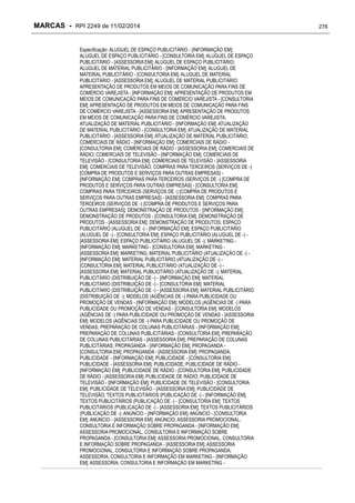 MARCAS - RPI 2249 de 11/02/2014
Especificação: ALUGUEL DE ESPAÇO PUBLICITÁRIO - [INFORMAÇÃO EM];
ALUGUEL DE ESPAÇO PUBLICITÁRIO - [CONSULTORIA EM]; ALUGUEL DE ESPAÇO
PUBLICITÁRIO - [ASSESSORIA EM]; ALUGUEL DE ESPAÇO PUBLICITÁRIO;
ALUGUEL DE MATERIAL PUBLICITÁRIO - [INFORMAÇÃO EM]; ALUGUEL DE
MATERIAL PUBLICITÁRIO - [CONSULTORIA EM]; ALUGUEL DE MATERIAL
PUBLICITÁRIO - [ASSESSORIA EM]; ALUGUEL DE MATERIAL PUBLICITÁRIO;
APRESENTAÇÃO DE PRODUTOS EM MEIOS DE COMUNICAÇÃO PARA FINS DE
COMÉRCIO VAREJISTA - [INFORMAÇÃO EM]; APRESENTAÇÃO DE PRODUTOS EM
MEIOS DE COMUNICAÇÃO PARA FINS DE COMÉRCIO VAREJISTA - [CONSULTORIA
EM]; APRESENTAÇÃO DE PRODUTOS EM MEIOS DE COMUNICAÇÃO PARA FINS
DE COMÉRCIO VAREJISTA - [ASSESSORIA EM]; APRESENTAÇÃO DE PRODUTOS
EM MEIOS DE COMUNICAÇÃO PARA FINS DE COMÉRCIO VAREJISTA;
ATUALIZAÇÃO DE MATERIAL PUBLICITÁRIO - [INFORMAÇÃO EM]; ATUALIZAÇÃO
DE MATERIAL PUBLICITÁRIO - [CONSULTORIA EM]; ATUALIZAÇÃO DE MATERIAL
PUBLICITÁRIO - [ASSESSORIA EM]; ATUALIZAÇÃO DE MATERIAL PUBLICITÁRIO;
COMERCIAIS DE RÁDIO - [INFORMAÇÃO EM]; COMERCIAIS DE RÁDIO [CONSULTORIA EM]; COMERCIAIS DE RÁDIO - [ASSESSORIA EM]; COMERCIAIS DE
RÁDIO; COMERCIAIS DE TELEVISÃO - [INFORMAÇÃO EM]; COMERCIAIS DE
TELEVISÃO - [CONSULTORIA EM]; COMERCIAIS DE TELEVISÃO - [ASSESSORIA
EM]; COMERCIAIS DE TELEVISÃO; COMPRAS PARA TERCEIROS (SERVIÇOS DE -)
[COMPRA DE PRODUTOS E SERVIÇOS PARA OUTRAS EMPRESAS] [INFORMAÇÃO EM]; COMPRAS PARA TERCEIROS (SERVIÇOS DE -) [COMPRA DE
PRODUTOS E SERVIÇOS PARA OUTRAS EMPRESAS] - [CONSULTORIA EM];
COMPRAS PARA TERCEIROS (SERVIÇOS DE -) [COMPRA DE PRODUTOS E
SERVIÇOS PARA OUTRAS EMPRESAS] - [ASSESSORIA EM]; COMPRAS PARA
TERCEIROS (SERVIÇOS DE -) [COMPRA DE PRODUTOS E SERVIÇOS PARA
OUTRAS EMPRESAS]; DEMONSTRAÇÃO DE PRODUTOS - [INFORMAÇÃO EM];
DEMONSTRAÇÃO DE PRODUTOS - [CONSULTORIA EM]; DEMONSTRAÇÃO DE
PRODUTOS - [ASSESSORIA EM]; DEMONSTRAÇÃO DE PRODUTOS; ESPAÇO
PUBLICITÁRIO (ALUGUEL DE -) - [INFORMAÇÃO EM]; ESPAÇO PUBLICITÁRIO
(ALUGUEL DE -) - [CONSULTORIA EM]; ESPAÇO PUBLICITÁRIO (ALUGUEL DE -) [ASSESSORIA EM]; ESPAÇO PUBLICITÁRIO (ALUGUEL DE -); MARKETING [INFORMAÇÃO EM]; MARKETING - [CONSULTORIA EM]; MARKETING [ASSESSORIA EM]; MARKETING; MATERIAL PUBLICITÁRIO (ATUALIZAÇÃO DE -) [INFORMAÇÃO EM]; MATERIAL PUBLICITÁRIO (ATUALIZAÇÃO DE -) [CONSULTORIA EM]; MATERIAL PUBLICITÁRIO (ATUALIZAÇÃO DE -) [ASSESSORIA EM]; MATERIAL PUBLICITÁRIO (ATUALIZAÇÃO DE -); MATERIAL
PUBLICITÁRIO (DISTRIBUIÇÃO DE -) - [INFORMAÇÃO EM]; MATERIAL
PUBLICITÁRIO (DISTRIBUIÇÃO DE -) - [CONSULTORIA EM]; MATERIAL
PUBLICITÁRIO (DISTRIBUIÇÃO DE -) - [ASSESSORIA EM]; MATERIAL PUBLICITÁRIO
(DISTRIBUIÇÃO DE -); MODELOS (AGÊNCIAS DE -) PARA PUBLICIDADE OU
PROMOÇÃO DE VENDAS - [INFORMAÇÃO EM]; MODELOS (AGÊNCIAS DE -) PARA
PUBLICIDADE OU PROMOÇÃO DE VENDAS - [CONSULTORIA EM]; MODELOS
(AGÊNCIAS DE -) PARA PUBLICIDADE OU PROMOÇÃO DE VENDAS - [ASSESSORIA
EM]; MODELOS (AGÊNCIAS DE -) PARA PUBLICIDADE OU PROMOÇÃO DE
VENDAS; PREPARAÇÃO DE COLUNAS PUBLICITÁRIAS - [INFORMAÇÃO EM];
PREPARAÇÃO DE COLUNAS PUBLICITÁRIAS - [CONSULTORIA EM]; PREPARAÇÃO
DE COLUNAS PUBLICITÁRIAS - [ASSESSORIA EM]; PREPARAÇÃO DE COLUNAS
PUBLICITÁRIAS; PROPAGANDA - [INFORMAÇÃO EM]; PROPAGANDA [CONSULTORIA EM]; PROPAGANDA - [ASSESSORIA EM]; PROPAGANDA;
PUBLICIDADE - [INFORMAÇÃO EM]; PUBLICIDADE - [CONSULTORIA EM];
PUBLICIDADE - [ASSESSORIA EM]; PUBLICIDADE; PUBLICIDADE DE RÁDIO [INFORMAÇÃO EM]; PUBLICIDADE DE RÁDIO - [CONSULTORIA EM]; PUBLICIDADE
DE RÁDIO - [ASSESSORIA EM]; PUBLICIDADE DE RÁDIO; PUBLICIDADE DE
TELEVISÃO - [INFORMAÇÃO EM]; PUBLICIDADE DE TELEVISÃO - [CONSULTORIA
EM]; PUBLICIDADE DE TELEVISÃO - [ASSESSORIA EM]; PUBLICIDADE DE
TELEVISÃO; TEXTOS PUBLICITÁRIOS (PUBLICAÇÃO DE -) - [INFORMAÇÃO EM];
TEXTOS PUBLICITÁRIOS (PUBLICAÇÃO DE -) - [CONSULTORIA EM]; TEXTOS
PUBLICITÁRIOS (PUBLICAÇÃO DE -) - [ASSESSORIA EM]; TEXTOS PUBLICITÁRIOS
(PUBLICAÇÃO DE -); ANÚNCIO - [INFORMAÇÃO EM]; ANÚNCIO - [CONSULTORIA
EM]; ANÚNCIO - [ASSESSORIA EM]; ANÚNCIO; ASSESSORIA PROMOCIONAL,
CONSULTORIA E INFORMAÇÃO SOBRE PROPAGANDA - [INFORMAÇÃO EM];
ASSESSORIA PROMOCIONAL, CONSULTORIA E INFORMAÇÃO SOBRE
PROPAGANDA - [CONSULTORIA EM]; ASSESSORIA PROMOCIONAL, CONSULTORIA
E INFORMAÇÃO SOBRE PROPAGANDA - [ASSESSORIA EM]; ASSESSORIA
PROMOCIONAL, CONSULTORIA E INFORMAÇÃO SOBRE PROPAGANDA;
ASSESSORIA, CONSULTORIA E INFORMAÇÃO EM MARKETING - [INFORMAÇÃO
EM]; ASSESSORIA, CONSULTORIA E INFORMAÇÃO EM MARKETING -

276

 