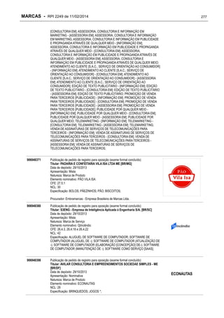MARCAS - RPI 2249 de 11/02/2014

277

[CONSULTORIA EM]; ASSESSORIA, CONSULTORIA E INFORMAÇÃO EM
MARKETING - [ASSESSORIA EM]; ASSESSORIA, CONSULTORIA E INFORMAÇÃO
EM MARKETING; ASSESSORIA, CONSULTORIA E INFORMAÇÃO EM PUBLICIDADE
E PROPAGANDA ATRAVÉS DE QUALQUER MEIO - [INFORMAÇÃO EM];
ASSESSORIA, CONSULTORIA E INFORMAÇÃO EM PUBLICIDADE E PROPAGANDA
ATRAVÉS DE QUALQUER MEIO - [CONSULTORIA EM]; ASSESSORIA,
CONSULTORIA E INFORMAÇÃO EM PUBLICIDADE E PROPAGANDA ATRAVÉS DE
QUALQUER MEIO - [ASSESSORIA EM]; ASSESSORIA, CONSULTORIA E
INFORMAÇÃO EM PUBLICIDADE E PROPAGANDA ATRAVÉS DE QUALQUER MEIO;
ATENDIMENTO AO CLIENTE [S.A.C.; SERVIÇO DE ORIENTAÇÃO AO CONSUMIDOR]
- [INFORMAÇÃO EM]; ATENDIMENTO AO CLIENTE [S.A.C.; SERVIÇO DE
ORIENTAÇÃO AO CONSUMIDOR] - [CONSULTORIA EM]; ATENDIMENTO AO
CLIENTE [S.A.C.; SERVIÇO DE ORIENTAÇÃO AO CONSUMIDOR] - [ASSESSORIA
EM]; ATENDIMENTO AO CLIENTE [S.A.C.; SERVIÇO DE ORIENTAÇÃO AO
CONSUMIDOR]; EDIÇÃO DE TEXTO PUBLICITÁRIO - [INFORMAÇÃO EM]; EDIÇÃO
DE TEXTO PUBLICITÁRIO - [CONSULTORIA EM]; EDIÇÃO DE TEXTO PUBLICITÁRIO
- [ASSESSORIA EM]; EDIÇÃO DE TEXTO PUBLICITÁRIO; PROMOÇÃO DE VENDA
PARA TERCEIROS [PUBLICIDADE] - [INFORMAÇÃO EM]; PROMOÇÃO DE VENDA
PARA TERCEIROS [PUBLICIDADE] - [CONSULTORIA EM]; PROMOÇÃO DE VENDA
PARA TERCEIROS [PUBLICIDADE] - [ASSESSORIA EM]; PROMOÇÃO DE VENDA
PARA TERCEIROS [PUBLICIDADE]; PUBLICIDADE POR QUALQUER MEIO [INFORMAÇÃO EM]; PUBLICIDADE POR QUALQUER MEIO - [CONSULTORIA EM];
PUBLICIDADE POR QUALQUER MEIO - [ASSESSORIA EM]; PUBLICIDADE POR
QUALQUER MEIO; TELEMARKETING - [INFORMAÇÃO EM]; TELEMARKETING [CONSULTORIA EM]; TELEMARKETING - [ASSESSORIA EM]; TELEMARKETING;
VENDA DE ASSINATURAS DE SERVIÇOS DE TELECOMUNICAÇÕES PARA
TERCEIROS - [INFORMAÇÃO EM]; VENDA DE ASSINATURAS DE SERVIÇOS DE
TELECOMUNICAÇÕES PARA TERCEIROS - [CONSULTORIA EM]; VENDA DE
ASSINATURAS DE SERVIÇOS DE TELECOMUNICAÇÕES PARA TERCEIROS [ASSESSORIA EM]; VENDA DE ASSINATURAS DE SERVIÇOS DE
TELECOMUNICAÇÕES PARA TERCEIROS;
906948371

Publicação de pedido de registro para oposição (exame formal concluído)
Titular: PADARIA E CONFEITARIA VILA ISA LTDA ME [BR/MG]
Data de depósito: 29/10/2013
Apresentação: Mista
Natureza: Marca de Produto
Elemento nominativo: PÃO VILA ISA
CFE: 27.5.1
NCL: 30
Especificação: BOLOS; PÃEZINHOS; PÃO; BISCOITOS;
Procurador: Embramarcas - Empresa Brasileira de Marcas Ltda.

906948380

Publicação de pedido de registro para oposição (exame formal concluído)
Titular: S3ENG - Empresa de Inteligência Aplicada à Engenharia S/A. [BR/SC]
Data de depósito: 29/10/2013
Apresentação: Mista
Natureza: Marca de Serviço
Elemento nominativo: QiIncêndio
CFE: 26.4.3, 26.4.18 e 26.4.22
NCL: 42
Especificação: ALUGUEL DE SOFTWARE DE COMPUTADOR; SOFTWARE DE
COMPUTADOR (ALUGUEL DE -); SOFTWARE DE COMPUTADOR (ATUALIZAÇÃO DE
-); SOFTWARE DE COMPUTADOR (ELABORAÇÃO [CONCEPÇÃO] DE-); SOFTWARE
DE COMPUTADOR (MANUTENÇÃO DE -); SOFTWARE COMO SERVIÇO [SAAS];

906948398

Publicação de pedido de registro para oposição (exame formal concluído)
Titular: AVILAR CONSULTORIA E EMPREENDIMENTOS SOCIEDAE SIMPLES - ME
[BR/DF]
Data de depósito: 29/10/2013
Apresentação: Nominativa
Natureza: Marca de Produto
Elemento nominativo: ECONAUTAS
NCL: 28
Especificação: BRINQUEDOS; JOGOS *;

ECONAUTAS

 